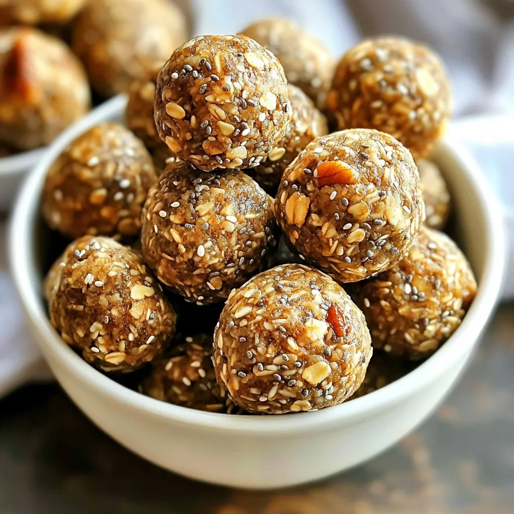 - 1 cup rolled oats - 1/2 cup almond butter (or alternative nut butter) - 1/4 cup honey or maple syrup - 1 tsp ground ginger - 1 tsp ground cinnamon - 1/4 tsp ground nutmeg - 1/4 tsp allspice - 1/4 tsp salt - 1/2 cup finely chopped dates or raisins - 1/4 cup crushed pecans or walnuts - 2 tbsp chia seeds - Optional: 2 tbsp unsweetened cocoa powder These ingredients come together to make a healthy and tasty snack. I love using rolled oats as a base. They add fiber and energy. Almond butter is my favorite nut butter, but you can use any kind. Honey or maple syrup gives a nice sweetness. The spices make these balls taste like gingerbread, which is so festive! The dates or raisins add sweetness and chewiness. Nuts bring a nice crunch. Chia seeds pack in extra nutrition. If you want a chocolate twist, add cocoa powder. This mix is nutritious and fun to eat. You’ll enjoy these energy balls as a snack or treat. {{ingredient_image_1}} First, grab a large mixing bowl. Add 1 cup of rolled oats. Next, scoop in 1/2 cup of almond butter. You can use any nut butter you like. Then, pour in 1/4 cup of honey or maple syrup. Mix these ingredients well. You want a sticky and thick mixture. Now it's time to spice things up! Add 1 teaspoon of ground ginger. Next, sprinkle in 1 teaspoon of ground cinnamon. Then, add 1/4 teaspoon of ground nutmeg and 1/4 teaspoon of allspice. Don't forget a pinch of salt! Stir everything until the spices blend in nicely. Next, fold in your add-ins. Use 1/2 cup of finely chopped dates or raisins. You can also add 1/4 cup of crushed nuts like pecans or walnuts. Then, toss in 2 tablespoons of chia seeds and 2 tablespoons of cocoa powder if you want a chocolatey twist. Mix well until all ingredients come together. Now, roll the mixture into small balls. Aim for about 1 inch in diameter. If your hands get sticky, wet them slightly to help. Place the energy balls on a baking sheet lined with parchment paper. Once they are all rolled, put them in the fridge for 30 minutes. This helps them firm up and hold their shape. After chilling, store them in an airtight container. Enjoy your tasty, healthy snack! To avoid stickiness when rolling your energy balls, wet your hands lightly. This simple trick keeps the mixture from sticking to your fingers. You can also chill the mixture for a bit before rolling. A cooler mix is less sticky and easier to shape. These gingerbread energy balls are great on their own, but they pair well with many snacks. Try serving them with fresh fruit, like apple slices or banana. A side of yogurt can add creaminess. You can also enjoy them with a glass of almond milk or your favorite tea for a cozy treat. Get the kids involved in making these energy balls! Let them help mix the ingredients. They can also shape the balls into fun forms. For a twist, let them pick their favorite add-ins, like chocolate chips or coconut flakes. This makes cooking fun and gets them excited about healthy snacks! Pro Tips Storage Solution: For optimal freshness, store the energy balls in an airtight container in the fridge. They can last up to a week! Nut Butter Swap: Feel free to substitute almond butter with peanut butter, cashew butter, or sunflower seed butter for a different flavor profile. Sweetness Control: Adjust the sweetness by varying the amount of honey or maple syrup to suit your taste preference. Boosting Nutrition: You can add protein powder or flaxseed for an extra nutritional boost, making these energy balls even more beneficial. {{image_2}} You can swap honey or maple syrup with other sweeteners. Agave syrup gives a light taste. Coconut sugar adds a nice caramel flavor. You can also try brown rice syrup for a different twist. Each sweetener brings its own fun taste to the energy balls. If you need a nut-free snack, use sunflower seed butter instead of nut butter. It has a great texture and taste. You can also use soy nut butter for a similar option. These swaps keep your energy balls delicious while catering to allergies. Want to mix it up? Try adding chocolate chips for a sweet touch. Unsweetened coconut flakes can give a tropical vibe. Dried fruits like cranberries or apricots add chewiness and extra flavor. These fun additions make your energy balls even more exciting and tasty! To keep your Gingerbread Energy Balls fresh, store them in the fridge. Place them in an airtight container. This prevents them from drying out. They will stay good for about one week. If you want to eat them later, make sure to check for any signs of spoilage. Freezing is a great way to extend the life of your energy balls. To freeze them, place the balls on a baking sheet. Make sure they don’t touch each other. Freeze them for about one hour. Once they are firm, transfer them into a freezer-safe bag or container. When you want to eat them, thaw them in the fridge overnight. You can also leave them out for a couple of hours. The shelf life of these energy balls varies by storage method. In the fridge, they last up to seven days. In the freezer, they can last for about three months. This gives you plenty of time to enjoy these tasty snacks. Just remember to label your containers with the date. This way, you know how long they have been stored. Yes, you can make these energy balls vegan. To do this, simply swap honey for maple syrup. This keeps the sweet flavor but makes it plant-based. You can also use any nut butter you like, such as cashew or sunflower butter. Both work well in this recipe. Gingerbread energy balls are quite nutritious. Here are some benefits: - Fiber: Rolled oats and dried fruits add fiber. This helps with digestion. - Healthy Fats: Nut butters and seeds provide healthy fats. They give energy and keep you full. - Antioxidants: Spices like ginger, cinnamon, and nutmeg have antioxidants. These help fight inflammation and boost health. To make more energy balls, simply scale up the ingredients. For example, if you want to make 24 balls, double all ingredients. This way, you keep the same great taste and texture. Just remember to mix well and keep an eye on the rolling size! In this post, we explored how to make delicious gingerbread energy balls. We listed all the key ingredients and shared clear steps for mixing, shaping, and chilling. I provided tips for rolling, pairing, and even making these treats kid-friendly. You learned about variations, storage tips, and common questions. Now, you can create your own fun snacks. Enjoy being creative in the kitchen with these simple recipes. They taste great and are good for you!
