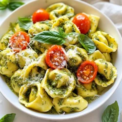 To make creamy pesto tortellini, gather these ingredients: - 12 oz cheese tortellini (fresh or frozen) - 1 cup heavy cream - 1/2 cup homemade or store-bought pesto - 1/2 cup grated Parmesan cheese - 1 cup cherry tomatoes, halved - 2 cups fresh spinach, roughly chopped - 2 tablespoons olive oil - 2 cloves garlic, minced - Salt and pepper to taste - Pinch of red pepper flakes (optional) - Fresh basil leaves for garnish If you need to make swaps, here are some ideas: - Use half-and-half instead of heavy cream for less fat. - Swap Parmesan with Pecorino Romano for a bolder taste. - Try spinach with kale for a different green flavor. - Use store-bought tortellini if you don’t have time to make your own. You can boost the flavor with these add-ins: - Add cooked chicken or shrimp for protein. - Toss in sun-dried tomatoes for a tangy touch. - Sprinkle in pine nuts for a crunchy texture. - Mix in artichoke hearts for an extra burst of flavor. These choices let you customize the dish to your taste. Enjoy making your creamy pesto tortellini! {{ingredient_image_1}} To cook the tortellini, start by boiling salted water in a large pot. Once the water bubbles, add 12 oz of cheese tortellini. Follow the package instructions until the tortellini is al dente. This usually takes about 3 to 5 minutes. After cooking, drain the tortellini in a colander. Save 1/2 cup of pasta water for later. This water helps adjust the sauce's thickness. Next, grab a large skillet and heat 2 tablespoons of olive oil over medium heat. Add 2 minced garlic cloves to the pan. Sauté the garlic for about 1 minute. Watch closely to prevent burning. Once fragrant, pour in 1 cup of heavy cream. Stir the cream and let it simmer for 2 to 3 minutes. The cream will thicken a bit. Then, mix in 1/2 cup of pesto and 1/2 cup of grated Parmesan cheese. Stir until the cheese melts into the sauce. If the sauce feels too thick, add a little reserved pasta water. This helps create a smooth, creamy texture. Now it’s time to bring everything together. Add 1 cup of halved cherry tomatoes and 2 cups of roughly chopped fresh spinach to the sauce. Cook for another 2 to 3 minutes. This wilts the spinach and softens the tomatoes. Then, gently toss in the cooked tortellini. Make sure every piece is well coated with the creamy pesto sauce. Season with salt, pepper, and a pinch of red pepper flakes if you like some heat. Remove from heat and let it rest for a minute. Serve hot, garnished with fresh basil leaves for a lovely touch. To cook tortellini well, always use a large pot. Fill it with water and add salt. Bring the water to a full boil before adding the tortellini. This helps keep the pasta from sticking. Follow the package instructions for the cooking time. Usually, it takes about 3-5 minutes. Test a piece to make sure it’s al dente, or firm to the bite. Once done, drain the tortellini but keep some pasta water. This water helps to thicken your sauce later. To get a creamy texture, heat the heavy cream slowly. Stir it often so it doesn’t burn. After adding the garlic, let it bubble for 2-3 minutes. This lets it thicken up nicely. When you mix in the pesto and Parmesan, keep stirring. If the sauce gets too thick, add a bit of the reserved pasta water. This will help reach that creamy consistency you want. Feel free to adjust the recipe to suit your taste. For a lighter option, use half-and-half instead of heavy cream. You can also swap out the Parmesan for a dairy-free cheese if needed. If you like heat, add more red pepper flakes. For extra flavor, throw in sautéed mushrooms or bell peppers. Don’t forget to mix in your favorite vegetables, like zucchini or asparagus, for added nutrition. Pro Tips Use Fresh Pasta: Fresh tortellini cooks faster and has a superior texture compared to frozen. If available, opt for fresh for the best results. Customize Your Pesto: Experiment with different types of nuts or cheeses in your pesto for a unique flavor. Try walnuts or pecorino for a twist! Perfecting the Sauce: If the sauce becomes too thick, gradually add reserved pasta water to achieve your desired creaminess without compromising flavor. Garnish for Flavor: Fresh basil not only enhances presentation but also adds a burst of flavor. Don’t skip this step for a restaurant-quality finish! {{image_2}} If you want a vegetarian option, skip the meat. You can add more veggies to make it hearty. Try bell peppers, zucchini, or mushrooms. Roasted vegetables add a nice touch too. You could even mix in some artichoke hearts for a unique taste. For extra protein, chicken or shrimp works great. Cook the chicken until golden and tender. Add it to the creamy sauce. For shrimp, sauté them in the skillet for a few minutes. Just make sure they turn pink and are cooked all the way through. This will give your dish a tasty boost. You can change up the flavor by using different pestos. Try sun-dried tomato pesto for a rich taste. If you like nuts, walnut or almond pesto adds a nice crunch. Each type of pesto creates a unique twist on the classic creamy pesto tortellini. Mix and match to find your favorite! To store leftovers, place the creamy pesto tortellini in an airtight container. Make sure it cools first. Store it in the fridge for up to three days. This keeps it fresh and tasty. If you want to keep it longer, consider freezing it. When reheating, use a skillet for best results. Add a splash of cream or water to keep it moist. Heat over medium until warm, stirring often. You can also use the microwave. Heat in short bursts, stirring in between. This helps avoid hot spots. Freezing is a great option for this dish. To freeze, let it cool completely. Then, place it in a freezer-safe container. It can last up to three months in the freezer. When ready to eat, thaw it overnight in the fridge. Reheat as described above for the best taste. To make homemade pesto, you need fresh basil, garlic, pine nuts, Parmesan cheese, and olive oil. Start by adding 2 cups of fresh basil leaves to a food processor. Next, add 2 cloves of garlic, 1/4 cup of pine nuts, and 1/2 cup of grated Parmesan. Pulse these ingredients until they are finely chopped. Slowly pour in 1/2 cup of olive oil while the processor runs. Blend until smooth. Add salt and pepper to taste. This pesto is fresh and full of flavor. Yes, you can use gluten-free tortellini. Many brands now offer gluten-free options made from rice or corn. Just make sure to check the packaging for cooking instructions. Gluten-free tortellini may have a slightly different texture, but it will still taste great with the creamy pesto sauce. Creamy pesto tortellini pairs well with light side dishes. Here are some options: - Garlic bread: A classic choice that adds crunch and flavor. - Mixed green salad: Use arugula, spinach, and a light vinaigrette. - Roasted vegetables: Try zucchini, bell peppers, or asparagus for a healthy touch. - Caprese salad: Fresh tomatoes, mozzarella, and basil complement the dish well. These sides balance the richness of the tortellini and enhance your meal. This blog post covered how to make creamy pesto tortellini. We looked at key ingredients, substitutions, and flavor add-ins. I shared step-by-step cooking instructions and tips for the best texture. We explored variations, including vegetarian and protein options. You learned how to store leftovers safely and answered common questions. In the end, creamy pesto tortellini is versatile and easy to customize. Enjoy experimenting with it in your kitchen!