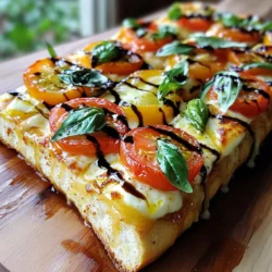 - 1 loaf of ciabatta or French bread - 4 cloves garlic, minced - 1/4 cup unsalted butter, softened - 1 cup cherry tomatoes, halved - 8 oz fresh mozzarella, sliced - Fresh basil leaves, torn - 2 tablespoons balsamic glaze - Salt and pepper to taste To make Caprese Garlic Bread, you need fresh, simple ingredients. The bread serves as the base. Ciabatta or French bread gives a nice crunch. Garlic adds a strong flavor that pairs well with cheese and tomatoes. You will use four cloves of garlic, minced finely. This ensures the garlic spreads well when mixed with butter. I recommend using unsalted butter to control the saltiness in your dish. Softened butter blends easily with the garlic. Cherry tomatoes are next. They are sweet and juicy, making them perfect for layering. Halving them helps release their flavor as they cook. Fresh mozzarella adds creaminess. Eight ounces of sliced mozzarella will melt beautifully on the bread. Don't forget the fresh basil leaves! They add a bright, herbal taste. Torn basil leaves release more flavor than whole ones. Finally, balsamic glaze adds a tangy finish. It brings all the flavors together in a delightful way. Add salt and pepper to taste. These simple seasonings enhance the dish without overpowering it. With these ingredients, you will create a fresh and flavorful delight that everyone will love. {{ingredient_image_1}} 1. Preheat the oven: Set your oven to 375°F (190°C). This helps bake the bread to a perfect crisp. 2. Mix garlic butter: In a bowl, blend 1/4 cup of softened butter with 4 minced garlic cloves. Make sure it is well mixed. This garlic butter is the key to great flavor. 1. Spread garlic butter on bread: Take your loaf of ciabatta or French bread. Slice it in half lengthwise. Use a spatula to spread the garlic butter evenly on both halves. This will add a rich taste. 2. Bake until golden and crispy: Place the bread on a baking sheet. Bake it in the oven for about 10 to 12 minutes. Look for a golden and crispy top. This gives a nice crunch. 1. Prepare tomato and basil mixture: While the bread bakes, take 1 cup of halved cherry tomatoes. In a bowl, mix them with a pinch of salt and pepper. Add torn fresh basil leaves. Toss gently to combine. This mixture adds freshness. 2. Layer mozzarella and toppings: Once the bread is ready, remove it from the oven. Layer 8 ounces of sliced fresh mozzarella over the garlic bread. Then, add the tomato and basil mixture. Spread it evenly across the cheese. 3. Final bake and drizzle: Return the bread to the oven. Bake for an additional 5 to 7 minutes. The cheese should melt and get bubbly. Once done, drizzle 2 tablespoons of balsamic glaze over the top. This adds a sweet and tangy finish. Now your Caprese Garlic Bread is ready to slice and enjoy warm! To make your Caprese Garlic Bread even better, try adding extra seasonings. A sprinkle of Italian herbs like oregano or thyme can boost the taste. You can also add a pinch of red pepper flakes for some heat. If you want a different cheese, use burrata or goat cheese instead of mozzarella. Both can add unique flavors and textures to your dish. To get that perfect crispiness, make sure your oven is fully preheated. Bake the bread until it is golden brown. This step helps create a nice crunch. For even cheese melting, slice your mozzarella thin. This helps it melt quickly and evenly. Keep an eye on the bread while it bakes to prevent burning. Caprese Garlic Bread pairs well with a fresh salad or a light soup. A simple arugula salad with lemon dressing complements the flavors nicely. For casual gatherings, serve the bread as an appetizer. If you have a fancy dinner, cut it into smaller pieces for a more elegant touch. Pro Tips Use Fresh Ingredients: For the best flavor, use fresh mozzarella and ripe cherry tomatoes. The quality of ingredients greatly enhances the dish. Customize Your Toppings: Feel free to experiment with additional toppings like olives, arugula, or even a sprinkle of chili flakes for added heat. Perfectly Crispy Bread: To achieve an extra crispy texture, broil the bread for the last minute of baking, but watch closely to prevent burning. Make Ahead: You can prepare the garlic butter and tomato mixture ahead of time and store them in the fridge. Assemble and bake just before serving for a quick appetizer. {{image_2}} If you want a gluten-free option, try using gluten-free bread. Many brands offer tasty gluten-free ciabatta or French bread. You can also choose whole wheat bread for a healthier twist. It adds fiber and nutrition while still tasting great. For tomatoes, cherry tomatoes shine in this recipe, but you can swap them out. Try using heirloom tomatoes for a burst of color and flavor. You can also use sliced Roma tomatoes. Each type brings its own taste to the dish. To add more flavor, mix in some pesto. Spread a thin layer on the garlic butter before baking. This will give your Caprese Garlic Bread a fresh herb taste. You can also toss in some olives for a briny kick. Black olives or green olives work well. If you like a little heat, add red pepper flakes. Just a pinch can make your garlic bread spicy and exciting. Mix them with the garlic butter for a full-flavored experience. You’ll love the warmth they bring to each bite. To keep Caprese Garlic Bread fresh, wrap it tightly in foil or plastic wrap. This helps lock in moisture and flavor. Store it in the fridge for up to three days. If you want to keep it longer, consider freezing. For reheating, preheat your oven to 350°F (175°C). Place the bread on a baking sheet. Heat it for about 10 minutes. This will help restore its crispy texture. Avoid using a microwave, as it can make the bread soggy. You can freeze Caprese Garlic Bread before or after baking. If freezing before baking, prepare the bread and toppings as usual. Wrap each piece tightly in plastic wrap, then place them in a freezer bag. This will keep them safe from freezer burn. Use within three months for the best taste. If you freeze it after baking, let it cool first. Wrap it as you would for the raw version. When ready to eat, thaw the bread in the fridge overnight. Preheat your oven to 375°F (190°C) and bake for about 10-12 minutes. This step helps revive the flavors and textures. Can I make Caprese Garlic Bread ahead of time? Yes, you can prepare this bread in advance. Make the garlic butter and slice the bread. You can store these in the fridge for up to one day. When you're ready, just spread the butter and bake. This saves time and keeps the flavors fresh. What is the best bread to use for this recipe? I recommend using ciabatta or French bread. Both have a great texture. They hold toppings well and get nice and crispy. You can also try sourdough for a different flavor. Is this recipe vegetarian or vegan-friendly? This recipe is vegetarian but not vegan. It contains butter and mozzarella cheese. For a vegan option, you can use plant-based butter and vegan cheese. This will keep the flavors but fit a vegan diet. How to modify for lactose intolerance To make this recipe lactose-free, use lactose-free butter and cheese. There are many lactose-free cheeses on the market today. Look for ones that melt well to keep the dish tasty. Can I use dried herbs instead of fresh ones? Yes, you can use dried herbs if you don't have fresh ones. Just use less, as dried herbs are stronger. About one-third the amount of fresh herbs works well. What should I do if my garlic bread is soggy? If your garlic bread is soggy, it could be due to too much moisture. Bake it a bit longer to help it crisp up. You can also let it cool for a few minutes before adding toppings. This helps keep it from getting soggy. In this post, we explored how to make Caprese Garlic Bread. We covered the ingredients you need, step-by-step instructions, and baking tips. I shared easy variations and smart storage options. The recipe is simple, tasty, and perfect for any meal. Whether you're serving it at a party or enjoying it at home, this dish will impress. Try it out and enjoy the great flavors. You now have all the tools to create this delicious treat. Happy cooking!