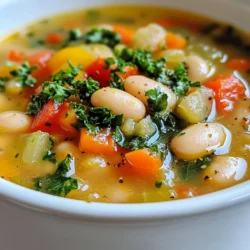 - 2 cups canned white beans (such as cannellini or navy), rinsed and drained - 1 medium onion, diced - 2 cloves garlic, minced - 2 medium carrots, chopped - 2 celery stalks, chopped - 4 cups vegetable broth - 1 cup diced tomatoes (canned or fresh) - 1 teaspoon dried thyme - 1 teaspoon dried rosemary - 1/2 teaspoon red pepper flakes (optional) - 2 cups kale, chopped - 2 tablespoons olive oil - Salt and pepper to taste - Fresh parsley, for garnish When I make Tuscan White Bean Soup, I love to keep it simple and fresh. The main star is the beans. Canned white beans add great texture and flavor. I prefer cannellini or navy beans, but you can use any kind you like. Rinsing them helps reduce sodium. Next, I pick fresh vegetables. Onions, garlic, carrots, and celery create a savory base. They add natural sweetness and depth to the soup. I always use a medium onion, two cloves of garlic, and two each of carrots and celery. Herbs and spices make this soup shine. I use dried thyme and rosemary for an earthy taste. Red pepper flakes add a bit of heat, but they are optional. You can leave them out if you prefer a milder dish. For the broth, I choose vegetable broth. It brings all the flavors together. I also add diced tomatoes for a burst of color and sweetness. Fresh kale adds a nice green touch and boosts nutrition. Finally, I use olive oil to sauté the vegetables. It adds richness and depth. Don't forget salt and pepper to taste. They help bring out the flavors. To finish, I garnish the soup with fresh parsley. It adds a pop of color and freshness. This simple list of ingredients makes a warm, comforting soup that feels like a hug in a bowl. {{ingredient_image_1}} - Heating the olive oil: Start by pouring 2 tablespoons of olive oil into a large pot. Heat it over medium heat until it shimmers. This oil adds rich flavor and helps cook the vegetables. - Sautéing the onions: Next, add 1 medium diced onion to the pot. Stir the onion often for about 5 minutes. You want it to be soft and clear, not brown. - Adding garlic, carrots, and celery: Now, mix in 2 minced garlic cloves, 2 chopped carrots, and 2 chopped celery stalks. Cook these for another 5 to 7 minutes. This step builds a nice base of flavor. - Incorporating herbs: After the vegetables soften, add 1 teaspoon of dried thyme, 1 teaspoon of dried rosemary, and 1/2 teaspoon of red pepper flakes if you like heat. Stir them in for 1 minute. This helps release their lovely aromas. - Adding tomatoes and broth: Next, pour in 1 cup of diced tomatoes and 4 cups of vegetable broth. Raise the heat and bring this mix to a gentle boil. - Final seasoning: Once boiling, lower the heat to a simmer. Add 2 cups of rinsed and drained white beans. Let it simmer for 10-15 minutes. Stir in 2 cups of chopped kale and cook for 5 more minutes. Finally, season with salt and pepper to your taste. This step-by-step guide makes it easy to create Tuscan White Bean Soup that is both flavorful and simple. Enjoy the process! Fresh herbs make a big difference. They add bright and bold flavors. Use thyme and rosemary for a classic touch. Always chop them just before adding. This keeps the oils fresh and fragrant. Adding more vegetables boosts taste and nutrition. Try bell peppers or zucchini. They add color and texture to your soup. You can even toss in some spinach for extra greens. Pair your soup with crusty bread. This makes a hearty meal. A simple side salad also works well. It adds crunch and freshness. For garnishes, use fresh parsley. It brightens the soup's look and flavor. A sprinkle of red pepper flakes can add heat. Just a pinch can elevate the dish. Watch the kale closely. Overcooking it makes it mushy. Add it towards the end of cooking. This keeps it vibrant and tender. Be careful with seasoning. Too much salt can overpower flavors. Always taste before adding more. Adjust slowly to find the right balance. Pro Tips Use Fresh Herbs: For an extra burst of flavor, consider using fresh thyme and rosemary instead of dried. Add them towards the end of cooking to preserve their aroma. Customize Your Greens: If you don’t have kale, feel free to swap it for spinach or Swiss chard. Just adjust the cooking time, as these greens wilt faster. Add a Splash of Acid: For brightness, consider adding a splash of lemon juice or a vinegar of your choice just before serving to elevate the flavors. Make it Creamy: For a creamier texture, blend a portion of the soup and then stir it back into the pot. This adds richness without the need for cream. {{image_2}} You can use other beans in this soup. Cannellini beans are great, but navy beans work too. They both add a creamy texture. You can even try chickpeas or black beans for a twist. Each type of bean gives a unique flavor and feel. If you want a mix, go ahead and combine different beans. Just make sure to cook them well. Want to make it heartier? You can add chicken or sausage. Cook the meat first, then add it when you mix in the beans. This adds a lovely richness. For a vegetarian option, consider using tofu or tempeh. These options can still give you protein without meat. Just cube them and add them with the beans. You can change the spice level to suit your taste. If you like heat, add more red pepper flakes. For a milder soup, skip them or use less. You can also swap the vegetable broth for chicken broth. This change deepens the flavor. Experiment with your favorite herbs, too. Basil or oregano can give a fresh twist. Each change can make this soup unique to your taste! I love to save my Tuscan white bean soup for later. Use airtight containers for the best results. Glass containers work well, but plastic ones are fine too. Make sure the soup cools before sealing it. This helps keep the soup fresh. Store it in the fridge. It can stay good for about three days. Freezing this soup is easy and smart. First, let the soup cool completely. Pour it into freezer-safe bags or containers. Leave some space at the top. The soup will expand as it freezes. Label each bag with the date. You can freeze the soup for up to three months. When you're ready to eat, take it out. Let it thaw in the fridge overnight. To reheat, pour it into a pot. Heat it on low until hot. Stir occasionally. You can also microwave it. Just heat in short bursts, stirring in between. Enjoy your warm soup again! Tuscan White Bean Soup is a warm, hearty dish. It comes from Tuscany, Italy. This region loves using beans, vegetables, and herbs in their cooking. The soup reflects simple, rustic Italian flavors. You can taste the care in each bowl. It uses ingredients like white beans, tomatoes, and kale. This dish is perfect for family meals or cozy nights in. Yes, you can make Tuscan White Bean Soup ahead of time. It tastes even better the next day! Store it in an airtight container in the fridge. It will last for about three days. When you are ready to eat, just reheat it on the stove. If you plan to freeze it, leave out the kale until you reheat. This way, the kale stays fresh and bright. Absolutely! This soup is packed with good nutrients. The white beans provide protein and fiber. They help keep you full and satisfied. The vegetables, like carrots and kale, add vitamins and minerals. Olive oil is a healthy fat that supports heart health. Overall, this soup is a great choice for a balanced meal. This blog post guides you through making Tuscan White Bean Soup. You learned about the ingredients, simple steps, and useful tips. We explored ways to change the recipe based on your taste and discussed how to store your leftovers. Enjoy this hearty soup warm or share it with friends. It’s healthy, tasty, and easy to make. You can feel good about serving it to your family. Take the time to try this recipe and make it your own!