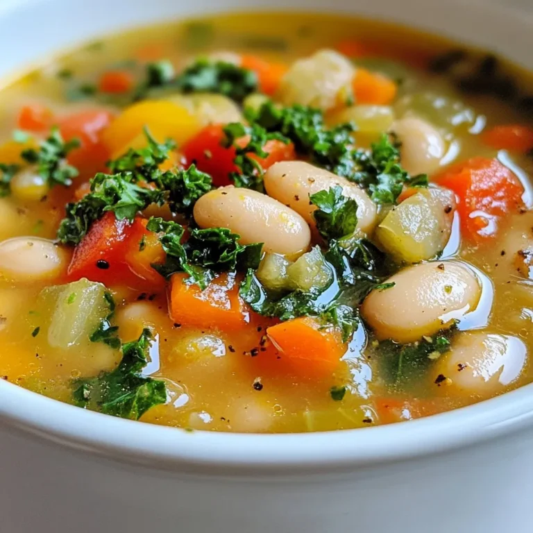 - 2 cups canned white beans (such as cannellini or navy), rinsed and drained - 1 medium onion, diced - 2 cloves garlic, minced - 2 medium carrots, chopped - 2 celery stalks, chopped - 4 cups vegetable broth - 1 cup diced tomatoes (canned or fresh) - 1 teaspoon dried thyme - 1 teaspoon dried rosemary - 1/2 teaspoon red pepper flakes (optional) - 2 cups kale, chopped - 2 tablespoons olive oil - Salt and pepper to taste - Fresh parsley, for garnish When I make Tuscan White Bean Soup, I love to keep it simple and fresh. The main star is the beans. Canned white beans add great texture and flavor. I prefer cannellini or navy beans, but you can use any kind you like. Rinsing them helps reduce sodium. Next, I pick fresh vegetables. Onions, garlic, carrots, and celery create a savory base. They add natural sweetness and depth to the soup. I always use a medium onion, two cloves of garlic, and two each of carrots and celery. Herbs and spices make this soup shine. I use dried thyme and rosemary for an earthy taste. Red pepper flakes add a bit of heat, but they are optional. You can leave them out if you prefer a milder dish. For the broth, I choose vegetable broth. It brings all the flavors together. I also add diced tomatoes for a burst of color and sweetness. Fresh kale adds a nice green touch and boosts nutrition. Finally, I use olive oil to sauté the vegetables. It adds richness and depth. Don't forget salt and pepper to taste. They help bring out the flavors. To finish, I garnish the soup with fresh parsley. It adds a pop of color and freshness. This simple list of ingredients makes a warm, comforting soup that feels like a hug in a bowl. {{ingredient_image_1}} - Heating the olive oil: Start by pouring 2 tablespoons of olive oil into a large pot. Heat it over medium heat until it shimmers. This oil adds rich flavor and helps cook the vegetables. - Sautéing the onions: Next, add 1 medium diced onion to the pot. Stir the onion often for about 5 minutes. You want it to be soft and clear, not brown. - Adding garlic, carrots, and celery: Now, mix in 2 minced garlic cloves, 2 chopped carrots, and 2 chopped celery stalks. Cook these for another 5 to 7 minutes. This step builds a nice base of flavor. - Incorporating herbs: After the vegetables soften, add 1 teaspoon of dried thyme, 1 teaspoon of dried rosemary, and 1/2 teaspoon of red pepper flakes if you like heat. Stir them in for 1 minute. This helps release their lovely aromas. - Adding tomatoes and broth: Next, pour in 1 cup of diced tomatoes and 4 cups of vegetable broth. Raise the heat and bring this mix to a gentle boil. - Final seasoning: Once boiling, lower the heat to a simmer. Add 2 cups of rinsed and drained white beans. Let it simmer for 10-15 minutes. Stir in 2 cups of chopped kale and cook for 5 more minutes. Finally, season with salt and pepper to your taste. This step-by-step guide makes it easy to create Tuscan White Bean Soup that is both flavorful and simple. Enjoy the process! Fresh herbs make a big difference. They add bright and bold flavors. Use thyme and rosemary for a classic touch. Always chop them just before adding. This keeps the oils fresh and fragrant. Adding more vegetables boosts taste and nutrition. Try bell peppers or zucchini. They add color and texture to your soup. You can even toss in some spinach for extra greens. Pair your soup with crusty bread. This makes a hearty meal. A simple side salad also works well. It adds crunch and freshness. For garnishes, use fresh parsley. It brightens the soup's look and flavor. A sprinkle of red pepper flakes can add heat. Just a pinch can elevate the dish. Watch the kale closely. Overcooking it makes it mushy. Add it towards the end of cooking. This keeps it vibrant and tender. Be careful with seasoning. Too much salt can overpower flavors. Always taste before adding more. Adjust slowly to find the right balance. Pro Tips Use Fresh Herbs: For an extra burst of flavor, consider using fresh thyme and rosemary instead of dried. Add them towards the end of cooking to preserve their aroma. Customize Your Greens: If you don’t have kale, feel free to swap it for spinach or Swiss chard. Just adjust the cooking time, as these greens wilt faster. Add a Splash of Acid: For brightness, consider adding a splash of lemon juice or a vinegar of your choice just before serving to elevate the flavors. Make it Creamy: For a creamier texture, blend a portion of the soup and then stir it back into the pot. This adds richness without the need for cream. {{image_2}} You can use other beans in this soup. Cannellini beans are great, but navy beans work too. They both add a creamy texture. You can even try chickpeas or black beans for a twist. Each type of bean gives a unique flavor and feel. If you want a mix, go ahead and combine different beans. Just make sure to cook them well. Want to make it heartier? You can add chicken or sausage. Cook the meat first, then add it when you mix in the beans. This adds a lovely richness. For a vegetarian option, consider using tofu or tempeh. These options can still give you protein without meat. Just cube them and add them with the beans. You can change the spice level to suit your taste. If you like heat, add more red pepper flakes. For a milder soup, skip them or use less. You can also swap the vegetable broth for chicken broth. This change deepens the flavor. Experiment with your favorite herbs, too. Basil or oregano can give a fresh twist. Each change can make this soup unique to your taste! I love to save my Tuscan white bean soup for later. Use airtight containers for the best results. Glass containers work well, but plastic ones are fine too. Make sure the soup cools before sealing it. This helps keep the soup fresh. Store it in the fridge. It can stay good for about three days. Freezing this soup is easy and smart. First, let the soup cool completely. Pour it into freezer-safe bags or containers. Leave some space at the top. The soup will expand as it freezes. Label each bag with the date. You can freeze the soup for up to three months. When you're ready to eat, take it out. Let it thaw in the fridge overnight. To reheat, pour it into a pot. Heat it on low until hot. Stir occasionally. You can also microwave it. Just heat in short bursts, stirring in between. Enjoy your warm soup again! Tuscan White Bean Soup is a warm, hearty dish. It comes from Tuscany, Italy. This region loves using beans, vegetables, and herbs in their cooking. The soup reflects simple, rustic Italian flavors. You can taste the care in each bowl. It uses ingredients like white beans, tomatoes, and kale. This dish is perfect for family meals or cozy nights in. Yes, you can make Tuscan White Bean Soup ahead of time. It tastes even better the next day! Store it in an airtight container in the fridge. It will last for about three days. When you are ready to eat, just reheat it on the stove. If you plan to freeze it, leave out the kale until you reheat. This way, the kale stays fresh and bright. Absolutely! This soup is packed with good nutrients. The white beans provide protein and fiber. They help keep you full and satisfied. The vegetables, like carrots and kale, add vitamins and minerals. Olive oil is a healthy fat that supports heart health. Overall, this soup is a great choice for a balanced meal. This blog post guides you through making Tuscan White Bean Soup. You learned about the ingredients, simple steps, and useful tips. We explored ways to change the recipe based on your taste and discussed how to store your leftovers. Enjoy this hearty soup warm or share it with friends. It’s healthy, tasty, and easy to make. You can feel good about serving it to your family. Take the time to try this recipe and make it your own!