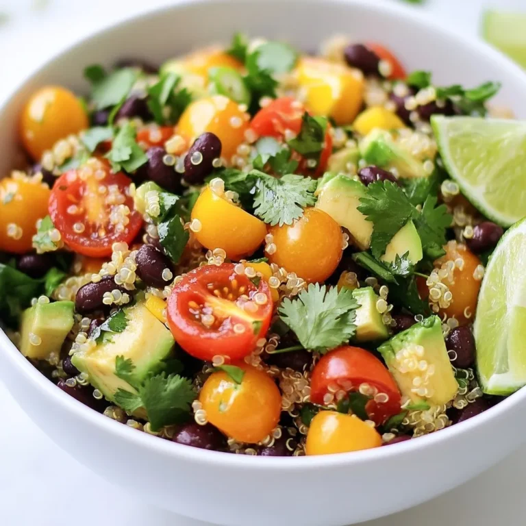 - 1 cup quinoa, rinsed - 2 cups water or vegetable broth - 1 can (15 oz) black beans, drained and rinsed - 1 cup cherry tomatoes, halved - 1 avocado, diced - 1 small red onion, finely chopped - 1 cup corn (fresh, frozen, or canned) - 1/2 cup fresh cilantro, chopped - Juice of 2 limes - 3 tablespoons olive oil - 1 teaspoon cumin - Salt and pepper to taste Cilantro lime quinoa salad is packed with fresh and colorful ingredients. Quinoa is the star. It is a great source of protein and fiber. Rinsing quinoa is very important. This step removes its bitter coating called saponin. This makes the salad taste much better. Black beans add a creamy texture and extra protein. Cherry tomatoes give a nice sweet burst. Diced avocado adds healthy fats and flavor. Red onion gives a sharp bite that balances the other flavors. Corn adds sweetness and crunch. Fresh cilantro brings a bright, herbaceous taste. For the dressing, you will need lime juice, olive oil, cumin, salt, and pepper. Lime juice gives a zesty kick. Olive oil adds richness. Cumin adds warmth and depth. Salt and pepper enhance all the flavors. You can add more veggies to make it your own. Try bell peppers or cucumbers for extra crunch. For a different taste, use herbs like parsley or mint instead of cilantro. You can switch the black beans for other types of beans like kidney or pinto. If you want more protein, try adding grilled chicken or tofu. These simple swaps can make your salad unique and fun! {{ingredient_image_1}} To cook the quinoa, start by boiling water or vegetable broth in a medium saucepan. You need two cups of liquid for one cup of quinoa. Once it boils, add the rinsed quinoa. Rinsing removes a bitter coating called saponin. Lower the heat to low, cover the pot, and let it simmer for about 15 minutes. The quinoa is done when it absorbs all the liquid. After cooking, let it cool for a bit before mixing it with other ingredients. In a large bowl, mix the cooled quinoa with black beans, halved cherry tomatoes, diced avocado, finely chopped red onion, and corn. Make sure to handle the avocado gently. You want nice pieces, not mush. If you press too hard, it may turn mushy. Gently fold all the ingredients together, being careful not to break the avocado. For the dressing, grab a small bowl. Add the juice of two limes, three tablespoons of olive oil, one teaspoon of cumin, and salt and pepper to taste. Whisk these ingredients well until they blend smoothly. Seasoning is key here. Taste the dressing and adjust as needed. Pour the dressing over the quinoa mixture and toss gently to coat everything evenly. To cook quinoa well, start with rinsing it. Rinsing removes a bitter coating. This small step makes a big difference in taste. When cooking, bring water or broth to a boil first. Then add the rinsed quinoa. Lower the heat and cover the pot. Let it simmer for about 15 minutes. The quinoa should absorb all the liquid and become fluffy. After cooking, allow it to cool before mixing. Use fresh ingredients for the best taste. When chopping, keep your knife sharp. It helps you cut smoothly. A good knife makes handling tomatoes and onions easier. Seasoning is key to great flavor. After mixing the salad, taste it. You may want more salt, pepper, or lime juice. Adjusting these will make the dish pop. The lime dressing should be bright and zesty. Use fresh lime juice for the best flavor. If you want it zestier, add more lime juice. This will enhance the salad and wake up your taste buds. This salad tastes great served chilled or at room temperature. If you make it ahead, store it in the fridge. It’s perfect for meal prep or potlucks. For presentation, use a large bowl. Add a sprinkle of fresh cilantro on top. You can also place lime wedges on the side. This adds color and invites guests to squeeze fresh lime over their servings. Pro Tips Use Fresh Ingredients: Opt for fresh vegetables and herbs for the best flavor and nutrition. Fresh cilantro and ripe avocados will elevate your salad. Customize Your Beans: Feel free to replace black beans with kidney beans or chickpeas for a different texture and taste. Chill Before Serving: For the best flavor, let the salad chill in the refrigerator for at least 30 minutes before serving. This allows the flavors to meld beautifully. Adjust the Lime: Depending on your preference, you can add more lime juice for extra zest or reduce it if you prefer a milder flavor. {{image_2}} You can easily customize this salad to fit your needs. If you're vegan, you're in luck! This dish is already plant-based. You can add more beans or nuts for protein. This keeps the salad filling and tasty. For gluten-free eaters, quinoa is a great choice. It has no gluten and is safe for most people. Just check the labels on any canned goods, like beans, to ensure they are gluten-free. Want to spice things up? You can add jalapeños for heat. A pinch of cayenne pepper also brings a nice kick. If you like bold flavors, try smoked paprika or chipotle powder. Both add depth to the taste. You can switch dressings too. Instead of lime, try a balsamic vinaigrette. A tahini dressing can also work well, adding creaminess. Don't be shy to experiment with flavors! You can replace quinoa with other grains. Try farro or bulgur for a different texture. They both give a unique taste to the salad. Seasonal ingredients can also change the game. Add fresh cucumbers in summer or roasted squash in fall. Both add color and flavor to your dish. Keep it fresh and fun by using what's in season! Store your Cilantro Lime Quinoa Salad in an airtight container. Glass or BPA-free plastic works great. This helps keep the flavors fresh. The salad stays good in the fridge for about 3 to 5 days. Make sure to check for any signs of spoilage, like off smells or changes in color. If you have leftovers, you can enjoy them cold or warm. To reheat, use a microwave. Heat it in short bursts, stirring in between. This helps keep the quinoa fluffy and the veggies crisp. Avoid overheating, as it can make the salad mushy. You can freeze this salad, but some ingredients may change texture. The avocado and tomatoes might not freeze well. If you still want to freeze it, leave those out. To freeze, place the salad in a freezer-safe container. Seal it tightly and label it. It can last for up to 3 months. When ready to eat, thaw it in the fridge overnight. Give it a gentle mix before serving. Cilantro Lime Quinoa Salad lasts about three to five days in the fridge. Store it in an airtight container. Always check for signs of spoilage. If you see any mold or an off smell, it’s best to toss it. Fresh ingredients like avocado may brown faster. So, you may want to eat it sooner if you added that. Yes, you can make this salad ahead of time. It tastes even better after sitting in the fridge for a bit. The flavors mix together nicely. For meal prep, cook the quinoa and mix it with the beans and veggies. Keep the dressing separate until you're ready to eat. This way, the salad stays fresh and crunchy. Cilantro Lime Quinoa Salad pairs well with many dishes. You can serve it alongside grilled chicken or fish for protein. It also goes great with tacos or burritos for a Tex-Mex twist. For a lighter meal, enjoy it with a side of steamed veggies or a fresh fruit salad. This blog post covered how to make a tasty Cilantro Lime Quinoa Salad. We explored the main ingredients, preparation steps, and helpful tips to get the best flavor and texture. Remember, you can customize the recipe with different veggies and proteins. Don’t forget storage tips to keep it fresh! With these ideas, you're ready to enjoy a flavorful meal anytime. Dive in and make this salad your own!