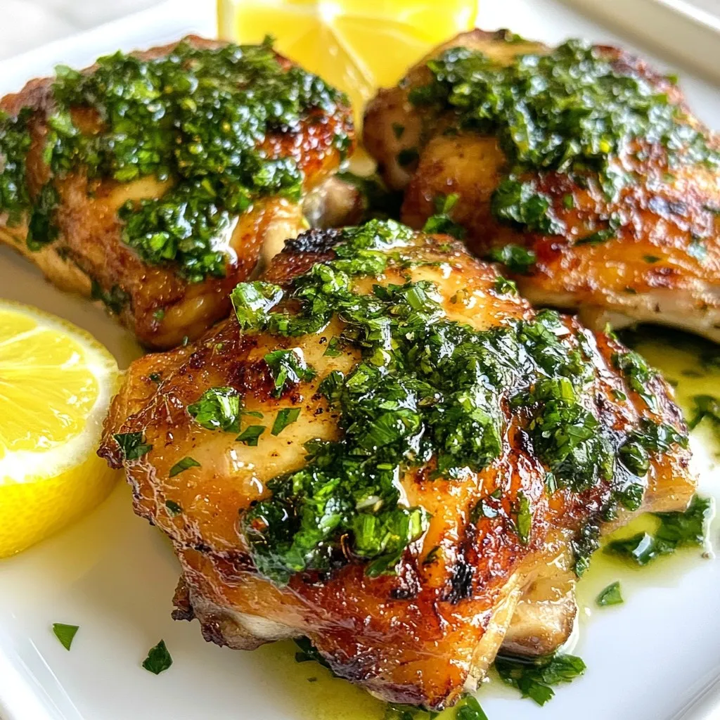 To make delicious chimichurri chicken thighs, you need several key ingredients. Here’s what you will need: - 4 chicken thighs (bone-in, skin-on) - 1 cup fresh parsley, finely chopped - 1/2 cup olive oil - 3 cloves garlic, minced - 2 tablespoons red wine vinegar (or lemon juice for a non-alcoholic version) - 1 teaspoon red pepper flakes - 1 teaspoon paprika - Salt and pepper to taste - Lemon wedges (for serving) These ingredients bring a burst of flavor to your chicken. The parsley and garlic add freshness, while the vinegar gives it a nice tang. While the main ingredients are great, you can add a few optional items to boost flavor: - Fresh oregano: A teaspoon can add an earthy taste. - Onions: Chopped onions can deepen the sauce’s flavor. - Cumin: A pinch can give a warm, smoky note. - Honey: A drizzle can balance the acidity if you prefer a slight sweetness. Using these extras helps customize your chimichurri sauce. Feel free to experiment and find what you enjoy most. You don’t need fancy tools for this recipe. Here’s a simple list of what you’ll need: - Large bowl for mixing - Whisk or spoon for stirring - Resealable plastic bag or shallow dish for marinating - Grill or oven for cooking - Meat thermometer to check doneness Having the right equipment makes cooking easier. This way, you can focus on making your chicken thighs tasty and juicy! {{ingredient_image_1}} To start, gather your ingredients. You need fresh parsley, garlic, olive oil, red wine vinegar, red pepper flakes, paprika, salt, and pepper. In a bowl, mix the parsley and garlic together. Slowly add the olive oil and vinegar, stirring as you go. Then, add the red pepper flakes, paprika, salt, and pepper. Mix until the sauce is well combined. Reserve about 1/4 cup of this sauce for later. This chimichurri sauce will add a fresh and zesty flavor to your chicken. Next, take your chicken thighs and place them in a large resealable bag or a shallow dish. Pour half of the chimichurri sauce over the chicken. Make sure each piece is coated well. Seal the bag or cover the dish. Now, let the chicken marinate in the fridge. You can do this for at least one hour or even overnight. Marinating not only enhances the flavor but also keeps the chicken juicy. When you are ready to cook, preheat your grill or oven to 400°F (200°C). If you choose to grill, oil the grates to keep the chicken from sticking. Remove the marinated chicken from the bag or dish. Discard the leftover marinade. Place the chicken on the grill skin-side down or on a baking sheet if using the oven. Cook for 25-30 minutes. You want the chicken to reach an internal temperature of 165°F (74°C). The skin should be crispy and golden brown. After cooking, let the chicken rest for a few minutes. This helps the juices stay inside. Serve the chicken with the reserved chimichurri sauce and some lemon wedges. Enjoy your tasty meal! To cook chicken thighs just right, start with bone-in and skin-on pieces. These add flavor and keep the meat juicy. I recommend cooking at 400°F (200°C). This temperature helps crisp the skin. Grill or bake for 25-30 minutes. Use a meat thermometer to check. The inside should reach 165°F (74°C). For extra flavor, use the freshest herbs. Fresh parsley shines in this dish. You can also mix in cilantro or oregano for a twist. Adjust the garlic to your taste. More garlic means a bolder taste. I like a hint of heat, so I add red pepper flakes. You can tweak this to make it milder. Marinating is key for tasty chicken. Use a resealable bag or shallow dish for easy coating. Pour half the chimichurri over the chicken and let it soak. One hour is good, but overnight is better. This allows the flavors to deepen. Always discard the used marinade to keep things safe. Pro Tips Marinating Time: For the best flavor, marinate the chicken thighs overnight. This allows the chimichurri sauce to penetrate deeply, enhancing the taste. Grill vs. Oven: Grilling gives a smoky flavor and crispy skin, while baking in the oven ensures even cooking. Choose based on your preference and available equipment. Resting Period: Let the chicken rest for at least 5 minutes after cooking. This helps the juices redistribute, keeping the meat tender and juicy. Chimichurri Variations: Feel free to experiment with the chimichurri by adding different herbs like cilantro or oregano, or adjusting the spice level with more or fewer red pepper flakes. {{image_2}} You can swap chicken thighs for other meats. Try beef steak, pork chops, or lamb. Each protein works well with chimichurri. They all absorb the flavors nicely. If you prefer seafood, use shrimp or fish fillets. Just adjust the cooking time for seafood. The sauce will bring a fresh taste to any protein. If you want a lighter option, use skinless chicken thighs. You can also use turkey thighs for a leaner choice. For a vegetarian twist, try mushrooms. Portobello mushrooms work great when marinated. If you are dairy-free, the chimichurri sauce is perfect as is. For a low-sodium diet, use less salt and fresh herbs. You can also substitute red wine vinegar with lemon juice for a bright flavor. Serve chimichurri chicken thighs with a side of rice or quinoa. Roasted vegetables add color and taste. A fresh salad with greens and tomatoes pairs nicely too. You can also serve it with crusty bread to soak up the chimichurri. For a fun twist, make tacos with the chicken. Top with extra chimichurri and fresh veggies for a great meal. To store leftover chimichurri chicken thighs, let them cool down first. Place them in an airtight container. Make sure to add a layer of chimichurri sauce on top for extra flavor. Store them in the fridge for up to three days. If you want to keep them longer, consider freezing. You can freeze marinated chicken thighs for later use. Place the chicken with chimichurri sauce in a resealable plastic bag. Make sure to remove as much air as possible before sealing. Label the bag with the date. You can freeze them for up to three months. When you're ready to cook, let them thaw in the fridge overnight. To reheat the chicken thighs, preheat your oven to 350°F (175°C). Place the chicken in a baking dish and cover it with foil. Heat for about 20-25 minutes or until hot. You can also reheat them in a skillet over medium heat. Add a splash of water to keep them moist. This way, they stay juicy and full of flavor. You can serve Chimichurri Chicken Thighs with many sides. Some great options include: - Rice: Fluffy white or brown rice soaks up the sauce well. - Grilled Vegetables: Zucchini, bell peppers, and corn add a nice crunch. - Salad: A fresh green salad with a light dressing pairs nicely. - Potatoes: Roasted or mashed potatoes complement the rich chicken. These sides balance the flavors and make a complete meal. Yes, you can use boneless chicken thighs. They cook faster and can be just as tasty. Make sure to reduce the cooking time to about 20-25 minutes. Check the internal temperature to ensure it reaches 165°F (74°C). Boneless thighs can be juicier and easier to eat. I recommend marinating the chicken for at least 1 hour. For more flavor, you can marinate it overnight. The longer you let it sit, the better the flavors blend. Just remember to keep it in the fridge while marinating. This step is key to tasty, flavorful chicken. Chimichurri chicken thighs offer a burst of flavor with the right ingredients and methods. We discussed the main and optional ingredients, equipment needed, and how to prepare both the sauce and the chicken. I shared tips for perfect cooking and tasty variations to suit different diets. Remember to store leftovers properly and enjoy them later. With these steps, you'll create a delicious meal that everyone will love. Enjoy your cooking!