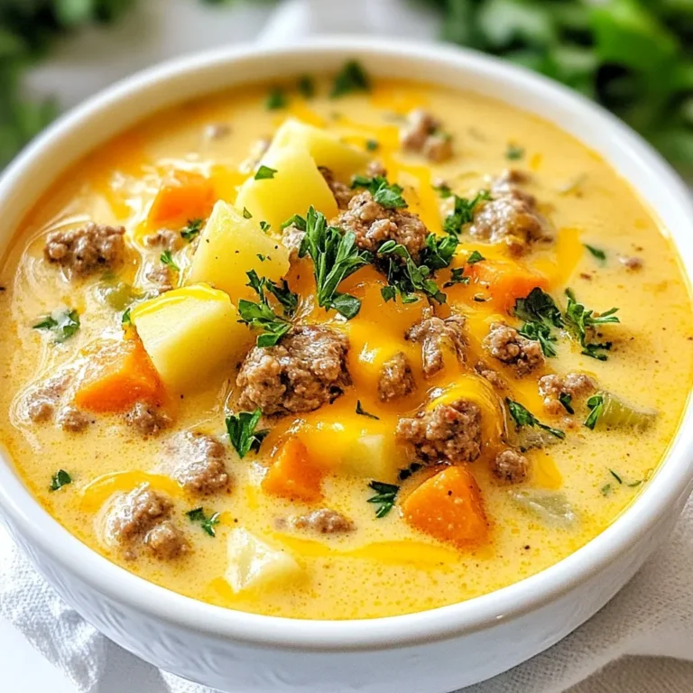 - 1 lb ground beef - 1 medium onion, diced - 3 cloves garlic, minced - 3 medium potatoes, cubed - 2 cups beef broth - 1 cup carrots, sliced - 1 cup celery, diced - 2 cups shredded cheddar cheese - 1 cup milk or cream The main stars of this cheeseburger soup are the ground beef and fresh vegetables. The ground beef gives it that classic cheeseburger flavor. The diced onions and minced garlic add a nice depth to the soup. Cubed potatoes make it hearty, while sliced carrots and diced celery bring in some crunch. - 1 tablespoon Worcestershire sauce - 1 teaspoon dried oregano - 1 teaspoon garlic powder - Salt and pepper to taste For seasoning, I love using Worcestershire sauce. It adds a savory kick that really enhances the flavor. Dried oregano and garlic powder round out the taste. Don't forget to season with salt and pepper to make the flavors pop. - Fresh parsley, chopped After the soup is ready, you can top it with fresh parsley. It adds a bright touch and a bit of color. You might also think about other toppings like crispy bacon or extra cheese. These can really make your soup special! {{ingredient_image_1}} To start, set your Instant Pot to ‘Sauté’ mode. Add 1 pound of ground beef. Cook it until it turns brown. As you cook, break the beef into small pieces. Once browned, drain the excess fat. This step helps remove extra grease and keeps your soup light. Next, stir in 1 diced onion, 3 minced garlic cloves, 1 cup of sliced carrots, and 1 cup of diced celery. Cook these for about 3 to 4 minutes. You want the onion to turn translucent. This brings out the flavors and makes your soup taste great. Now, add 3 cubed potatoes and 2 cups of beef broth. Don't forget to mix in 1 tablespoon of Worcestershire sauce, 1 teaspoon of dried oregano, and 1 teaspoon of garlic powder. Season with salt and pepper to taste. Stir everything well to make sure the flavors blend. Close the lid of your Instant Pot and set the valve to ‘Sealing’. Select ‘Manual’ or ‘Pressure Cook’ mode. Cook on high pressure for 10 minutes. This step locks in all the flavors and cooks the potatoes perfectly. When the cooking time is up, perform a quick release. Carefully turn the valve to ‘Venting’. Once safe, open the lid. Stir in 2 cups of shredded cheddar cheese and 1 cup of milk or cream. Mix until the cheese melts and the soup becomes creamy. Now, ladle the cheeseburger soup into bowls. For a nice touch, garnish with freshly chopped parsley. This adds a pop of color and a hint of freshness. Enjoy your warm, hearty soup with family or friends! How do you adjust seasoning? Start with salt and pepper. Taste the soup before serving. If it needs more flavor, add a pinch of salt or a dash of pepper. You can also try adding more Worcestershire sauce. This sauce adds depth and umami to the dish. Why are ingredient ratios important? The right balance makes all the difference. Too much salt can ruin the soup. If you add too many potatoes, it may become too thick. Stick to the recipe for the best results. What are preheating and safety tips? Always preheat your Instant Pot. This helps cook the beef evenly. After cooking, wait a moment before opening the lid. This keeps the steam inside and prevents burns. What common mistakes should you avoid? Don't skip draining the fat from the beef. This keeps the soup from being greasy. Also, ensure the valve is set to ‘Sealing’ before cooking. This helps build pressure for the soup to cook properly. What dairy alternatives can you use? If you want a lighter soup, try using almond milk or oat milk. These options keep the dish creamy without the extra calories. If you want more cheese, feel free to add extra cheddar. What ingredient substitutions work best? You can swap ground beef with turkey or chicken. If you want a vegetarian dish, use lentils or beans. This keeps the soup hearty and filling. Pro Tips Use Lean Ground Beef: For a healthier option, choose lean ground beef to reduce excess fat while still enjoying a rich flavor. Customize Your Veggies: Feel free to add or substitute vegetables like bell peppers or corn to enhance the flavor and nutrition of your soup. Cheese Variations: Experiment with different types of cheese such as Monterey Jack or Pepper Jack for a unique twist on the classic cheeseburger flavor. Make It Ahead: This soup freezes well! Prepare a batch and store it in airtight containers for a quick meal on busy days. {{image_2}} To make a keto-friendly Instant Pot cheeseburger soup, swap out some ingredients. Use cauliflower instead of potatoes. This keeps the dish low in carbs. You can also use cream cheese to thicken the soup. This adds a rich flavor and creamy texture. For a vegetarian cheeseburger soup, use plant-based meat substitutes. You can try lentils or black beans. They add protein and texture. Cook times may change, so check for doneness. If using beans, reduce the pressure cooking time to 5 minutes. If you like heat, add chili powder or diced jalapeños. This gives the soup an extra kick. Top your soup with spicy cheese or sliced pickled jalapeños for more flavor. These toppings make every bite exciting. Store leftover cheeseburger soup in an airtight container. This keeps it fresh and safe. You can refrigerate it for up to 3 days. After that, the taste and quality may drop. Always check for any off smells or changes in texture before eating. To freeze the soup, let it cool completely first. Then, pour it into freezer-safe bags or containers. Make sure to leave some space at the top for expansion. It can last in the freezer for about 3 months. To thaw, place it in the fridge overnight. Reheat it on the stove or in the microwave until hot. Look for signs of spoilage. This includes any strange smells or mold. If you see any of these signs, do not eat the soup. For safe storage, keep it at or below 40°F in the fridge. Always use clean utensils to avoid contamination. Making this soup is quick and easy. It takes about 15 minutes to prep and 10 minutes to cook. You can have a delicious meal ready in just 35 minutes. This speed makes it perfect for busy weeknights. Yes, you can use frozen veggies! Just add them at the same time as fresh vegetables. You might need to add a couple of extra minutes to the cooking time. This way, your soup stays hearty and flavorful. If you want a change, try ground turkey, chicken, or even plant-based meat. Each option gives a unique twist on the classic taste. Choose what you like or what you have on hand. Yes, this soup can be gluten-free! Just use gluten-free beef broth and check your Worcestershire sauce. Always read labels to ensure all ingredients are safe for your diet. Absolutely! This soup stores well. You can make it a day ahead and keep it in the fridge. Just reheat on the stove or in the microwave when you are ready to enjoy it. This blog covers making a tasty Instant Pot Cheeseburger Soup. You learned about main ingredients like beef and veggies, plus flavor boosters like Worcestershire sauce. I shared step-by-step instructions, tips for great taste, and easy swaps for different diets. Remember, cooking is fun, and you can customize it to your taste. Don’t hesitate to try different flavors and ingredients. Each bowl can be a new adventure. Enjoy your cooking journey!