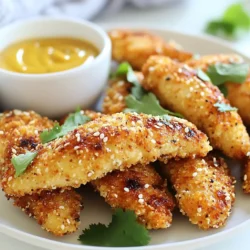 Here are the tasty ingredients you will need to make crispy sesame chicken tenders: - 1 lb chicken tenders - 1 cup buttermilk - 1 cup breadcrumbs (panko for extra crispiness) - ½ cup sesame seeds - 1 teaspoon garlic powder - 1 teaspoon onion powder - 1 teaspoon salt - ½ teaspoon black pepper - 1 tablespoon soy sauce (low-sodium) - 1 tablespoon honey - Vegetable oil for frying These ingredients work together to create a crunchy delight that everyone will love. The chicken remains moist and tender thanks to the buttermilk marinade. Panko breadcrumbs give the tenders that extra crispiness. Sesame seeds add a nutty flavor that makes this dish special. The blend of spices enhances the taste. Soy sauce and honey provide a sweet and salty balance. Gather these items before you start cooking. This will help you stay organized and make your cooking process smoother. Enjoy the simple pleasure of preparing a delicious meal! {{ingredient_image_1}} Marinate the chicken tenders in buttermilk for at least 30 minutes. You can keep them in the fridge for up to 2 hours. Buttermilk is key here. It makes the chicken tender and adds flavor. The acid in buttermilk breaks down proteins, so your chicken will be juicy and delicious. In a bowl, combine breadcrumbs, sesame seeds, garlic powder, onion powder, salt, and pepper. Mix these dry ingredients well. In another bowl, mix the soy sauce and honey. This mixture adds a sweet and savory flavor to the chicken. It helps the coating stick. Heat about ½ inch of vegetable oil in a large skillet over medium-high heat. The oil should be hot but not smoking. Fry each tender for about 3-4 minutes on each side. You want them golden brown and crispy. Use a slotted spoon to remove the chicken. This helps drain excess oil and keeps them crispy. Preheat your oven to 400°F (200°C). Place the cooked chicken tenders on a baking sheet. Keep them warm in the oven while you cook the rest. This way, all the tenders stay hot without cooking them too much. To make your chicken tenders extra crispy, use panko breadcrumbs. Panko has a light, airy texture. This helps the tenders turn golden brown and crunchy. Resting the chicken before frying is also key. Let the coated chicken sit for about 10 minutes. This gives the coating time to stick better during frying. You can boost the flavor by adding spices to the breadcrumb mix. Try paprika or cayenne for a kick. You can also add dried herbs like oregano or thyme. For dipping sauces, honey mustard pairs well. You might also like a sweet chili sauce or a spicy aioli. Avoid overcrowding your pan when frying. Fry in small batches to keep the temperature steady. If too many tenders are in the pan, they will steam instead of fry. This can make them soggy. Manage the oil temperature by keeping it around 350°F (175°C). This ensures a perfect crispiness every time. Pro Tips Marination Time: Allow the chicken to soak in buttermilk for at least 30 minutes to enhance tenderness and flavor absorption. Use Panko Breadcrumbs: For an extra crispy texture, opt for panko breadcrumbs instead of regular breadcrumbs. Oil Temperature: Ensure the oil is hot enough before frying (around 350°F) to achieve a golden crust without absorbing too much oil. Keep Warm in Oven: After frying, place the chicken tenders in a warm oven to keep them crispy while you finish frying the rest. {{image_2}} You can switch chicken tenders for chicken breasts or thighs. These cuts work well, too. Just remember to adjust the cooking time. Thicker pieces take longer to cook. If you want a vegetarian option, try tofu or cauliflower. Press the tofu to remove water. Cut it into strips and coat it like chicken. For cauliflower, cut it into bite-sized pieces. The cooking method stays the same for both options. To change the flavor, add herbs or spices. Try paprika, cayenne pepper, or even Italian seasoning. These will give the tenders a unique twist. You can also create sweet and savory variations. Try adding more honey for a sweeter taste. Or mix in some chili flakes for a spicy kick. These changes can make the dish even more fun. You can bake or air fry the chicken tenders instead of frying. Baking is a healthier choice. Preheat your oven to 400°F (200°C). Place the coated tenders on a baking sheet. Bake for about 20-25 minutes until golden and crispy. For air frying, set your air fryer to 375°F (190°C). Cook the tenders in a single layer for about 10-12 minutes. Flip them halfway through for even cooking. Both methods still give you that crunchy texture. To keep your crispy sesame chicken tenders fresh, store them in a tight container. Use a glass or plastic container with a lid. You can also wrap them in aluminum foil. This helps keep them crisp for longer. Place them in the fridge within two hours of cooking. To freeze these chicken tenders, first, let them cool completely. Then, place them in a single layer on a baking sheet. Freeze them for about one hour. Once frozen, transfer them to a freezer bag. Remove as much air as possible before sealing. For the best taste, eat them within three months. When you’re ready to eat, reheat the tenders. Preheat your oven to 375°F (190°C). Place the frozen tenders on a baking sheet. Bake for about 20 minutes, turning halfway. This keeps them crispy and delicious. In the fridge, crispy sesame chicken tenders last about three to four days. In the freezer, they last up to three months. Check for signs of spoilage. If they smell off or have a slimy texture, it’s best to throw them away. Always trust your senses when it comes to food safety. To make chicken tenders extra crispy, use panko breadcrumbs. Panko is lighter and crunchier than regular breadcrumbs. It gives a great texture. Here are some tips: - Marinate the chicken in buttermilk. This adds moisture and flavor. - Let the coated chicken rest for a few minutes before frying. This helps the coating stick better. - Fry in hot oil. The oil should be about 350°F (175°C). If the oil is too cool, the tenders will soak up oil and become soggy. - Don’t overcrowd the pan. Fry in batches to keep the oil hot. Yes, you can use regular breadcrumbs. However, they will not provide the same crunch. Regular breadcrumbs are finer and denser. They can make the tenders less crispy. If you want a similar texture, try toasting the regular breadcrumbs lightly before using them. This adds some crunch but may still not match panko's lightness. Dipping sauces can elevate your chicken tenders. Here are some tasty options: - Honey mustard: Sweet and tangy, it pairs well with sesame flavors. - Sweet chili sauce: This sauce adds heat and sweetness. - Soy sauce with a hint of ginger: It complements the sesame nicely. - Spicy mayo: Mix mayonnaise with sriracha for a creamy kick. You can also serve a fresh side salad or steamed veggies for a complete meal. This blog post provided a thorough guide to making tasty sesame chicken tenders. We covered key ingredients, marination, and frying techniques. You learned tips for extra crispiness and how to store your leftovers. By trying different proteins and flavors, you can tweak this dish to suit your taste. Remember, crispy tends go well with great dips! I hope you’re excited to make your next batch of perfect chicken tenders. Enjoy cooking and sharing this delicious meal with loved ones!
