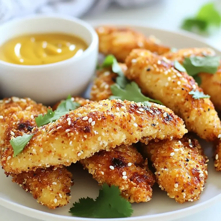 Here are the tasty ingredients you will need to make crispy sesame chicken tenders: - 1 lb chicken tenders - 1 cup buttermilk - 1 cup breadcrumbs (panko for extra crispiness) - ½ cup sesame seeds - 1 teaspoon garlic powder - 1 teaspoon onion powder - 1 teaspoon salt - ½ teaspoon black pepper - 1 tablespoon soy sauce (low-sodium) - 1 tablespoon honey - Vegetable oil for frying These ingredients work together to create a crunchy delight that everyone will love. The chicken remains moist and tender thanks to the buttermilk marinade. Panko breadcrumbs give the tenders that extra crispiness. Sesame seeds add a nutty flavor that makes this dish special. The blend of spices enhances the taste. Soy sauce and honey provide a sweet and salty balance. Gather these items before you start cooking. This will help you stay organized and make your cooking process smoother. Enjoy the simple pleasure of preparing a delicious meal! {{ingredient_image_1}} Marinate the chicken tenders in buttermilk for at least 30 minutes. You can keep them in the fridge for up to 2 hours. Buttermilk is key here. It makes the chicken tender and adds flavor. The acid in buttermilk breaks down proteins, so your chicken will be juicy and delicious. In a bowl, combine breadcrumbs, sesame seeds, garlic powder, onion powder, salt, and pepper. Mix these dry ingredients well. In another bowl, mix the soy sauce and honey. This mixture adds a sweet and savory flavor to the chicken. It helps the coating stick. Heat about ½ inch of vegetable oil in a large skillet over medium-high heat. The oil should be hot but not smoking. Fry each tender for about 3-4 minutes on each side. You want them golden brown and crispy. Use a slotted spoon to remove the chicken. This helps drain excess oil and keeps them crispy. Preheat your oven to 400°F (200°C). Place the cooked chicken tenders on a baking sheet. Keep them warm in the oven while you cook the rest. This way, all the tenders stay hot without cooking them too much. To make your chicken tenders extra crispy, use panko breadcrumbs. Panko has a light, airy texture. This helps the tenders turn golden brown and crunchy. Resting the chicken before frying is also key. Let the coated chicken sit for about 10 minutes. This gives the coating time to stick better during frying. You can boost the flavor by adding spices to the breadcrumb mix. Try paprika or cayenne for a kick. You can also add dried herbs like oregano or thyme. For dipping sauces, honey mustard pairs well. You might also like a sweet chili sauce or a spicy aioli. Avoid overcrowding your pan when frying. Fry in small batches to keep the temperature steady. If too many tenders are in the pan, they will steam instead of fry. This can make them soggy. Manage the oil temperature by keeping it around 350°F (175°C). This ensures a perfect crispiness every time. Pro Tips Marination Time: Allow the chicken to soak in buttermilk for at least 30 minutes to enhance tenderness and flavor absorption. Use Panko Breadcrumbs: For an extra crispy texture, opt for panko breadcrumbs instead of regular breadcrumbs. Oil Temperature: Ensure the oil is hot enough before frying (around 350°F) to achieve a golden crust without absorbing too much oil. Keep Warm in Oven: After frying, place the chicken tenders in a warm oven to keep them crispy while you finish frying the rest. {{image_2}} You can switch chicken tenders for chicken breasts or thighs. These cuts work well, too. Just remember to adjust the cooking time. Thicker pieces take longer to cook. If you want a vegetarian option, try tofu or cauliflower. Press the tofu to remove water. Cut it into strips and coat it like chicken. For cauliflower, cut it into bite-sized pieces. The cooking method stays the same for both options. To change the flavor, add herbs or spices. Try paprika, cayenne pepper, or even Italian seasoning. These will give the tenders a unique twist. You can also create sweet and savory variations. Try adding more honey for a sweeter taste. Or mix in some chili flakes for a spicy kick. These changes can make the dish even more fun. You can bake or air fry the chicken tenders instead of frying. Baking is a healthier choice. Preheat your oven to 400°F (200°C). Place the coated tenders on a baking sheet. Bake for about 20-25 minutes until golden and crispy. For air frying, set your air fryer to 375°F (190°C). Cook the tenders in a single layer for about 10-12 minutes. Flip them halfway through for even cooking. Both methods still give you that crunchy texture. To keep your crispy sesame chicken tenders fresh, store them in a tight container. Use a glass or plastic container with a lid. You can also wrap them in aluminum foil. This helps keep them crisp for longer. Place them in the fridge within two hours of cooking. To freeze these chicken tenders, first, let them cool completely. Then, place them in a single layer on a baking sheet. Freeze them for about one hour. Once frozen, transfer them to a freezer bag. Remove as much air as possible before sealing. For the best taste, eat them within three months. When you’re ready to eat, reheat the tenders. Preheat your oven to 375°F (190°C). Place the frozen tenders on a baking sheet. Bake for about 20 minutes, turning halfway. This keeps them crispy and delicious. In the fridge, crispy sesame chicken tenders last about three to four days. In the freezer, they last up to three months. Check for signs of spoilage. If they smell off or have a slimy texture, it’s best to throw them away. Always trust your senses when it comes to food safety. To make chicken tenders extra crispy, use panko breadcrumbs. Panko is lighter and crunchier than regular breadcrumbs. It gives a great texture. Here are some tips: - Marinate the chicken in buttermilk. This adds moisture and flavor. - Let the coated chicken rest for a few minutes before frying. This helps the coating stick better. - Fry in hot oil. The oil should be about 350°F (175°C). If the oil is too cool, the tenders will soak up oil and become soggy. - Don’t overcrowd the pan. Fry in batches to keep the oil hot. Yes, you can use regular breadcrumbs. However, they will not provide the same crunch. Regular breadcrumbs are finer and denser. They can make the tenders less crispy. If you want a similar texture, try toasting the regular breadcrumbs lightly before using them. This adds some crunch but may still not match panko's lightness. Dipping sauces can elevate your chicken tenders. Here are some tasty options: - Honey mustard: Sweet and tangy, it pairs well with sesame flavors. - Sweet chili sauce: This sauce adds heat and sweetness. - Soy sauce with a hint of ginger: It complements the sesame nicely. - Spicy mayo: Mix mayonnaise with sriracha for a creamy kick. You can also serve a fresh side salad or steamed veggies for a complete meal. This blog post provided a thorough guide to making tasty sesame chicken tenders. We covered key ingredients, marination, and frying techniques. You learned tips for extra crispiness and how to store your leftovers. By trying different proteins and flavors, you can tweak this dish to suit your taste. Remember, crispy tends go well with great dips! I hope you’re excited to make your next batch of perfect chicken tenders. Enjoy cooking and sharing this delicious meal with loved ones!
