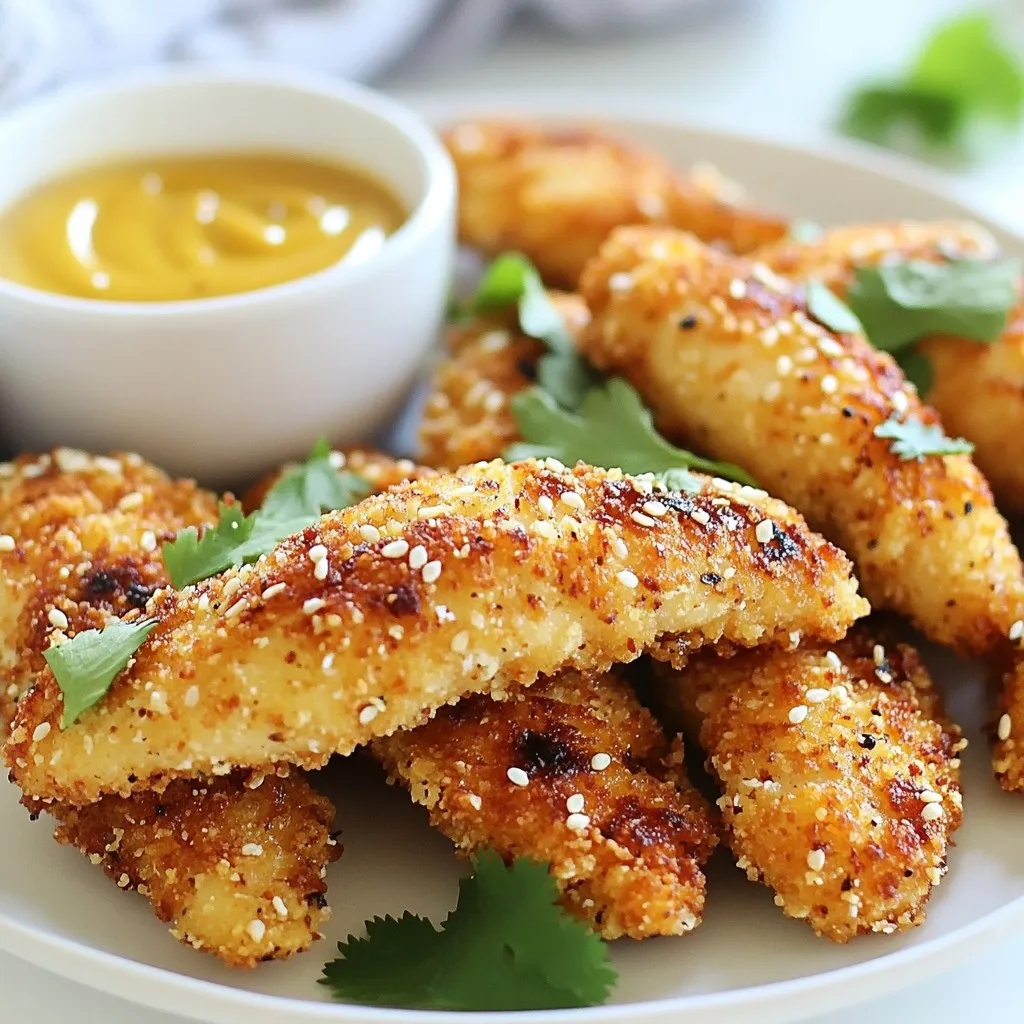 Here are the tasty ingredients you will need to make crispy sesame chicken tenders: - 1 lb chicken tenders - 1 cup buttermilk - 1 cup breadcrumbs (panko for extra crispiness) - ½ cup sesame seeds - 1 teaspoon garlic powder - 1 teaspoon onion powder - 1 teaspoon salt - ½ teaspoon black pepper - 1 tablespoon soy sauce (low-sodium) - 1 tablespoon honey - Vegetable oil for frying These ingredients work together to create a crunchy delight that everyone will love. The chicken remains moist and tender thanks to the buttermilk marinade. Panko breadcrumbs give the tenders that extra crispiness. Sesame seeds add a nutty flavor that makes this dish special. The blend of spices enhances the taste. Soy sauce and honey provide a sweet and salty balance. Gather these items before you start cooking. This will help you stay organized and make your cooking process smoother. Enjoy the simple pleasure of preparing a delicious meal! {{ingredient_image_1}} Marinate the chicken tenders in buttermilk for at least 30 minutes. You can keep them in the fridge for up to 2 hours. Buttermilk is key here. It makes the chicken tender and adds flavor. The acid in buttermilk breaks down proteins, so your chicken will be juicy and delicious. In a bowl, combine breadcrumbs, sesame seeds, garlic powder, onion powder, salt, and pepper. Mix these dry ingredients well. In another bowl, mix the soy sauce and honey. This mixture adds a sweet and savory flavor to the chicken. It helps the coating stick. Heat about ½ inch of vegetable oil in a large skillet over medium-high heat. The oil should be hot but not smoking. Fry each tender for about 3-4 minutes on each side. You want them golden brown and crispy. Use a slotted spoon to remove the chicken. This helps drain excess oil and keeps them crispy. Preheat your oven to 400°F (200°C). Place the cooked chicken tenders on a baking sheet. Keep them warm in the oven while you cook the rest. This way, all the tenders stay hot without cooking them too much. To make your chicken tenders extra crispy, use panko breadcrumbs. Panko has a light, airy texture. This helps the tenders turn golden brown and crunchy. Resting the chicken before frying is also key. Let the coated chicken sit for about 10 minutes. This gives the coating time to stick better during frying. You can boost the flavor by adding spices to the breadcrumb mix. Try paprika or cayenne for a kick. You can also add dried herbs like oregano or thyme. For dipping sauces, honey mustard pairs well. You might also like a sweet chili sauce or a spicy aioli. Avoid overcrowding your pan when frying. Fry in small batches to keep the temperature steady. If too many tenders are in the pan, they will steam instead of fry. This can make them soggy. Manage the oil temperature by keeping it around 350°F (175°C). This ensures a perfect crispiness every time. Pro Tips Marination Time: Allow the chicken to soak in buttermilk for at least 30 minutes to enhance tenderness and flavor absorption. Use Panko Breadcrumbs: For an extra crispy texture, opt for panko breadcrumbs instead of regular breadcrumbs. Oil Temperature: Ensure the oil is hot enough before frying (around 350°F) to achieve a golden crust without absorbing too much oil. Keep Warm in Oven: After frying, place the chicken tenders in a warm oven to keep them crispy while you finish frying the rest. {{image_2}} You can switch chicken tenders for chicken breasts or thighs. These cuts work well, too. Just remember to adjust the cooking time. Thicker pieces take longer to cook. If you want a vegetarian option, try tofu or cauliflower. Press the tofu to remove water. Cut it into strips and coat it like chicken. For cauliflower, cut it into bite-sized pieces. The cooking method stays the same for both options. To change the flavor, add herbs or spices. Try paprika, cayenne pepper, or even Italian seasoning. These will give the tenders a unique twist. You can also create sweet and savory variations. Try adding more honey for a sweeter taste. Or mix in some chili flakes for a spicy kick. These changes can make the dish even more fun. You can bake or air fry the chicken tenders instead of frying. Baking is a healthier choice. Preheat your oven to 400°F (200°C). Place the coated tenders on a baking sheet. Bake for about 20-25 minutes until golden and crispy. For air frying, set your air fryer to 375°F (190°C). Cook the tenders in a single layer for about 10-12 minutes. Flip them halfway through for even cooking. Both methods still give you that crunchy texture. To keep your crispy sesame chicken tenders fresh, store them in a tight container. Use a glass or plastic container with a lid. You can also wrap them in aluminum foil. This helps keep them crisp for longer. Place them in the fridge within two hours of cooking. To freeze these chicken tenders, first, let them cool completely. Then, place them in a single layer on a baking sheet. Freeze them for about one hour. Once frozen, transfer them to a freezer bag. Remove as much air as possible before sealing. For the best taste, eat them within three months. When you’re ready to eat, reheat the tenders. Preheat your oven to 375°F (190°C). Place the frozen tenders on a baking sheet. Bake for about 20 minutes, turning halfway. This keeps them crispy and delicious. In the fridge, crispy sesame chicken tenders last about three to four days. In the freezer, they last up to three months. Check for signs of spoilage. If they smell off or have a slimy texture, it’s best to throw them away. Always trust your senses when it comes to food safety. To make chicken tenders extra crispy, use panko breadcrumbs. Panko is lighter and crunchier than regular breadcrumbs. It gives a great texture. Here are some tips: - Marinate the chicken in buttermilk. This adds moisture and flavor. - Let the coated chicken rest for a few minutes before frying. This helps the coating stick better. - Fry in hot oil. The oil should be about 350°F (175°C). If the oil is too cool, the tenders will soak up oil and become soggy. - Don’t overcrowd the pan. Fry in batches to keep the oil hot. Yes, you can use regular breadcrumbs. However, they will not provide the same crunch. Regular breadcrumbs are finer and denser. They can make the tenders less crispy. If you want a similar texture, try toasting the regular breadcrumbs lightly before using them. This adds some crunch but may still not match panko's lightness. Dipping sauces can elevate your chicken tenders. Here are some tasty options: - Honey mustard: Sweet and tangy, it pairs well with sesame flavors. - Sweet chili sauce: This sauce adds heat and sweetness. - Soy sauce with a hint of ginger: It complements the sesame nicely. - Spicy mayo: Mix mayonnaise with sriracha for a creamy kick. You can also serve a fresh side salad or steamed veggies for a complete meal. This blog post provided a thorough guide to making tasty sesame chicken tenders. We covered key ingredients, marination, and frying techniques. You learned tips for extra crispiness and how to store your leftovers. By trying different proteins and flavors, you can tweak this dish to suit your taste. Remember, crispy tends go well with great dips! I hope you’re excited to make your next batch of perfect chicken tenders. Enjoy cooking and sharing this delicious meal with loved ones!