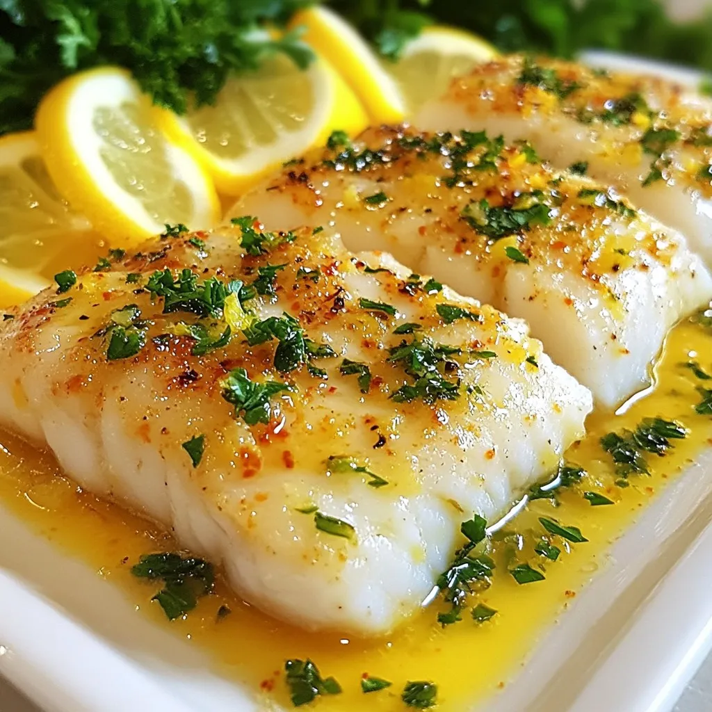 - 4 cod fillets (about 6 oz each) - 1/4 cup unsalted butter, melted - 2 tablespoons fresh lemon juice - Zest of 1 lemon - 2 garlic cloves, minced - 1 teaspoon dried oregano - 1 teaspoon paprika - Salt and pepper to taste - Fresh parsley, chopped (for garnish) - Lemon slices (for serving) To make lemon butter baked cod, you need fresh cod fillets. Choose fillets that are firm and pink. The butter makes the dish rich and adds flavor. Use unsalted butter for better control over saltiness. Fresh lemon juice and zest brighten the dish with a tangy note. Minced garlic gives it a warm depth. Oregano and paprika add savory tones. Don't forget salt and pepper. They enhance all the flavors. For garnishing, chopped parsley adds color and freshness. Serve with lemon slices for extra zing. Gather these ingredients, and you're set for a tasty meal. Enjoy the cooking adventure with this simple yet flavorful recipe! {{ingredient_image_1}} 1. Preheating the oven: Start by turning your oven to 400°F (200°C). This step helps the cod cook evenly and quickly. 2. Preparing the baking dish: Take a baking dish and line it with parchment paper. This makes cleanup easy and prevents sticking. 3. Making the lemon butter sauce: In a small bowl, mix together the melted butter, lemon juice, lemon zest, minced garlic, oregano, paprika, salt, and pepper. Stir until everything blends well. This sauce adds great flavor to the fish. 1. Arranging the cod fillets: Place the cod fillets in the prepared baking dish. Make sure they are skin-side down. This helps keep the fish moist. 2. Coating with sauce: Pour your lemon butter sauce evenly over the fillets. Ensure each piece is well coated to soak up that zesty flavor. 3. Baking time and temperature: Bake the cod in your preheated oven for 12-15 minutes. You know it’s ready when the fish turns opaque and flakes easily with a fork. 1. Resting the dish: Once the cod is done, take it out of the oven. Let it rest for a minute. This helps the flavors settle. 2. Garnishing and serving suggestions: Garnish your dish with freshly chopped parsley. Serve with lemon slices on the side for an extra burst of flavor. Enjoy your meal! - Choosing fresh cod fillets: Look for bright, shiny skin. The fish should smell like the ocean, not fishy. Fresh cod has a firm texture and should spring back when you press it. - Ensuring even cooking: Make sure the fillets are similar in size. This helps them cook at the same rate. If they vary too much, cut the larger pieces to match the smaller ones. - Checking for doneness: The cod is done when it turns opaque and flakes easily with a fork. Use a fork to poke the thickest part. If it separates easily, it’s ready! - Overcooking the fish: Cod cooks quickly. Keep an eye on it in the oven. Overcooking makes it dry and tough. Stick to the 12-15 minute cooking time. - Under-seasoning the sauce: The lemon butter sauce should be bright and flavorful. Don't skimp on salt and pepper. Taste the sauce before pouring it over the fish. - Complementary side dishes: Serve the cod with rice or roasted veggies. A fresh salad also pairs well. Try a side of garlic bread for a nice touch. - Wine pairings: A crisp white wine works best with cod. Look for a Sauvignon Blanc or a light Pinot Grigio. These wines will enhance the lemon flavors in the dish. Pro Tips Fresh Ingredients: Always use fresh lemon juice and zest for the best flavor. Fresh ingredients enhance the overall taste of the dish. Do Not Overcook: Keep an eye on the cod while baking. Cooking it for too long can make it dry. Aim for a flaky texture. Season Generously: Don't be shy with the salt and pepper. Proper seasoning is key to bringing out the flavors of the fish and the sauce. Experiment with Herbs: Feel free to substitute oregano with other herbs like thyme or dill for a different flavor profile. {{image_2}} You can swap cod with other fish like tilapia or haddock. These options are mild, just like cod. If you want a richer taste, try salmon or trout. For a plant-based option, use tofu or tempeh. When it comes to herbs and spices, feel free to mix it up. Instead of oregano, use thyme or dill for a different flavor. Try adding a bit of cayenne pepper for heat, or use Italian seasoning for a mixed herb taste. Grilling cod gives a nice smoky flavor. If you grill, preheat your grill to medium-high. Cook the fish for about 5-7 minutes on each side. It will have nice grill marks and a crispy texture. You can also use an air fryer. Set it to 380°F (193°C) and cook for about 10-12 minutes. The air fryer makes the outside crispy while keeping the inside moist. Adding vegetables is a great way to boost flavor. Try placing asparagus or zucchini around the cod while it bakes. They soak up the lemon butter sauce and add color to your dish. You can also incorporate different citrus fruits for a twist. Orange or lime juice works well. Their flavors mix nicely with lemon and give a fresh taste. To keep your lemon butter baked cod fresh, store it in the fridge. Use an airtight container. This will help keep the fish moist and tasty. Make sure the cod cools down before you seal it. It’s best to eat the leftovers within two days. When you want to reheat cod, do it gently. You can use an oven or a skillet. For the oven, set it to 350°F (175°C). Place the cod on a baking sheet. Cover it with foil to keep it from drying out. Heat for about 10 minutes. If using a skillet, add a bit of oil. Heat it on low and cook for a few minutes on each side. This keeps the fish tender. You can freeze lemon butter baked cod if you have extra. Wrap each piece tightly in plastic wrap. Then, place them in a freezer bag. Be sure to remove as much air as possible. This helps prevent freezer burn. When you are ready to eat it, thaw it in the fridge overnight. Reheat it using the instructions above for the best taste. Bake cod at 400°F for 12 to 15 minutes. The fish should turn opaque and flake easily with a fork. Thicker fillets may need a bit more time, so check for doneness. Yes, you can use frozen cod. First, thaw the fillets in the fridge overnight. Pat them dry before baking. This helps the lemon butter sauce stick better. If you're in a hurry, you can thaw them under cold running water for about 30 minutes. Lemon butter baked cod pairs well with many sides. Here are some great options: - Steamed asparagus - Garlic mashed potatoes - Roasted Brussels sprouts - Quinoa salad - Rice pilaf These sides enhance the meal and add variety to your plate. Enjoy! This blog post covered how to prepare lemon butter baked cod. You learned about the best ingredients, step-by-step baking instructions, and tips to ensure perfect results. Remember to choose fresh fillets and avoid overcooking. You can try different cooking methods and flavor combinations to make this dish your own. Use the storage tips for leftovers, and don’t forget to pair it with great sides. Enjoy your cooking journey, and impress your family or friends with this tasty meal!