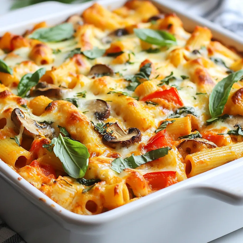To make vegan baked ziti, gather these key items: - 12 oz. ziti pasta - 2 cups marinara sauce - 1 cup nutritional yeast - 1 block (14 oz.) firm tofu, drained - 1 teaspoon garlic powder - 1 teaspoon onion powder - 1 teaspoon basil - 1 teaspoon oregano - 1/2 teaspoon salt - 1/4 teaspoon black pepper - 1 cup spinach, chopped - 1 red bell pepper, diced - 1 cup mushrooms, sliced - 1 tablespoon olive oil - Fresh basil leaves for garnish Tofu ricotta is the heart of this dish. It gives a creamy texture and cheesy flavor. The key components are: - Firm tofu provides a solid base. - Nutritional yeast adds a cheesy taste. - Garlic powder and onion powder enhance the flavor. - Basil and oregano bring herbal notes to the mix. - Salt and pepper balance the taste. You can make this dish your own with some fun twists. Consider adding: - Other veggies like zucchini or eggplant. - Vegan cheese for extra creaminess. - Red pepper flakes for spice. - Fresh herbs like parsley or thyme for a fresh touch. These options let you tailor your vegan baked ziti to your taste. {{ingredient_image_1}} First, you need to preheat your oven. Set it to 375°F (190°C). This helps the ziti cook evenly. While the oven heats up, grab a large pot. Fill it with water and add a pinch of salt. Bring this water to a boil. Once it bubbles, add 12 oz. of ziti pasta. Cook it according to the package directions until it is al dente. This usually takes about 8-10 minutes. After cooking, drain the pasta and set it aside. This is your base for the yummy ziti. Now, let’s make the tofu ricotta. You will need a blender or food processor for this. Take 1 block (14 oz.) of firm tofu and drain it well. Add it to the blender. Then, add 1 cup of nutritional yeast, 1 teaspoon of garlic powder, 1 teaspoon of onion powder, 1 teaspoon of basil, 1 teaspoon of oregano, 1/2 teaspoon of salt, and 1/4 teaspoon of black pepper. Blend this mixture until it's smooth and creamy. Taste it and see if it needs more spice. Adjust as needed. This ricotta is key to a rich flavor. Next, let’s cook the veggies. Grab a skillet and heat 1 tablespoon of olive oil over medium heat. Add in 1 diced red bell pepper and 1 cup of sliced mushrooms. Sauté these for about 5-7 minutes. You want them to get soft and tender. Then, toss in 1 cup of chopped spinach. Cook until the spinach wilts down. This adds great color and taste to your dish. Now it’s time to put everything together. In a large mixing bowl, combine the cooked ziti, 2 cups of marinara sauce, the sautéed vegetables, and your tofu ricotta. Mix it all well. You want every piece of pasta coated in flavor. After mixing, transfer the ziti mixture into a 9x13 inch baking dish. Spread it out evenly. Cover the dish with aluminum foil and bake it for 25 minutes. After that, remove the foil and bake for an extra 15 minutes. The top should look golden and bubbly. Once done, let it sit for 5 minutes before serving. This helps everything set nicely. Garnish with fresh basil leaves for a pop of color and flavor. Enjoy your delicious vegan baked ziti! Tofu ricotta is a game-changer in vegan baked ziti. Start with firm tofu. Make sure to drain it well. This step removes excess water. It helps create a creamy texture. Blend the tofu with nutritional yeast, garlic powder, onion powder, basil, oregano, salt, and pepper. Blend until smooth and creamy. Taste your ricotta mixture. Adjust seasonings as needed. If you like garlic, add more garlic powder. You can also mix in some lemon juice for a tangy kick. This layer adds depth and flavor to your baked ziti. Perfectly cooked ziti is key for great texture. Start with a large pot of salted water. Bring it to a rolling boil before adding your pasta. Follow the package instructions, but check for doneness a minute early. Al dente means the pasta should be firm to the bite. Once cooked, drain the ziti right away. Don't rinse it. Rinsing removes starch that helps with sauce sticking. This helps hold your dish together. Storing vegan baked ziti is simple. Allow it to cool to room temperature first. Then, cover it tightly with plastic wrap or transfer it to an airtight container. This helps keep it fresh. Store in the fridge for up to four days. You can also freeze leftovers for later. Cut the ziti into portions and wrap them well. Use freezer-safe containers or bags. This way, you can enjoy it anytime! Just thaw in the fridge before reheating. Pro Tips Use Fresh Ingredients: Fresh vegetables and herbs will enhance the flavor of your baked ziti and make it more vibrant. Experiment with Spices: Don't hesitate to add your favorite spices or herbs to the tofu ricotta for a personalized flavor profile. Make Ahead: You can prepare the ziti mixture a day in advance and store it in the fridge, making dinner even easier on busy nights. Try Different Veggies: Feel free to substitute or add other vegetables like zucchini, broccoli, or eggplant for variety and extra nutrients. {{image_2}} You can mix up your vegan baked ziti by adding more veggies. Try using broccoli, zucchini, or eggplant. These options add color and nutrition. You can also use frozen vegetables for convenience. Just make sure to thaw and drain them first. This gives you a tasty dish that fits your taste. If you want to change the sauce, you have options! Use pesto instead of marinara for a fresh twist. A creamy vegan alfredo can also work well. Add a splash of red wine or balsamic vinegar to boost the flavor of the sauce. Don't be afraid to experiment to find your favorite blend. To make this dish gluten-free, choose gluten-free ziti or penne pasta. Many brands make good options using rice or corn. To avoid nuts, skip any nut-based cheeses and stick with tofu ricotta. This way, you can enjoy the meal without worry. Each variation keeps the dish full of flavor and fun! You can store leftover vegan baked ziti in an airtight container. Make sure it cools first. Place it in the fridge for up to five days. When storing, keep it covered. This keeps it fresh and tasty. To freeze, let the ziti cool completely. Portion it into freezer-safe containers. You can freeze it for up to three months. Label the containers with the date. This helps you know when to use them. When ready to eat, thaw the ziti in the fridge overnight. Preheat your oven to 350°F (175°C). Place the ziti in a baking dish and cover it with foil. Bake for about 20 minutes. This keeps it moist and prevents it from drying out. Enjoy your hearty meal! Yes, you can use any pasta you like. Penne, rigatoni, or fusilli all work well. Just make sure the pasta shape can hold the sauce. Cook the pasta as the package says. Follow the same steps to mix it with the sauce and veggies. To make this vegan baked ziti gluten-free, choose gluten-free pasta. Many brands offer great options. Also, check your marinara sauce for gluten. Most are safe, but it's good to check. This way, you can enjoy a tasty meal without gluten. If you don't have nutritional yeast, try using vegan cheese. You can also blend soaked cashews with a little lemon juice and garlic. This will give a creamy texture and a cheesy taste. Another option is to use a store-bought vegan cheese substitute. Vegan baked ziti lasts about 3 to 5 days in the fridge. Store it in an airtight container to keep it fresh. Reheat it in the oven or microwave before serving. This makes it easy to enjoy leftovers without losing flavor. In this post, we explored how to make vegan baked ziti. We covered all the key ingredients, including tofu ricotta and ways to customize your dish. Step-by-step, I detailed how to prepare, assemble, and bake this tasty meal. You learned valuable tips, variations, and storage information to fit your needs. Vegan baked ziti is not just delicious; it’s a fun dish to make. Enjoy creating this meal for your family or friends!