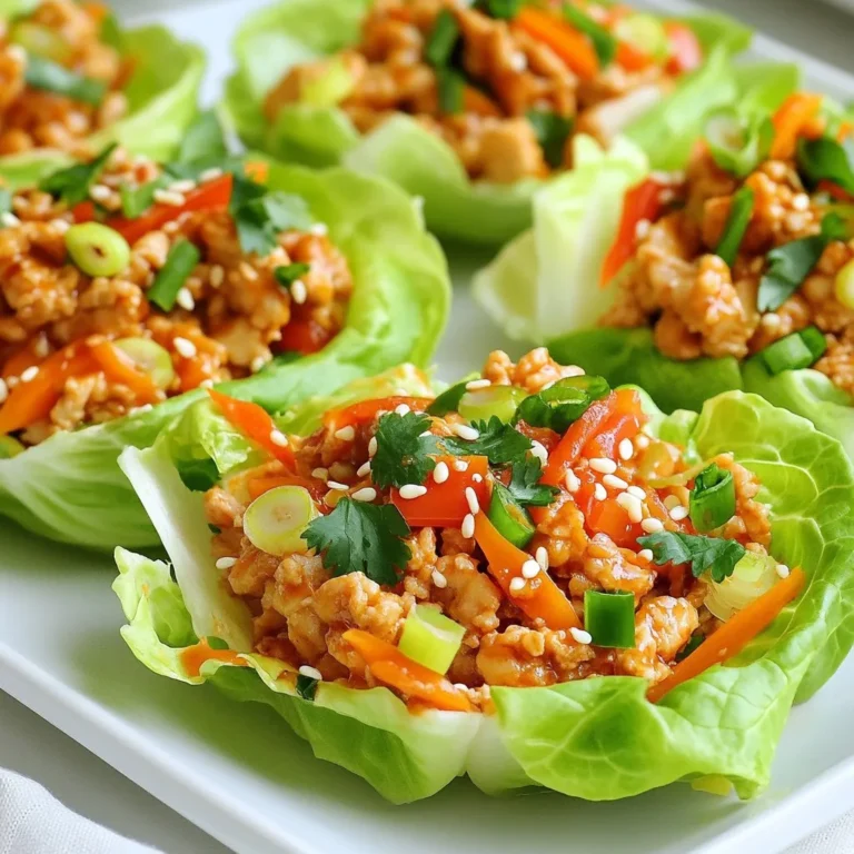 - 1 lb ground chicken - 1 tablespoon olive oil - 1 red bell pepper, finely diced - 1 carrot, grated - 2 green onions, sliced - 3 garlic cloves, minced - 2 tablespoons fresh ginger, minced - 1/4 cup sweet chili sauce - 2 tablespoons soy sauce - 1 tablespoon lime juice - Salt and pepper to taste - 1 head of iceberg or butter lettuce, leaves separated - Chopped cilantro and sesame seeds for garnish When choosing fresh ingredients, look for bright colors and firm textures. The ground chicken should be pink and moist, with no gray areas. Pick a red bell pepper that feels heavy for its size. It should have smooth skin and no blemishes. The carrot should be crisp and free from soft spots. For lettuce, choose leaves that are vibrant and crisp. Avoid any wilted or brown edges. Fresh ginger should feel firm and have a strong aroma. Garlic cloves need to be plump and unblemished. If you have a chicken allergy, try ground turkey or tofu instead. For a gluten-free option, use tamari instead of soy sauce. If you're vegan, replace the ground chicken with a plant-based meat alternative. For a nut-free version, just check that your sweet chili sauce does not contain nuts. You can also skip the sesame seeds if you need to avoid them. If you don't like cilantro, try parsley for a different taste. {{ingredient_image_1}} Start by gathering your ingredients. You will need ground chicken, olive oil, garlic, ginger, and veggies. Heat the olive oil in a large skillet over medium heat. Add minced garlic and ginger. Sauté for one minute until they smell great. Then, add the ground chicken. Break it apart with a spatula. Cook for about 5 to 7 minutes until it turns brown and no longer pink. Next, mix in the finely diced red bell pepper and grated carrot. Cook for 3 to 4 minutes until they soften a bit. To ensure the chicken is juicy, don’t overcrowd the pan. This keeps the heat high. Stir the chicken often for even cooking. When the chicken is ready, pour in the sweet chili sauce, soy sauce, and lime juice. Mix everything well. Let it simmer for about 2 minutes so the flavors blend. This step helps the chicken soak up all the yummy flavors. Season with salt and pepper to taste. Now it’s time to make the lettuce cups. Take a head of iceberg or butter lettuce. Carefully separate the leaves and set them on a plate. Spoon a generous amount of the chicken mixture into each leaf. Make sure to fill them well. These little cups are fun to eat! Finally, add garnishes like sliced green onions, chopped cilantro, and a sprinkle of sesame seeds. They add color and extra flavor. Enjoy your fresh and tasty Sweet Chili Chicken Lettuce Cups! To boost flavor, add fresh herbs like cilantro or basil. They bring brightness to the dish. You can also try a pinch of red pepper flakes for heat. For a deeper taste, sprinkle some ground cumin or coriander. These spices make your chicken taste rich and warm. Use lime zest to add a fresh zing to your cups. The more you experiment, the more you'll find flavors you love! For tender chicken, use medium heat while cooking. Start by sautéing garlic and ginger, which adds flavor. When you add the ground chicken, break it up with a spatula. This helps it cook evenly. Cook until it is no longer pink, about 5-7 minutes. If you overcook it, the chicken can become dry. Remember to add sauces near the end to keep the chicken moist and flavorful. Serve these lettuce cups with a side of jasmine rice or quinoa. They add a nice contrast to the fresh lettuce. You can also pair them with a light cucumber salad. This keeps the meal bright and refreshing. For a fun twist, serve with pickled vegetables. They add crunch and tang. Don't forget to garnish with chopped cilantro and sesame seeds for an extra touch! Pro Tips Use Fresh Ingredients: Fresh vegetables and herbs will enhance the flavor and texture of your lettuce cups, making them more vibrant and delicious. Adjust Spice Level: If you prefer a spicier kick, consider adding some chopped chili peppers or a dash of hot sauce to the chicken mixture. Make-Ahead Option: You can prepare the chicken mixture in advance and store it in the refrigerator. Just assemble the cups right before serving for a fresh taste. Try Different Greens: While iceberg or butter lettuce works well, you can also experiment with other greens like romaine or even collard greens for a different flavor and texture. {{image_2}} You can switch out the ground chicken for other proteins. Ground turkey works well and has a similar taste. If you prefer red meat, try ground beef or pork. For a lighter option, shredded chicken is great too. Just remember to adjust the cooking time based on the protein you choose. To make this dish vegetarian or vegan, replace the chicken with mushrooms or tofu. Both options soak up flavors nicely. Use firm tofu for a good texture. Simply sauté it until golden brown. You can also add more veggies, like zucchini or bell peppers, for added crunch and flavor. While sweet chili sauce is a star, feel free to explore other sauces. Hoisin sauce adds a rich flavor. Sriracha can bring heat if you like spicy food. For a tangy twist, try adding a splash of teriyaki sauce. Mixing different sauces can create a unique taste each time. Enjoy experimenting! To keep your Sweet Chili Chicken Lettuce Cups fresh, place leftovers in an airtight container. Make sure the chicken mixture and lettuce leaves are stored separately. This way, the lettuce stays crisp. You can store the chicken mixture in the fridge for about 3-4 days. If you store it well, you can enjoy those flavors later! When you're ready to eat leftovers, heat the chicken mixture in a skillet over medium heat. Stir it well to ensure even warming. This takes about 5-7 minutes. Avoid using a microwave, as it can make the chicken rubbery. Once warmed, spoon it into fresh lettuce leaves and enjoy the crunch! To freeze the chicken mixture, let it cool first. Then, place it in a freezer-safe container. It can last up to 3 months in the freezer. When you're ready to eat, thaw the mixture in the fridge overnight. Reheat it in a skillet before serving. Fresh lettuce leaves are best added just before eating! Yes, you can use different lettuces. Romaine or butter lettuce works well. Both types have sturdy leaves, making them great for holding the filling. If you want a crunchy bite, use iceberg lettuce. Each type adds its own taste and texture. This allows you to customize your dish based on what you prefer. To add heat, you can mix in red pepper flakes. Start with a small amount, like half a teaspoon. If you want more spice, add a little more. You can also use sriracha or chopped fresh chili peppers in the chicken mixture. These additions bring a nice kick to your Sweet Chili Chicken Lettuce Cups. This dish pairs well with many sides. You could serve jasmine rice or quinoa for a filling meal. A light salad with cucumber and carrots adds freshness. For a crunchy side, try vegetable spring rolls. These options balance the flavors and textures of the lettuce cups. This article covered how to make delicious Sweet Chili Chicken Lettuce Cups. You learned about key ingredients and how to select fresh ones. We explored cooking methods, tips for perfect chicken, and fun variations. I shared ways to store leftovers and answered common questions. Now, it's time to try this simple recipe. You can enjoy tasty, healthy meals with friends and family. Experiment with flavors and have fun in the kitchen! You won't regret it.