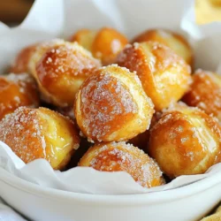 To make cinnamon sugar pretzel bites, you need some key ingredients: - 1 and 1/2 cups warm water (about 110°F) - 2 tablespoons granulated sugar - 1 packet (2 and 1/4 teaspoons) active dry yeast - 4 cups all-purpose flour - 1 teaspoon salt - 1/3 cup baking soda - 1 egg (beaten, for egg wash) - 1/2 cup granulated sugar (for coating) - 2 teaspoons ground cinnamon - Melted butter (for brushing) These ingredients create a soft and chewy pretzel with a sweet cinnamon flavor that everyone loves. If you lack some ingredients, here are simple substitutes: - Warm Water: Use milk for a richer flavor. - Granulated Sugar: Brown sugar can add a deeper taste. - Active Dry Yeast: Use instant yeast, but skip the proofing step. - All-Purpose Flour: Whole wheat flour can add fiber. - Salt: Sea salt works perfectly too. - Baking Soda: No substitutes here; baking soda is key for that classic pretzel taste. - Egg Wash: Use milk or a vegan alternative for a golden look. - Ground Cinnamon: Nutmeg can give a different twist. These swaps keep your pretzel bites tasty and fun. To make these treats, gather a few kitchen tools: - A large mixing bowl - A slotted spoon - A baking sheet - Parchment paper - A pot for boiling - A rolling pin (optional, for shaping) - Measuring cups and spoons Having the right tools makes the process easier and more enjoyable. {{ingredient_image_1}} To start, grab a large mixing bowl. Pour in 1 and 1/2 cups of warm water. The water should be about 110°F. Mix in 2 tablespoons of granulated sugar. Next, sprinkle 1 packet of active dry yeast over the top. Let it sit for about 5 to 10 minutes. Watch for bubbles. This means the yeast is alive! Now, stir in 4 cups of all-purpose flour and 1 teaspoon of salt. Mix until a dough forms. Knead the dough on a floured surface for 5 to 7 minutes. You want it smooth and elastic. Once done, place the dough in a greased bowl. Cover it with a damp cloth. Let it rise in a warm spot for about 1 hour. When it doubles in size, it’s ready! While the dough is rising, preheat your oven to 425°F. Line a baking sheet with parchment paper. Next, fill a large pot with about 8 cups of water and bring it to a boil. Carefully stir in 1/3 cup of baking soda. This step is important! The baking soda gives pretzel bites their unique flavor and color. After the dough has risen, punch it down. Divide it into small pieces, about 1 inch each. Roll each piece into a rope and twist it into a pretzel shape. If you prefer, you can make small bites instead. Now, boil the pretzel bites for about 30 seconds. Use a slotted spoon to take them out. Place them on the lined baking sheet. This boiling step is key for that chewy texture! It’s time to bake! Brush each pretzel bite with a beaten egg. This gives them a beautiful golden color. Bake them in the preheated oven for 12 to 15 minutes. Keep an eye on them! They should be golden brown when done. Once baked, take them out and let them cool slightly. In a small bowl, mix 1/2 cup of granulated sugar with 2 teaspoons of ground cinnamon. Brush each pretzel bite with melted butter. Roll them in the cinnamon sugar mixture until they are coated. Enjoy these warm, tasty treats right away! To make the perfect dough, start with warm water. It should be around 110°F. Mix in sugar and sprinkle yeast on top. Let it sit until frothy, about 5 to 10 minutes. This shows your yeast is active. Next, stir in flour and salt until dough forms. Knead the dough for 5 to 7 minutes. It should feel smooth and elastic. Place it in a greased bowl, cover it, and let it rise. The dough needs about an hour in a warm spot to double in size. Boiling pretzel bites is key for that classic texture. Use a large pot with about 8 cups of water. Add baking soda carefully. This step gives the pretzels a nice brown color. Once the water boils, drop in your pretzel bites for 30 seconds. Use a slotted spoon to remove them. Let them drain a bit before placing them on your baking sheet. This helps keep them from getting soggy. To get delightful flavor, brush the baked pretzel bites with melted butter. Then, roll them in a mix of cinnamon and sugar. This adds a sweet and warm taste. For the best texture, bake them at 425°F. Keep an eye on them. They should turn golden brown in about 12 to 15 minutes. Serve them warm for the best experience! Pro Tips Use Warm Water: Make sure the water is warm but not hot; around 110°F is ideal for activating the yeast without killing it. Kneading for Texture: Knead the dough until it's smooth and elastic; this step is crucial for achieving the perfect pretzel bite texture. Boiling for Authenticity: Don’t skip the baking soda bath; it gives the pretzels their classic flavor and chewy texture. Coating with Butter: Brush the pretzel bites with melted butter right after baking to help the cinnamon sugar stick better. {{image_2}} You can change the flavor of your pretzel bites. Try adding garlic powder for a savory twist. Mix in some Parmesan cheese with the cinnamon sugar for a cheesy delight. You can even roll them in crushed nuts for extra crunch. You can get creative with spices like pumpkin pie spice or cocoa powder. Each new flavor brings a fun surprise. If you need gluten-free pretzel bites, use gluten-free flour. Make sure to check the flour label. For a vegan version, skip the egg wash. Brush the pretzel bites with a bit of plant-based milk instead. You can also use maple syrup or agave in the dough for sweetness. These changes keep your treats tasty and suitable for all diets. Serving your pretzel bites can be fun too! Try placing them in a cute basket lined with parchment paper. Add a small bowl of creamy cheese dip or chocolate sauce on the side. You can also sprinkle some sea salt on top for added flavor. For a special touch, serve them at parties with different dips for guests to enjoy. The options are endless, making your treat a star at any gathering. To store your cinnamon sugar pretzel bites, let them cool first. Place them in an airtight container. They will stay fresh at room temperature for about two days. For longer storage, keep them in the fridge. They will last up to a week this way. Just make sure to seal the container well. You can also wrap them in plastic wrap for added protection. When you're ready to enjoy the pretzel bites again, reheating is key. Preheat your oven to 350°F (175°C). Place the bites on a baking sheet. Heat them for about 5 to 7 minutes. This will help them regain a crispy texture. If you want, you can brush them with a little melted butter before reheating. This adds flavor and moisture. If you want to freeze your pretzel bites, start by letting them cool completely. Once cool, arrange them in a single layer on a baking sheet. Freeze them for about an hour until firm. Then, transfer the bites to a freezer-safe bag or container. They will last up to three months. When you're ready to eat them, thaw them in the fridge overnight. Reheat as mentioned above for the best results. To keep pretzel bites fresh, store them in an airtight container. This helps keep them soft. You can also wrap them in plastic wrap. If you want them extra fresh, place a slice of bread in the container. The bread keeps the bites moist. For best taste, enjoy them within two days. Yes, you can make the dough ahead of time. After kneading, let it rise as usual. Once it rises, punch it down and wrap it tightly. Store it in the fridge for up to 24 hours. When ready to use, let it come to room temperature before shaping. This way, you can enjoy fresh pretzel bites anytime. You can find pre-made cinnamon sugar pretzel bites at many grocery stores. Look in the frozen section or the snack aisle. Some bakeries may also sell them fresh. If you're in a hurry, check local food trucks or fairs. They often serve warm pretzel bites. You can make delicious cinnamon sugar pretzel bites with simple ingredients and easy steps. We discussed essential ingredients, common substitutes, and the necessary equipment. I shared step-by-step instructions to help you prep, boil, and bake perfectly. Remember the tips for dough texture and boiling practices for the best results. Explore variations like gluten-free options and fun serving ideas. Lastly, store your pretzel bites well and revisit leftovers through reheating and freezing methods. Enjoy making these treats! You’ll love their sweet flavor and soft texture.