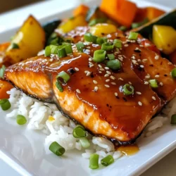 Let’s gather what you need for this tasty dish. Here is a simple list of ingredients: - 4 salmon fillets (6 oz each) - 1/4 cup honey - 2 tablespoons Sriracha sauce - 2 tablespoons soy sauce - 1 tablespoon rice vinegar - 1 teaspoon minced garlic - 1 teaspoon grated ginger - Salt and pepper to taste - 1 tablespoon sesame oil - 2 green onions, sliced (for garnish) - Sesame seeds (for garnish) Each ingredient plays a key role. The salmon gives you a rich base. Honey adds sweetness. Sriracha brings heat, while soy sauce adds depth. Rice vinegar gives a nice tang. Garlic and ginger add warmth and flavor. Sesame oil offers a nutty touch. When you mix these ingredients, the magic happens. You create a glaze that is both sweet and spicy. This glaze coats the salmon, making it shine. It also brings a burst of flavor in every bite. With fresh green onions and sesame seeds as toppings, the dish looks beautiful. Each ingredient complements the others well. Together, they make this honey Sriracha glazed salmon a dish you will love to share. {{ingredient_image_1}} - In a small bowl, whisk together: - 1/4 cup honey - 2 tablespoons Sriracha sauce - 2 tablespoons soy sauce - 1 tablespoon rice vinegar - 1 teaspoon minced garlic - 1 teaspoon grated ginger Mix until smooth. The sauce should be thick but pourable. Taste it, and adjust the flavors if needed. - Take 4 salmon fillets and put them in a shallow dish. - Season the fillets with salt and pepper. - Pour the marinade over the salmon. Make sure each piece is well coated. - Cover the dish with plastic wrap. Let it sit in the fridge for at least 30 minutes. This helps the salmon soak up the flavors. - Preheat your oven to 400°F (200°C). - Line a baking sheet with parchment paper. - Place the marinated salmon fillets skin-side down on the sheet. - Drizzle 1 tablespoon of sesame oil over the salmon. - Bake for 12-15 minutes. The salmon should flake easily with a fork when done. - For a richer finish, switch to broil for 2-3 minutes after baking. - Keep a close eye on it to prevent burning. This step adds a nice caramelized look. - Once out of the oven, let the salmon rest a minute. - Garnish with sliced green onions and sesame seeds. - Serve the salmon on a bed of jasmine rice and veggies. Use any leftover marinade over the rice for extra flavor. To get that perfect glaze on your salmon, timing is key. Bake the salmon at 400°F (200°C) for 12-15 minutes. This allows the glaze to caramelize nicely without burning. If you want a deeper flavor, let it broil for 2-3 minutes at the end. Just keep an eye on it to avoid burning. For the marinade, I suggest marinating the salmon for at least 30 minutes. This lets the flavors soak in well. You can also marinate it for a few hours for even more taste. Just remember to keep it in the fridge while it marinates. When it comes to sides, jasmine rice and roasted veggies are great with this dish. The rice absorbs the glaze well, and the veggies add color and crunch. You can also serve it on a salad for a lighter option. Some fresh herbs, like cilantro or basil, can brighten the plate and add freshness. If you want to get creative, serve the salmon in tacos. Use soft tortillas and add some slaw for crunch. Drizzle with extra glaze for an added kick. To check if your salmon is done, use the flaking test. Take a fork and gently press down on the salmon. If it flakes easily, it is ready. If not, give it a few more minutes in the oven. For storage, let the salmon cool completely before placing it in an airtight container. It will stay fresh in the fridge for up to three days. If you plan to keep it longer, consider freezing it. Just make sure to wrap it tightly to avoid freezer burn. Pro Tips Use Fresh Ingredients: Fresh salmon and high-quality honey will enhance the flavor of your glaze. Adjust the Spice Level: If you prefer a milder flavor, reduce the amount of Sriracha or add a bit of lime juice to balance the heat. Check for Doneness: Salmon is perfectly cooked when it flakes easily with a fork. Avoid overcooking to keep it moist. Let it Rest: Allow the salmon to rest for a few minutes after baking to let the juices redistribute for a more flavorful bite. {{image_2}} Using Different Sauces You can change the sauce for fun flavors. Try hoisin sauce for a sweet twist. Teriyaki sauce adds a nice umami kick. If you like a zesty touch, use lime juice instead of rice vinegar. Each sauce brings its own taste to the dish. Salmon Substitutes If you can't find salmon, don’t worry! Trout works well as an alternative. You can also use cod or tilapia for a lighter meal. Just adjust cooking time since different fish cook at different rates. Grilling vs. Baking Grilling gives salmon a smoky taste. Just make sure to oil your grill to prevent sticking. Bake it in the oven for a more hands-off approach. Both methods yield delicious results, so choose what suits your mood. Pan-Seared Option Pan-searing is quick and gives a nice crust. Heat oil in a pan, add the salmon skin-side down, and cook for about 4 minutes. Flip and cook for another 3-4 minutes. This method keeps the fish moist and adds a great texture. Spice Level Adjustments Want it spicier? Add more Sriracha to the marinade. If you prefer it milder, reduce the Sriracha or add a touch of honey. It’s all about finding the right balance for your taste. Sweetness Balance To adjust sweetness, add more honey if you like it sweeter. If it’s too sweet, mix in a splash of soy sauce. This will help cut the sweetness and add depth to the flavor. To keep your honey Sriracha glazed salmon fresh, always seal it well. Use an airtight container or wrap it tightly in plastic wrap. This helps avoid any air exposure. Your salmon will stay good in the fridge for up to three days. If you want to save it for later, freezing is a great choice. Place the salmon in a freezer-safe bag, removing as much air as possible. This will help prevent freezer burn. You can store it in the freezer for up to three months. For thawing, move the salmon to the fridge the night before you plan to cook it. This keeps it at a safe temperature while it thaws. When you're ready to enjoy your salmon again, you can reheat it in two ways: the oven or the microwave. - Oven Method: Preheat your oven to 350°F (175°C). Place the salmon on a baking sheet and warm it for about 10-15 minutes. This method keeps the glaze nice and sticky. - Microwave Method: If you're short on time, the microwave works too. Place the salmon on a plate and cover it with a damp paper towel. Heat it in 30-second bursts, checking often to avoid overcooking. To keep the flavor and texture, aim for gentle heating. Enjoy your delicious salmon again! Marinating salmon for at least 30 minutes works well. This time lets the fish soak up the honey and Sriracha. If you have more time, you can marinate it for up to two hours. Longer marinating adds more flavor. Just be careful not to overdo it, as the fish can become too soft. Yes, you can use other fish like trout or tilapia. Both have a mild taste that pairs well with the honey Sriracha glaze. Make sure to adjust cooking times based on the thickness of the fish. Thinner fillets will cook faster than salmon. If you don’t have Sriracha, you can use other hot sauces. Try chili paste or gochujang for a different flavor. You can also mix hot sauce with a bit of honey to mimic the sweet and spicy balance. The spice level depends on how much Sriracha you use. A standard 2 tablespoons gives a nice kick but is not overwhelming. If you prefer less heat, reduce the Sriracha or choose a milder sauce. To check for doneness, use a fork to flake the salmon. If it flakes easily, it’s done. The salmon should also be opaque and have a nice glaze on top. Cooking time is about 12-15 minutes at 400°F. For extra assurance, you can use a food thermometer; it should read 145°F. This blog post provided a clear guide on making delicious honey Sriracha salmon. We covered ingredients, step-by-step instructions, and helpful tips. You learned how to marinate and bake salmon to get the best flavor. Remember, you can experiment with different sauces and cooking methods to personalize your dish. Enjoy the journey in the kitchen, and don’t hesitate to get creative with flavors. Following these steps can lead to great meals you'll love to share.