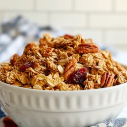 To make Maple Pecan Granola Clusters, gather these simple ingredients: - 2 cups rolled oats - 1 cup pecans, chopped - 1/2 cup sunflower seeds - 1/2 cup maple syrup - 1/4 cup coconut oil, melted - 1/2 teaspoon vanilla extract - 1/2 teaspoon cinnamon - 1/4 teaspoon salt - 1/2 cup dried cranberries (optional) Having these ingredients ready makes the cooking process smooth and fun. You can personalize your granola by adding extras. Here are some tasty options: - Chopped almonds for crunch - Flaxseeds for extra fiber - Dark chocolate chips for sweetness - Coconut flakes for a tropical feel These add-ins can boost flavor and texture, making your granola unique. This granola is not just delicious; it is also good for you. Here are some key points: - Rolled oats provide whole grains and fiber. - Pecans offer healthy fats and protein. - Sunflower seeds add vitamins and minerals. - Maple syrup gives a natural sweetness without refined sugar. This snack can provide energy and keep you feeling full. It's a great choice for breakfast or a snack. {{ingredient_image_1}} 1. Preheat the oven to 325Β°F (163Β°C). This temperature helps the granola cook evenly. 2. Line a baking sheet with parchment paper. This makes cleanup easy and prevents sticking. 3. In a large bowl, mix 2 cups of rolled oats, 1 cup of chopped pecans, and 1/2 cup of sunflower seeds. Stir them well so they blend together. 4. In a small bowl, whisk together 1/2 cup of maple syrup, 1/4 cup of melted coconut oil, 1/2 teaspoon of vanilla extract, 1/2 teaspoon of cinnamon, and 1/4 teaspoon of salt. Make sure it is smooth and combined. 5. Pour the wet mix over the dry ingredients. Stir until everything is coated well. This helps the flavors mix. 6. Spread the granola mixture onto the lined baking sheet. Make it even and flat. 7. Press down firmly with a spatula to form clusters. This step is key for crunchy bits. 8. Bake for 20-25 minutes. Stir halfway through to ensure even cooking. Look for a golden brown color. 9. Remove from the oven and let it cool on the baking sheet completely. This helps the clusters stick together. 10. If using, sprinkle in 1/2 cup of dried cranberries after cooling. This adds a nice touch of sweetness. 11. Break into clusters of your desired size. Store the granola in an airtight container at room temperature. It lasts up to two weeks. To get those perfect clusters in your granola, you need to press the mixture down. After you spread the granola on the baking sheet, use a spatula to press it firmly. The more you press, the better your clusters will stick together. Bake until golden brown, and let it cool completely. This cooling step helps the clusters form nicely. You can boost the flavor of your granola by adding spices. Try adding nutmeg for warmth or a touch of ginger for zest. If you like a sweeter taste, mix in some brown sugar or honey. Adding dried fruits, like cranberries or raisins, will give your granola nice bursts of flavor. You can also sprinkle in some chocolate chips after baking for a sweet surprise. One mistake is not mixing the wet and dry ingredients well. Make sure everything is coated evenly. Another common error is not letting the granola cool completely before breaking it apart. If you do this too soon, youβll get smaller bits instead of nice clusters. Lastly, avoid opening the oven door too often while baking. This can cause uneven cooking. Pro Tips Use Fresh Ingredients: Ensure your oats and nuts are fresh for the best flavor and crunch in your granola clusters. Press Firmly: Press the granola mixture down firmly on the baking sheet to help form clusters during baking. Experiment with Add-Ins: Feel free to add other nuts, seeds, or dried fruits to customize your granola according to your taste. Cool Completely: Allow the granola to cool completely on the baking sheet before breaking it into clusters to ensure they hold their shape. {{image_2}} If you want to switch up the nuts, try walnuts or almonds. These nuts add a nice crunch. You could also use hazelnuts for a richer taste. Each nut brings its own flavor and texture to the mix. Choose what you like best or what you have on hand. Maple syrup gives this granola a great taste, but you can use honey or agave syrup. These options work well too. If you prefer a sugar-free choice, try using a sugar substitute like stevia. Just keep in mind that it may change the texture a bit. Want to spice it up? Add some cocoa powder for a chocolate twist. You could also mix in some chia seeds or flaxseeds for added nutrition. If you enjoy spices, try adding nutmeg or cardamom for a warm flavor. Each of these additions can make your granola unique and delicious! To keep your maple pecan granola clusters fresh, store them in an airtight container. This method keeps moisture out and maintains the crunch. Glass jars work great, but plastic containers are fine too. Make sure they are completely cool before sealing. I like to layer parchment paper between clusters to prevent them from sticking together. When stored properly, these clusters can last up to two weeks at room temperature. If you notice any softening, itβs time to eat them! For best quality, keep them away from direct sunlight and heat. If you live in a humid area, consider refrigerating them to extend their shelf life. You can freeze maple pecan granola clusters for longer storage. First, let them cool completely. Then, place clusters in a freezer-safe bag or container. Be sure to remove as much air as possible to prevent freezer burn. They can last for up to three months in the freezer. When you're ready to enjoy, just thaw them at room temperature or pop them in the oven for a quick crisp! Yes, you can make this granola gluten-free. Just use certified gluten-free rolled oats. This choice ensures you avoid any gluten exposure. Always check the labels to be sure. Many brands now offer gluten-free oats. They taste just as good as regular oats. You can easily change this recipe to fit your taste. Add your favorite nuts like almonds or walnuts. Try different seeds, like pumpkin or flaxseeds. You can also swap maple syrup for honey or agave. Want a little more sweetness? Add chocolate chips or dried fruit. Mix in spices like nutmeg or cardamom for extra flavor. Maple syrup has some great health benefits. It contains antioxidants, which help fight free radicals. It also has minerals like manganese and zinc. Manganese helps with bone health and metabolism. Zinc supports your immune system. Plus, it has a lower glycemic index than sugar. This means it raises blood sugar slower. Enjoying it in moderation can be part of a healthy diet. This article covered how to make tasty granola. We discussed the complete ingredient list, optional add-ins, and their nutrition. I shared step-by-step instructions for preparation, baking, and serving. You learned tips for perfect clusters and flavor tricks while avoiding common mistakes. We explored nut and sweetener swaps, plus storage and freezing methods. Finally, I answered FAQs on gluten-free options and health benefits. Granola making is fun and easy. Enjoy your delicious creations!