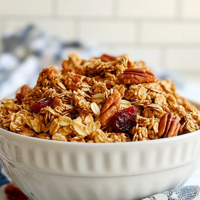 To make Maple Pecan Granola Clusters, gather these simple ingredients: - 2 cups rolled oats - 1 cup pecans, chopped - 1/2 cup sunflower seeds - 1/2 cup maple syrup - 1/4 cup coconut oil, melted - 1/2 teaspoon vanilla extract - 1/2 teaspoon cinnamon - 1/4 teaspoon salt - 1/2 cup dried cranberries (optional) Having these ingredients ready makes the cooking process smooth and fun. You can personalize your granola by adding extras. Here are some tasty options: - Chopped almonds for crunch - Flaxseeds for extra fiber - Dark chocolate chips for sweetness - Coconut flakes for a tropical feel These add-ins can boost flavor and texture, making your granola unique. This granola is not just delicious; it is also good for you. Here are some key points: - Rolled oats provide whole grains and fiber. - Pecans offer healthy fats and protein. - Sunflower seeds add vitamins and minerals. - Maple syrup gives a natural sweetness without refined sugar. This snack can provide energy and keep you feeling full. It's a great choice for breakfast or a snack. {{ingredient_image_1}} 1. Preheat the oven to 325Β°F (163Β°C). This temperature helps the granola cook evenly. 2. Line a baking sheet with parchment paper. This makes cleanup easy and prevents sticking. 3. In a large bowl, mix 2 cups of rolled oats, 1 cup of chopped pecans, and 1/2 cup of sunflower seeds. Stir them well so they blend together. 4. In a small bowl, whisk together 1/2 cup of maple syrup, 1/4 cup of melted coconut oil, 1/2 teaspoon of vanilla extract, 1/2 teaspoon of cinnamon, and 1/4 teaspoon of salt. Make sure it is smooth and combined. 5. Pour the wet mix over the dry ingredients. Stir until everything is coated well. This helps the flavors mix. 6. Spread the granola mixture onto the lined baking sheet. Make it even and flat. 7. Press down firmly with a spatula to form clusters. This step is key for crunchy bits. 8. Bake for 20-25 minutes. Stir halfway through to ensure even cooking. Look for a golden brown color. 9. Remove from the oven and let it cool on the baking sheet completely. This helps the clusters stick together. 10. If using, sprinkle in 1/2 cup of dried cranberries after cooling. This adds a nice touch of sweetness. 11. Break into clusters of your desired size. Store the granola in an airtight container at room temperature. It lasts up to two weeks. To get those perfect clusters in your granola, you need to press the mixture down. After you spread the granola on the baking sheet, use a spatula to press it firmly. The more you press, the better your clusters will stick together. Bake until golden brown, and let it cool completely. This cooling step helps the clusters form nicely. You can boost the flavor of your granola by adding spices. Try adding nutmeg for warmth or a touch of ginger for zest. If you like a sweeter taste, mix in some brown sugar or honey. Adding dried fruits, like cranberries or raisins, will give your granola nice bursts of flavor. You can also sprinkle in some chocolate chips after baking for a sweet surprise. One mistake is not mixing the wet and dry ingredients well. Make sure everything is coated evenly. Another common error is not letting the granola cool completely before breaking it apart. If you do this too soon, youβll get smaller bits instead of nice clusters. Lastly, avoid opening the oven door too often while baking. This can cause uneven cooking. Pro Tips Use Fresh Ingredients: Ensure your oats and nuts are fresh for the best flavor and crunch in your granola clusters. Press Firmly: Press the granola mixture down firmly on the baking sheet to help form clusters during baking. Experiment with Add-Ins: Feel free to add other nuts, seeds, or dried fruits to customize your granola according to your taste. Cool Completely: Allow the granola to cool completely on the baking sheet before breaking it into clusters to ensure they hold their shape. {{image_2}} If you want to switch up the nuts, try walnuts or almonds. These nuts add a nice crunch. You could also use hazelnuts for a richer taste. Each nut brings its own flavor and texture to the mix. Choose what you like best or what you have on hand. Maple syrup gives this granola a great taste, but you can use honey or agave syrup. These options work well too. If you prefer a sugar-free choice, try using a sugar substitute like stevia. Just keep in mind that it may change the texture a bit. Want to spice it up? Add some cocoa powder for a chocolate twist. You could also mix in some chia seeds or flaxseeds for added nutrition. If you enjoy spices, try adding nutmeg or cardamom for a warm flavor. Each of these additions can make your granola unique and delicious! To keep your maple pecan granola clusters fresh, store them in an airtight container. This method keeps moisture out and maintains the crunch. Glass jars work great, but plastic containers are fine too. Make sure they are completely cool before sealing. I like to layer parchment paper between clusters to prevent them from sticking together. When stored properly, these clusters can last up to two weeks at room temperature. If you notice any softening, itβs time to eat them! For best quality, keep them away from direct sunlight and heat. If you live in a humid area, consider refrigerating them to extend their shelf life. You can freeze maple pecan granola clusters for longer storage. First, let them cool completely. Then, place clusters in a freezer-safe bag or container. Be sure to remove as much air as possible to prevent freezer burn. They can last for up to three months in the freezer. When you're ready to enjoy, just thaw them at room temperature or pop them in the oven for a quick crisp! Yes, you can make this granola gluten-free. Just use certified gluten-free rolled oats. This choice ensures you avoid any gluten exposure. Always check the labels to be sure. Many brands now offer gluten-free oats. They taste just as good as regular oats. You can easily change this recipe to fit your taste. Add your favorite nuts like almonds or walnuts. Try different seeds, like pumpkin or flaxseeds. You can also swap maple syrup for honey or agave. Want a little more sweetness? Add chocolate chips or dried fruit. Mix in spices like nutmeg or cardamom for extra flavor. Maple syrup has some great health benefits. It contains antioxidants, which help fight free radicals. It also has minerals like manganese and zinc. Manganese helps with bone health and metabolism. Zinc supports your immune system. Plus, it has a lower glycemic index than sugar. This means it raises blood sugar slower. Enjoying it in moderation can be part of a healthy diet. This article covered how to make tasty granola. We discussed the complete ingredient list, optional add-ins, and their nutrition. I shared step-by-step instructions for preparation, baking, and serving. You learned tips for perfect clusters and flavor tricks while avoiding common mistakes. We explored nut and sweetener swaps, plus storage and freezing methods. Finally, I answered FAQs on gluten-free options and health benefits. Granola making is fun and easy. Enjoy your delicious creations!