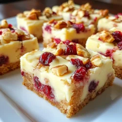 - 1 cup unsalted butter, melted - 1 cup brown sugar, packed - 1/2 cup granulated sugar - 2 large eggs - 2 teaspoons vanilla extract - 2 cups all-purpose flour - 1/2 teaspoon baking powder - 1/4 teaspoon salt - 1 cup white chocolate chips - 1 cup dried cranberries - Optional: 1/2 cup chopped walnuts or pecans For these white chocolate cranberry blondies, use quality ingredients for the best flavor. The melted butter gives a rich taste. Brown sugar adds moisture and depth. Granulated sugar helps create a nice crunch. The eggs bind everything together. Vanilla extract brings out the sweetness. All-purpose flour provides structure. Baking powder helps them rise, while salt balances the sweetness. White chocolate chips melt smoothly in the mix. Dried cranberries add a tart twist. If you like, add nuts for a crunchy texture. Gather these items before you start. This makes the cooking process smooth and fun! {{ingredient_image_1}} - Preheat your oven to 350°F (175°C). - Prepare a 9x13-inch baking pan by greasing it or lining it with parchment paper. - In a large bowl, combine the melted butter with the brown sugar and granulated sugar. Whisk until smooth. - Add the eggs one at a time. Mix well after each egg. Stir in the vanilla extract until it blends fully. - In a separate bowl, whisk together the flour, baking powder, and salt. - Gradually fold the dry mixture into the wet mixture. Be gentle to avoid overmixing. - Add in the white chocolate chips and dried cranberries. If you like, you can also add nuts. - Pour the batter into the prepared baking pan. Spread it evenly with a spatula. - Bake for 25–30 minutes. Check with a toothpick. It should come out clean or with a few moist crumbs. - Let the blondies cool in the pan for at least 10 minutes. Then, move them to a wire rack to cool fully. - Once cooled, cut into squares and serve. Enjoy these sweet treats! To avoid overmixing, stir gently. Mix just until you see no dry flour. This keeps your blondies soft and chewy. Overmixing makes them tough and dry. For even baking, spread the batter smoothly in the pan. Use a spatula to flatten the top. Rotate the pan halfway through baking for uniform heat. This helps all edges bake at the same time. Try adding a pinch of cinnamon or nutmeg. These spices pair well with cranberries. You could also use orange zest for a bright twist. Pair your blondies with a scoop of vanilla ice cream. This makes a great dessert. Serve with whipped cream or a drizzle of caramel sauce for extra fun. Pro Tips Use Room Temperature Eggs: This helps the batter mix more evenly, resulting in a better texture. Don't Overmix the Batter: Overmixing can lead to dense blondies. Mix just until the dry ingredients are incorporated. Check for Doneness: Use a toothpick to test for doneness; it should come out clean or with a few moist crumbs for perfect blondies. Cool Thoroughly Before Cutting: Allow the blondies to cool completely for cleaner cuts and a better texture. {{image_2}} You can play with nuts in your blondies. Try using chopped walnuts or pecans for a crunchy twist. Both add nice flavor and texture. If you want a nut-free option, leave them out completely. You can also use seeds like sunflower or pumpkin seeds. They give a nice crunch and are safe for those with nut allergies. Adding different dried fruits can change the taste of your blondies. You might try raisins, cherries, or apricots. They add a burst of flavor. For chocolate lovers, swap white chocolate chips for dark or milk chocolate chips. Each type brings a unique taste to the blondies. You can mix and match to create your favorite version. If you need gluten-free blondies, use a gluten-free flour blend. This will keep the texture light and fluffy. For a vegan option, replace the eggs with flax eggs or applesauce. Use vegan butter instead of regular butter. These changes help keep the blondies tasty and suitable for many diets. Enjoy making them your own! To keep your blondies fresh, store them in an airtight container. This helps maintain their soft texture. You can also wrap them in plastic wrap for extra protection. If you want to enjoy them later, place a piece of parchment paper between layers. This prevents sticking and keeps them easy to grab. These blondies last for about a week at room temperature. If you keep them in the fridge, they can last up to two weeks. Look for signs of spoilage such as a dry texture or a change in color. If you see mold, it’s best to toss them. For long-term storage, consider freezing. White chocolate cranberry blondies are sweet bars that blend rich flavors. They have a golden, chewy texture. The white chocolate adds creaminess, while dried cranberries bring a tart kick. This mix makes each bite exciting and balanced. The blondies are perfect for dessert or a snack. Yes, you can freeze blondies! To do this, first let them cool completely. Then, wrap them tightly in plastic wrap. Place them in an airtight container or a freezer bag. This helps keep them fresh. When you want to eat them, thaw them in the fridge overnight. You can also warm them slightly in the oven for a fresh taste. To make denser blondies, add extra flour or reduce the baking powder. This will give them a thicker texture. For lighter blondies, try adding an extra egg. This makes them fluffier. You can also mix the batter less to avoid too much air. If you want to swap white chocolate, try using dark or milk chocolate. These will add a different taste. You can also use butterscotch chips for a sweet twist. If you prefer a healthier option, use chopped nuts or dried fruits. These White Chocolate Cranberry Blondies are easy to make and delicious. We covered all the steps, from mixing ingredients to baking and cooling. I shared tips to boost flavor and variations for different diets. You can even store them for later. These blondies are a tasty treat anyone can enjoy. Now, it's time to grab your ingredients and get baking!
