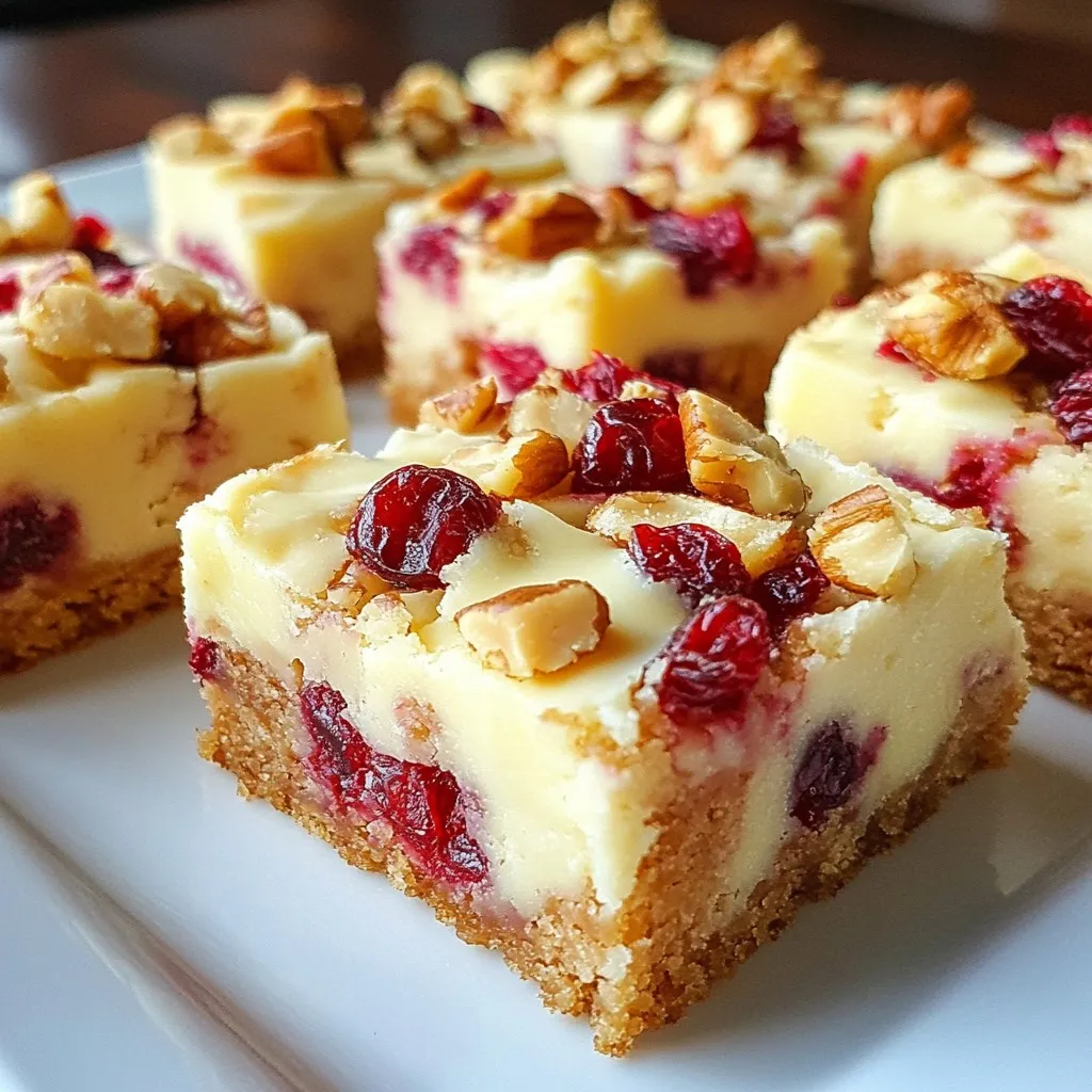 - 1 cup unsalted butter, melted - 1 cup brown sugar, packed - 1/2 cup granulated sugar - 2 large eggs - 2 teaspoons vanilla extract - 2 cups all-purpose flour - 1/2 teaspoon baking powder - 1/4 teaspoon salt - 1 cup white chocolate chips - 1 cup dried cranberries - Optional: 1/2 cup chopped walnuts or pecans For these white chocolate cranberry blondies, use quality ingredients for the best flavor. The melted butter gives a rich taste. Brown sugar adds moisture and depth. Granulated sugar helps create a nice crunch. The eggs bind everything together. Vanilla extract brings out the sweetness. All-purpose flour provides structure. Baking powder helps them rise, while salt balances the sweetness. White chocolate chips melt smoothly in the mix. Dried cranberries add a tart twist. If you like, add nuts for a crunchy texture. Gather these items before you start. This makes the cooking process smooth and fun! {{ingredient_image_1}} - Preheat your oven to 350°F (175°C). - Prepare a 9x13-inch baking pan by greasing it or lining it with parchment paper. - In a large bowl, combine the melted butter with the brown sugar and granulated sugar. Whisk until smooth. - Add the eggs one at a time. Mix well after each egg. Stir in the vanilla extract until it blends fully. - In a separate bowl, whisk together the flour, baking powder, and salt. - Gradually fold the dry mixture into the wet mixture. Be gentle to avoid overmixing. - Add in the white chocolate chips and dried cranberries. If you like, you can also add nuts. - Pour the batter into the prepared baking pan. Spread it evenly with a spatula. - Bake for 25–30 minutes. Check with a toothpick. It should come out clean or with a few moist crumbs. - Let the blondies cool in the pan for at least 10 minutes. Then, move them to a wire rack to cool fully. - Once cooled, cut into squares and serve. Enjoy these sweet treats! To avoid overmixing, stir gently. Mix just until you see no dry flour. This keeps your blondies soft and chewy. Overmixing makes them tough and dry. For even baking, spread the batter smoothly in the pan. Use a spatula to flatten the top. Rotate the pan halfway through baking for uniform heat. This helps all edges bake at the same time. Try adding a pinch of cinnamon or nutmeg. These spices pair well with cranberries. You could also use orange zest for a bright twist. Pair your blondies with a scoop of vanilla ice cream. This makes a great dessert. Serve with whipped cream or a drizzle of caramel sauce for extra fun. Pro Tips Use Room Temperature Eggs: This helps the batter mix more evenly, resulting in a better texture. Don't Overmix the Batter: Overmixing can lead to dense blondies. Mix just until the dry ingredients are incorporated. Check for Doneness: Use a toothpick to test for doneness; it should come out clean or with a few moist crumbs for perfect blondies. Cool Thoroughly Before Cutting: Allow the blondies to cool completely for cleaner cuts and a better texture. {{image_2}} You can play with nuts in your blondies. Try using chopped walnuts or pecans for a crunchy twist. Both add nice flavor and texture. If you want a nut-free option, leave them out completely. You can also use seeds like sunflower or pumpkin seeds. They give a nice crunch and are safe for those with nut allergies. Adding different dried fruits can change the taste of your blondies. You might try raisins, cherries, or apricots. They add a burst of flavor. For chocolate lovers, swap white chocolate chips for dark or milk chocolate chips. Each type brings a unique taste to the blondies. You can mix and match to create your favorite version. If you need gluten-free blondies, use a gluten-free flour blend. This will keep the texture light and fluffy. For a vegan option, replace the eggs with flax eggs or applesauce. Use vegan butter instead of regular butter. These changes help keep the blondies tasty and suitable for many diets. Enjoy making them your own! To keep your blondies fresh, store them in an airtight container. This helps maintain their soft texture. You can also wrap them in plastic wrap for extra protection. If you want to enjoy them later, place a piece of parchment paper between layers. This prevents sticking and keeps them easy to grab. These blondies last for about a week at room temperature. If you keep them in the fridge, they can last up to two weeks. Look for signs of spoilage such as a dry texture or a change in color. If you see mold, it’s best to toss them. For long-term storage, consider freezing. White chocolate cranberry blondies are sweet bars that blend rich flavors. They have a golden, chewy texture. The white chocolate adds creaminess, while dried cranberries bring a tart kick. This mix makes each bite exciting and balanced. The blondies are perfect for dessert or a snack. Yes, you can freeze blondies! To do this, first let them cool completely. Then, wrap them tightly in plastic wrap. Place them in an airtight container or a freezer bag. This helps keep them fresh. When you want to eat them, thaw them in the fridge overnight. You can also warm them slightly in the oven for a fresh taste. To make denser blondies, add extra flour or reduce the baking powder. This will give them a thicker texture. For lighter blondies, try adding an extra egg. This makes them fluffier. You can also mix the batter less to avoid too much air. If you want to swap white chocolate, try using dark or milk chocolate. These will add a different taste. You can also use butterscotch chips for a sweet twist. If you prefer a healthier option, use chopped nuts or dried fruits. These White Chocolate Cranberry Blondies are easy to make and delicious. We covered all the steps, from mixing ingredients to baking and cooling. I shared tips to boost flavor and variations for different diets. You can even store them for later. These blondies are a tasty treat anyone can enjoy. Now, it's time to grab your ingredients and get baking!
