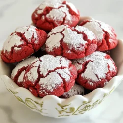 When making Red Velvet Crinkle Cookies, you need a few key ingredients. Here’s the complete list: - 2 cups all-purpose flour - 1 cup granulated sugar - 1/4 cup unsweetened cocoa powder - 1 teaspoon baking powder - 1/2 teaspoon baking soda - 1/2 teaspoon salt - 1/2 cup vegetable oil - 1 large egg - 1 tablespoon red food coloring - 1 teaspoon vanilla extract - 1/2 cup powdered sugar (for rolling) Each ingredient plays a special role in creating these tasty cookies. The all-purpose flour gives them structure, while granulated sugar adds sweetness. Unsweetened cocoa powder brings that rich chocolate flavor. Baking powder and baking soda help the cookies rise and get that crinkly look. Vegetable oil keeps the cookies moist and tender. The egg binds everything together, making the dough easy to work with. Red food coloring gives the cookies their signature color, making them eye-catching. Finally, vanilla extract adds a warm, inviting aroma. Don’t forget the powdered sugar! It coats the cookies, giving them a sweet, snowy finish. These ingredients combine to create a delightful treat that is both soft and chewy. Enjoy the process of mixing these simple yet essential ingredients to make your own red velvet crinkle cookies! {{ingredient_image_1}} First, preheat your oven to 350°F (175°C). This step is key. A hot oven helps the cookies rise properly. While the oven heats, line a baking sheet with parchment paper. This prevents sticking and makes clean-up easy. In a large bowl, whisk together the dry ingredients. You need 2 cups of all-purpose flour, 1 cup of granulated sugar, 1/4 cup of cocoa powder, 1 teaspoon of baking powder, 1/2 teaspoon of baking soda, and 1/2 teaspoon of salt. Mix until everything is well combined. This mix gives the cookies their sweet and rich flavor. In another bowl, mix the wet ingredients. You will need 1/2 cup of vegetable oil, 1 large egg, 1 tablespoon of red food coloring, and 1 teaspoon of vanilla extract. Stir these together until smooth. This mix adds moisture and color to your cookies. Now, gradually add the wet ingredients to the dry mix. Stir gently until just combined. The dough will be thick and a bit sticky. Cover the bowl with plastic wrap. Chill the dough in the fridge for about 30 minutes. This helps the cookies hold their shape better when baking. After chilling, it’s time to form the dough balls. Use a cookie scoop or your hands to roll the dough into balls about 1 inch in diameter. Next, roll each ball in powdered sugar. This creates a nice sweet crust. Place the balls on your prepared baking sheet, leaving space between them. Bake in the oven for 10 to 12 minutes. You know they are ready when the edges are set and the tops have cracked. Let the cookies cool on the baking sheet for a few minutes before transferring them to a wire rack. Chilling the dough is key for great cookies. It makes the dough firm and helps the cookies hold their shape. About 30 minutes in the fridge does wonders. Avoiding overmixing is also crucial. When you mix too much, the cookies can become tough. Stir just until the dry and wet ingredients blend. You want a thick, slightly sticky dough. Oven temperature accuracy matters a lot. Use an oven thermometer to check if your oven is at 350°F (175°C). If it’s off, your cookies may bake too fast or too slow. Using parchment paper helps the cookies bake evenly. It prevents sticking and makes cleanup easy. Place the dough balls on the parchment with space in between. Serve the cookies on a fun plate. Pile them high for a stunning look. A light dusting of powdered sugar adds elegance. You can even sprinkle edible glitter for a festive touch. To store leftovers, place them in a clear container. Keep them visible and appealing. This way, they stay fresh and look great for sharing or snacking. Pro Tips Chill the Dough: Refrigerating the dough for at least 30 minutes helps prevent the cookies from spreading too much while baking, resulting in a thicker, crinkled texture. Use Quality Cocoa: Choosing a high-quality unsweetened cocoa powder will enhance the chocolate flavor of your cookies, making them richer and more decadent. Perfectly Coated: Make sure to roll the cookie dough balls in powdered sugar generously, as this creates the signature crinkle effect and adds a sweet contrast to the rich cookie. Storage Tips: Store cookies in an airtight container at room temperature for up to a week, or freeze them for longer storage. Just make sure to layer them with parchment paper to prevent sticking. {{image_2}} You can make these cookies gluten-free with a few easy swaps. Substitute all-purpose flour with a gluten-free flour blend. Look for blends that include xanthan gum. This helps keep the cookies soft and chewy. Check labels to find one that works for baking. Follow the same steps from the main recipe, and you’ll have delightful gluten-free treats. To make vegan red velvet crinkle cookies, swap the egg for a flax egg. Mix one tablespoon of ground flaxseed with two and a half tablespoons of water. Let it sit for five minutes to thicken. For dairy alternatives, use plant-based milk and oil. Almond, coconut, or soy milk all work well. Replace the vegetable oil with coconut oil for a richer taste. You can easily switch up the flavor of these cookies. Try adding mint extract or almond extract for a unique twist. Just one teaspoon will add a burst of flavor. If you want something fruity, consider orange zest. It brightens the cookies and adds a fresh taste. Explore different extracts to find your favorite combination. Store your baked cookies in an airtight container. This keeps them fresh longer. You can place parchment paper between layers. This helps avoid sticking. Keep your cookies at room temperature. They stay good for about five days this way. If you want them to last longer, store them in the fridge. They can last up to a week when chilled. You can freeze both unbaked and baked cookies. For unbaked cookies, scoop the dough balls. Place them on a baking sheet and freeze until firm. Then, transfer them to a freezer bag. This way, you can bake fresh cookies anytime. For baked cookies, let them cool completely. Wrap each cookie in plastic wrap. Then place them in a freezer bag. They can last for up to three months in the freezer. When stored properly, these cookies last quite a while. Baked cookies at room temperature are good for five days. In the fridge, they can last up to a week. Frozen cookies will stay fresh for three months. Always check for any signs of spoilage before eating. Proper storage keeps your red velvet crinkle cookies tasty and sweet! Red Velvet Crinkle Cookies come from the classic red velvet cake. The cake became popular in the 1920s, especially in the southern United States. Its vibrant red color comes from cocoa powder and food coloring. Bakers wanted a fun way to enjoy this flavor, leading to the creation of these sweet cookies. They keep the same rich flavor and beautiful color but add a delightful crinkle texture. You can use a cookie cutter, but this dough needs some care. Chill the dough longer to help it hold shape. Dust the cutter with flour to prevent sticking. After cutting, roll the edges in powdered sugar for that crinkle effect. The result will be unique cookie shapes that still taste delicious. If your dough feels too sticky, try these simple tips. Add more flour, a tablespoon at a time, until it feels right. Chilling the dough for at least 30 minutes helps a lot too. This makes it easier to handle. Also, use a cookie scoop to keep your hands clean while shaping. These cookies pair well with many treats and drinks. For drinks, try milk or hot chocolate for a classic combo. Coffee also balances the sweetness nicely. For dessert, serve them with vanilla ice cream or whipped cream. The cookies' rich flavor and soft texture make them delightful alongside these options. You learned about making delicious Red Velvet Crinkle Cookies. We covered all the ingredients needed, from flour to food coloring. I shared step-by-step instructions to guide you through mixing, rolling, and baking. You now have tips for achieving the best texture and fun variations to try. Store your cookies well to keep them fresh. Experiment with flavors and enjoy them with your favorite drinks. Baking these cookies can bring joy and tasty results. Dive in and let your baking skills shine!