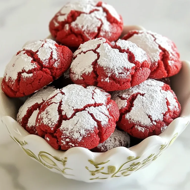 When making Red Velvet Crinkle Cookies, you need a few key ingredients. Here’s the complete list: - 2 cups all-purpose flour - 1 cup granulated sugar - 1/4 cup unsweetened cocoa powder - 1 teaspoon baking powder - 1/2 teaspoon baking soda - 1/2 teaspoon salt - 1/2 cup vegetable oil - 1 large egg - 1 tablespoon red food coloring - 1 teaspoon vanilla extract - 1/2 cup powdered sugar (for rolling) Each ingredient plays a special role in creating these tasty cookies. The all-purpose flour gives them structure, while granulated sugar adds sweetness. Unsweetened cocoa powder brings that rich chocolate flavor. Baking powder and baking soda help the cookies rise and get that crinkly look. Vegetable oil keeps the cookies moist and tender. The egg binds everything together, making the dough easy to work with. Red food coloring gives the cookies their signature color, making them eye-catching. Finally, vanilla extract adds a warm, inviting aroma. Don’t forget the powdered sugar! It coats the cookies, giving them a sweet, snowy finish. These ingredients combine to create a delightful treat that is both soft and chewy. Enjoy the process of mixing these simple yet essential ingredients to make your own red velvet crinkle cookies! {{ingredient_image_1}} First, preheat your oven to 350°F (175°C). This step is key. A hot oven helps the cookies rise properly. While the oven heats, line a baking sheet with parchment paper. This prevents sticking and makes clean-up easy. In a large bowl, whisk together the dry ingredients. You need 2 cups of all-purpose flour, 1 cup of granulated sugar, 1/4 cup of cocoa powder, 1 teaspoon of baking powder, 1/2 teaspoon of baking soda, and 1/2 teaspoon of salt. Mix until everything is well combined. This mix gives the cookies their sweet and rich flavor. In another bowl, mix the wet ingredients. You will need 1/2 cup of vegetable oil, 1 large egg, 1 tablespoon of red food coloring, and 1 teaspoon of vanilla extract. Stir these together until smooth. This mix adds moisture and color to your cookies. Now, gradually add the wet ingredients to the dry mix. Stir gently until just combined. The dough will be thick and a bit sticky. Cover the bowl with plastic wrap. Chill the dough in the fridge for about 30 minutes. This helps the cookies hold their shape better when baking. After chilling, it’s time to form the dough balls. Use a cookie scoop or your hands to roll the dough into balls about 1 inch in diameter. Next, roll each ball in powdered sugar. This creates a nice sweet crust. Place the balls on your prepared baking sheet, leaving space between them. Bake in the oven for 10 to 12 minutes. You know they are ready when the edges are set and the tops have cracked. Let the cookies cool on the baking sheet for a few minutes before transferring them to a wire rack. Chilling the dough is key for great cookies. It makes the dough firm and helps the cookies hold their shape. About 30 minutes in the fridge does wonders. Avoiding overmixing is also crucial. When you mix too much, the cookies can become tough. Stir just until the dry and wet ingredients blend. You want a thick, slightly sticky dough. Oven temperature accuracy matters a lot. Use an oven thermometer to check if your oven is at 350°F (175°C). If it’s off, your cookies may bake too fast or too slow. Using parchment paper helps the cookies bake evenly. It prevents sticking and makes cleanup easy. Place the dough balls on the parchment with space in between. Serve the cookies on a fun plate. Pile them high for a stunning look. A light dusting of powdered sugar adds elegance. You can even sprinkle edible glitter for a festive touch. To store leftovers, place them in a clear container. Keep them visible and appealing. This way, they stay fresh and look great for sharing or snacking. Pro Tips Chill the Dough: Refrigerating the dough for at least 30 minutes helps prevent the cookies from spreading too much while baking, resulting in a thicker, crinkled texture. Use Quality Cocoa: Choosing a high-quality unsweetened cocoa powder will enhance the chocolate flavor of your cookies, making them richer and more decadent. Perfectly Coated: Make sure to roll the cookie dough balls in powdered sugar generously, as this creates the signature crinkle effect and adds a sweet contrast to the rich cookie. Storage Tips: Store cookies in an airtight container at room temperature for up to a week, or freeze them for longer storage. Just make sure to layer them with parchment paper to prevent sticking. {{image_2}} You can make these cookies gluten-free with a few easy swaps. Substitute all-purpose flour with a gluten-free flour blend. Look for blends that include xanthan gum. This helps keep the cookies soft and chewy. Check labels to find one that works for baking. Follow the same steps from the main recipe, and you’ll have delightful gluten-free treats. To make vegan red velvet crinkle cookies, swap the egg for a flax egg. Mix one tablespoon of ground flaxseed with two and a half tablespoons of water. Let it sit for five minutes to thicken. For dairy alternatives, use plant-based milk and oil. Almond, coconut, or soy milk all work well. Replace the vegetable oil with coconut oil for a richer taste. You can easily switch up the flavor of these cookies. Try adding mint extract or almond extract for a unique twist. Just one teaspoon will add a burst of flavor. If you want something fruity, consider orange zest. It brightens the cookies and adds a fresh taste. Explore different extracts to find your favorite combination. Store your baked cookies in an airtight container. This keeps them fresh longer. You can place parchment paper between layers. This helps avoid sticking. Keep your cookies at room temperature. They stay good for about five days this way. If you want them to last longer, store them in the fridge. They can last up to a week when chilled. You can freeze both unbaked and baked cookies. For unbaked cookies, scoop the dough balls. Place them on a baking sheet and freeze until firm. Then, transfer them to a freezer bag. This way, you can bake fresh cookies anytime. For baked cookies, let them cool completely. Wrap each cookie in plastic wrap. Then place them in a freezer bag. They can last for up to three months in the freezer. When stored properly, these cookies last quite a while. Baked cookies at room temperature are good for five days. In the fridge, they can last up to a week. Frozen cookies will stay fresh for three months. Always check for any signs of spoilage before eating. Proper storage keeps your red velvet crinkle cookies tasty and sweet! Red Velvet Crinkle Cookies come from the classic red velvet cake. The cake became popular in the 1920s, especially in the southern United States. Its vibrant red color comes from cocoa powder and food coloring. Bakers wanted a fun way to enjoy this flavor, leading to the creation of these sweet cookies. They keep the same rich flavor and beautiful color but add a delightful crinkle texture. You can use a cookie cutter, but this dough needs some care. Chill the dough longer to help it hold shape. Dust the cutter with flour to prevent sticking. After cutting, roll the edges in powdered sugar for that crinkle effect. The result will be unique cookie shapes that still taste delicious. If your dough feels too sticky, try these simple tips. Add more flour, a tablespoon at a time, until it feels right. Chilling the dough for at least 30 minutes helps a lot too. This makes it easier to handle. Also, use a cookie scoop to keep your hands clean while shaping. These cookies pair well with many treats and drinks. For drinks, try milk or hot chocolate for a classic combo. Coffee also balances the sweetness nicely. For dessert, serve them with vanilla ice cream or whipped cream. The cookies' rich flavor and soft texture make them delightful alongside these options. You learned about making delicious Red Velvet Crinkle Cookies. We covered all the ingredients needed, from flour to food coloring. I shared step-by-step instructions to guide you through mixing, rolling, and baking. You now have tips for achieving the best texture and fun variations to try. Store your cookies well to keep them fresh. Experiment with flavors and enjoy them with your favorite drinks. Baking these cookies can bring joy and tasty results. Dive in and let your baking skills shine!