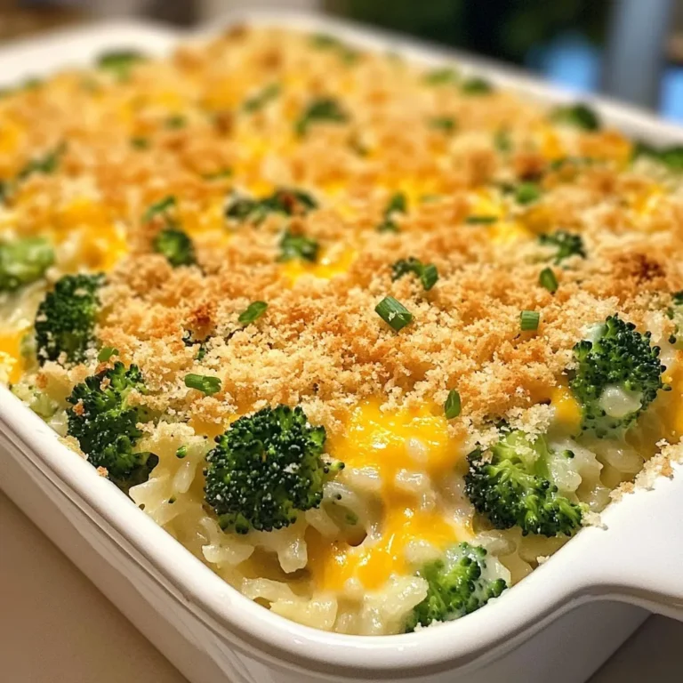 To make this Cheesy Broccoli Rice Casserole, gather these ingredients: - 1 cup long-grain rice - 2 cups vegetable broth - 3 cups fresh broccoli florets - 1 cup shredded sharp cheddar cheese - 1/2 cup cream cheese, softened - 1/2 cup milk - 1/2 cup grated Parmesan cheese - 1 medium onion, diced - 2 cloves garlic, minced - 1 teaspoon paprika - 1/2 teaspoon black pepper - Salt to taste - 1/2 cup breadcrumbs (optional for topping) - 1 tablespoon olive oil You can change this dish to fit your taste. Consider these options: - Add cooked chicken or turkey for protein. - Use different cheese like mozzarella or gouda for a unique flavor. - Mix in cooked mushrooms or bell peppers for extra veggies. - Top with crispy fried onions for added crunch. Need to swap an ingredient? Here are some ideas: - Use brown rice instead of white for more fiber. - Replace dairy with almond milk and vegan cheese for a dairy-free dish. - For a gluten-free version, skip breadcrumbs or use gluten-free options. - Swap vegetable broth with chicken broth if you prefer. {{ingredient_image_1}} Start by bringing 2 cups of vegetable broth to a boil in a medium pan. Add 1 cup of long-grain rice, cover the pan, and turn the heat to low. Let it cook for 15 to 18 minutes. The rice should soak up all the broth and become tender. Once done, take it off the heat and set it aside. This step gives your casserole a rich base. While the rice cooks, take 3 cups of fresh broccoli florets. Steam them for about 3 to 4 minutes. You want them bright green and just tender. After steaming, drain the broccoli and set it aside. This step ensures your broccoli stays vibrant and flavorful in the casserole. Next, heat 1 tablespoon of olive oil in a large skillet over medium heat. Add 1 diced onion and cook for about 5 minutes until it turns translucent. Then, add 2 cloves of minced garlic and cook for another minute. The aroma will be amazing! In a big bowl, mix the cooked rice, sautéed onion and garlic, steamed broccoli, 1 cup of shredded sharp cheddar cheese, 1/2 cup of cream cheese, 1/2 cup of milk, 1/2 cup of grated Parmesan cheese, 1 teaspoon of paprika, salt, and 1/2 teaspoon of black pepper. Stir everything until well combined. Pour the mixture into a greased 9x13-inch baking dish. Spread it out evenly and press it down gently. If you want a crispy top, sprinkle 1/2 cup of breadcrumbs on top. Now, bake in the preheated oven at 350°F (175°C) for 25 to 30 minutes. The casserole should be bubbly and the top golden. Once baked, let it cool for a few minutes before digging in. Enjoy this cozy dish! To make your casserole creamy, use the right cheese. I recommend sharp cheddar and cream cheese. These cheeses melt well and add richness. Mix them with milk for extra creaminess. Be sure to cook your rice fully, so it absorbs all the broth. Overcooked rice can turn mushy. If you want it even creamier, add a splash more milk before baking. A golden top makes your casserole look great. To get that, broil it for a few minutes at the end. Just watch it closely, so it doesn’t burn. You can also sprinkle breadcrumbs on top before baking. The breadcrumbs give it a nice crunch and color. A little olive oil drizzled over will help them brown. This casserole pairs well with many sides. A fresh salad adds a nice crunch. You can also serve it with grilled chicken for protein. It’s a great main dish, so you don’t need much else. If you want to make it a special meal, add a rich dessert, like chocolate cake. Enjoy your cheesy broccoli rice casserole with friends and family! Pro Tips Use Fresh Broccoli: Fresh broccoli florets provide the best flavor and texture, enhancing the overall taste of your casserole. Experiment with Cheese: Feel free to mix different types of cheese for a unique flavor profile; mozzarella or gouda can add a nice twist! Make Ahead: This casserole can be assembled a day in advance; just cover and refrigerate before baking. Perfect Browning: If you want an extra crispy top, broil the casserole for the last 2-3 minutes of baking, watching closely to avoid burning. {{image_2}} You can make this casserole heartier by adding protein. Chicken works great in this dish. Use cooked, shredded chicken for the best results. Tofu is a fantastic option for a plant-based meal. Press and cube firm tofu, then sauté it until golden. Mix it in with the rice and cheese for a tasty twist. Cheese is the star in this casserole, so feel free to experiment! Swap the sharp cheddar for mozzarella for a gooey texture. You can also try gouda or pepper jack for a bit of spice. Mixing cheeses can add layers of flavor. Just make sure they melt well to keep that creamy goodness. Making this dish vegan is easy! Replace dairy cheese with nut-based cheese or vegan cheese shreds. Use plant-based cream cheese to keep it creamy. Substitute milk with almond or oat milk. For a nut-free option, coconut milk works well too. Your casserole will still taste rich and creamy without the dairy. After enjoying your cheesy broccoli rice casserole, let it cool first. Place leftovers in an airtight container. Store it in the fridge for up to three days. If you plan to eat it later, try to keep it whole. This helps keep the flavors fresh. To reheat, you can use the oven or microwave. For the oven, preheat it to 350°F (175°C). Place the casserole in an oven-safe dish. Cover it with foil to keep it moist. Bake for about 20 minutes or until hot. If using a microwave, place a portion on a microwave-safe plate. Heat for one minute, then check. Stir and heat more if needed until hot. If you want to save some for later, freezing works great! First, let the casserole cool completely. Then, cut it into portions. Wrap each piece tightly in plastic wrap. Place the wrapped portions in a freezer-safe bag. You can store it in the freezer for up to three months. When you're ready to eat, thaw it in the fridge overnight before reheating. Yes, you can make this casserole ahead of time. Prepare it fully and store it in the fridge. Cover it tightly with foil. When you are ready, just bake it straight from the fridge. You may need to add a few extra minutes to the baking time. This casserole pairs well with many sides. Here are a few ideas: - Roasted Chicken: The rich flavor complements the cheesy dish. - Green Salad: A fresh salad adds a nice crunch. - Garlic Bread: The buttery bread is perfect for scooping up the casserole. - Steamed Vegetables: Keep it light with some extra veggies. Yes, frozen broccoli works great in this casserole. Just thaw and drain it before mixing. You may want to steam or microwave it briefly to ensure even cooking. This saves time and still gives you that tasty veggie goodness. This blog post covered how to make a tasty Cheesy Broccoli Rice Casserole. We explored essential ingredients, step-by-step cooking methods, and some helpful tips for the best results. You learned how to mix in optional ingredients to suit your tastes and dietary needs. Storing and reheating leftovers was also outlined for convenience. Now, you can enjoy this dish fresh or save it for later. This casserole is sure to be a hit at any meal. Happy cooking!