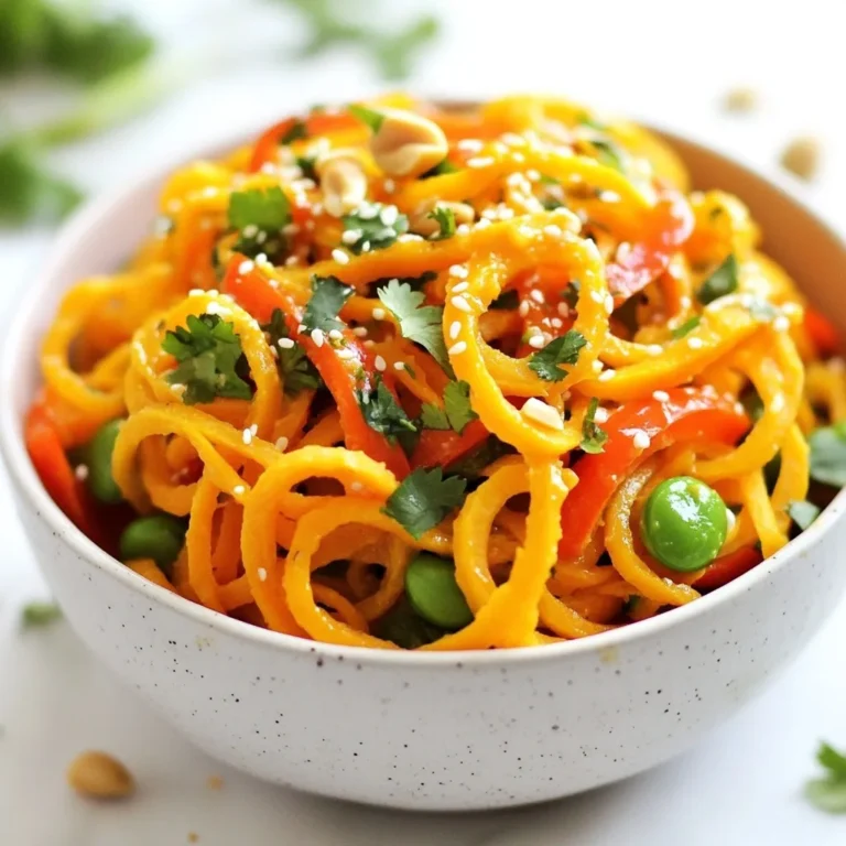 - 2 medium sweet potatoes, spiralized into noodles - 1 cup of bell peppers, thinly sliced (red, yellow, and green) - 1 cup of snap peas, trimmed - 1 cup of shredded carrots - 1 tablespoon sesame oil - 2 green onions, sliced - 1 tablespoon fresh ginger, grated - 2 cloves of garlic, minced - 1/4 cup peanut butter (natural, creamy or chunky) - 2 tablespoons soy sauce (or tamari for gluten-free) - 1 tablespoon maple syrup or honey - 1 tablespoon rice vinegar - 1 teaspoon sriracha - Chopped peanuts and cilantro for garnish When you gather your ingredients, think about the colors and flavors. Sweet potatoes bring a lovely orange hue. Bell peppers add vibrant reds, yellows, and greens. Snap peas give a nice crunch, while carrots add sweetness. Peanut butter makes the sauce creamy and rich. The sesame oil adds a nutty flavor. Fresh ginger and garlic give a warm, spicy kick. Soy sauce brings saltiness, and maple syrup or honey adds sweetness. Rice vinegar adds a tangy note, and sriracha can give a spicy kick. Having fresh cilantro and chopped peanuts ready to sprinkle on top adds a nice finish. Not only does this make the dish look pretty, but it also adds crunch and fresh flavor. This recipe combines all these ingredients into a balanced, tasty dish. Each ingredient plays a key role in creating the flavors you will love. {{ingredient_image_1}} To make sweet potato noodles, start with two medium sweet potatoes. Use a spiralizer for this task. If you don’t have a spiralizer, grab a vegetable peeler. You can create thin strips with it. Either way, set your noodles aside for later. Heat one tablespoon of sesame oil in a large skillet over medium heat. Add two minced garlic cloves and one tablespoon of grated ginger. Sauté them for one minute. You want a nice smell but not burned garlic. Next, add one cup of thinly sliced bell peppers, one cup of trimmed snap peas, and one cup of shredded carrots. Stir-fry the veggies for about four to five minutes. They should be tender-crisp, bright, and colorful. Now, it's time for the sweet potato noodles. Add them to the skillet and stir-fry for another three to four minutes. Cook until they are tender but not mushy. For the sauce, gather these ingredients: - 1/4 cup peanut butter - 2 tablespoons soy sauce - 1 tablespoon maple syrup or honey - 1 tablespoon rice vinegar - 1 teaspoon sriracha In a bowl, mix the peanut butter, soy sauce, maple syrup, rice vinegar, and sriracha. Stir until the mixture is smooth. If the sauce is too thick, add a splash of water until it reaches the right consistency. Once the noodles and veggies are cooked, pour the peanut sauce over them. Toss everything together. Make sure the noodles and veggies are well coated. Finally, sprinkle sliced green onions on top for flavor. Serve hot and garnish with chopped peanuts and fresh cilantro for a nice crunch. To get the best sweet potato noodles, you need a spiralizer. This tool makes long, curly noodles. If you don’t have one, a vegetable peeler works too. Just slice the sweet potatoes into thin strips. This gives you a fun texture. To keep your noodles from getting soggy, cook them last. Add them to the pan just before serving. For crisp veggies, don’t overcook them. Stir-fry for only about 4-5 minutes. Keep stirring to avoid burning. You want them to stay bright and crunchy. You can change the heat level with sriracha. If you like it spicy, add more. For a milder taste, use less. Start with one teaspoon and adjust as needed. For sweetness, you can use maple syrup or honey. If you prefer a sweeter sauce, add more syrup. Just remember, a little goes a long way. Taste as you mix to find your perfect balance. Garnishing can make your dish pop. Besides chopped peanuts and cilantro, try adding lime wedges. A squeeze of fresh lime juice brightens the flavors. You can also add sesame seeds for a nice crunch. Garnish not only makes your dish look good but also adds flavor. Different toppings can change every bite. So, get creative and have fun with it! Pro Tips Perfect Sweet Potato Noodles: Make sure to spiralize the sweet potatoes just before cooking to prevent them from browning and losing moisture. Vegetable Crunch: To maintain a vibrant color and crisp texture, avoid overcooking the vegetables; they should be tender but still have a bit of crunch. Custom Peanut Sauce: Feel free to adjust the peanut sauce ingredients to your taste; add more sriracha for heat, or a bit of coconut milk for creaminess. Garnish for Freshness: Always add garnishes like chopped peanuts and cilantro right before serving to keep them fresh and flavorful. {{image_2}} You can switch up the noodles if you want. Zucchini or cucumber noodles are great choices. They add a fresh taste and are low in carbs. Just spiralize them like sweet potatoes. You can also use gluten-free noodles. Rice noodles work well. They soak up the sauce and taste amazing. Want to boost your meal? Add protein! Chicken, tofu, or shrimp are all good options. Cook chicken until it’s no longer pink. For shrimp, cook until they turn pink and curl. If using tofu, sauté it until golden. Adjust your cooking time based on what you add. This way, everything cooks perfectly. Feel free to mix in other veggies! Broccoli and asparagus add crunch and flavor. You can also use seasonal vegetables. In the summer, try bell peppers or zucchini. In the fall, consider carrots or spinach. This keeps your dish fresh and exciting with each season. To keep your Thai peanut sweet potato noodles fresh, store the noodles and sauce separately. This prevents the noodles from becoming mushy. Use airtight containers for best results. Glass containers work well as they do not retain odors. When it's time to eat your leftovers, reheat gently. Use a stovetop for the best texture. Heat on medium-low, stirring often. If you prefer a microwave, use a low power setting. Heat in short bursts to avoid overcooking. You can freeze sweet potato noodles and sauce if needed. Place the noodles in one container and the sauce in another. This helps keep flavors fresh. For long-term storage, use freezer-safe containers. Label them with the date to keep track. If you need a nut-free option, you can use sunflower seed butter. It has a similar creamy texture and a mild flavor. Another great choice is tahini, made from sesame seeds. Both give your sauce a rich taste without nuts. You can use coconut aminos instead of soy sauce. This option is gluten-free and has a sweet, mild taste. Another choice is liquid aminos, which also works well. Both will keep your sauce flavorful without soy. Yes, you can! Prepare the sweet potato noodles and veggies in advance. Store them in the fridge for up to two days. Just keep the peanut sauce separate until you're ready to serve. This keeps everything fresh and tasty. When you’re ready, heat the noodles and veggies in a pan before adding the sauce. These noodles pair well with a light salad or spring rolls. Try a crunchy cucumber salad or a simple green salad. You can also serve them with grilled chicken or tofu for extra protein. The flavors work nicely together! This blog post shared a fun and tasty recipe for Thai Peanut Sweet Potato Noodles. You learned how to spiralize sweet potatoes and create a rich peanut sauce. We also discussed tips for keeping your veggies crisp and ideas for custom toppings. In closing, this dish is easy to make and perfect for any meal. Feel free to swap in your favorite vegetables or proteins. Enjoy your cooking and the delicious flavors!
