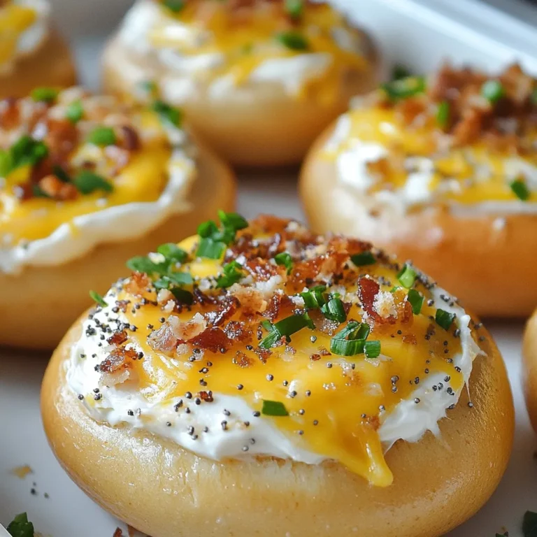 - 4 plain bagels, split in half - 1 cup sharp cheddar cheese, grated - 1/2 cup cream cheese, softened - 1/2 cup cooked and crumbled bacon alternative - 1/4 cup green onions, finely chopped - Seasonings: garlic powder, smoked paprika, salt, and pepper - 2 tablespoons fresh parsley, chopped These ingredients come together to create a tasty snack. The bagels serve as a base while the cheeses provide creaminess and flavor. The bacon alternative adds a savory crunch. Green onions bring freshness, and spices give depth. Don’t skip the parsley; it adds color and a burst of taste. You can also customize these ingredients based on your taste. For instance, try different cheeses or add more herbs. The key is to mix flavors that you love. This recipe is easy, quick, and perfect for any snack time! {{ingredient_image_1}} - Preheat your oven to 375°F (190°C). - In a mixing bowl, combine 1/2 cup of softened cream cheese, 1 cup of grated sharp cheddar cheese, 1/2 cup of crumbled bacon alternative, and seasonings like garlic powder, smoked paprika, salt, and pepper. Mix all the ingredients until smooth. This cheese mixture packs a lot of flavor. The cream cheese gives it a rich base, while the cheddar adds sharpness. The bacon alternative brings in a savory touch. - Spread a thick layer of the cheese mixture on each half of the bagels. - Place the bagel halves on a baking sheet lined with parchment paper. This keeps the bagels from sticking and makes cleanup easy. Make sure to cover each bagel half evenly. This way, every bite is cheesy and delicious. - Bake the bagels in the preheated oven for 10-12 minutes. Keep an eye on them! You want the cheese to be melted and bubbly, with the edges of the bagel turning a golden brown. - Once done, take them out and let them cool for a minute. They will be very hot, so give them time to cool. Serving them too soon can lead to burns! Before serving, sprinkle with fresh chopped parsley for color and extra flavor. Enjoy your Cheddar Bagel Melts! When making Cheddar Bagel Melts, I prefer plain bagels. They let the cheese shine. You can also use sesame or everything bagels for added flavor. To slice bagels evenly, use a serrated knife. Start from the top and gently saw down. This helps keep the bagel halves intact. For a tasty twist, try mixing different cheeses. Gouda or mozzarella can add a unique flavor. When you mix the cheeses, aim for a smooth blend. The cream cheese should be soft. This makes spreading easy and keeps the mix creamy. Serve your Cheddar Bagel Melts with fresh veggies or a light salad. A side of sliced cucumbers or cherry tomatoes pairs well. For a dinner party, stack the bagels on a nice platter. Sprinkle some parsley on top for color. This makes your dish look fancy and inviting. Pro Tips Use Fresh Ingredients: For the best flavor, opt for freshly grated cheddar cheese and fresh herbs. This will enhance the overall taste of your bagel melts. Customize Your Toppings: Feel free to add other toppings like sliced jalapeños or diced tomatoes for extra flavor and texture. Experiment with Cheeses: Try using different types of cheese such as gouda or pepper jack for a unique twist on the classic cheddar bagel melts. Keep an Eye on Baking Time: Ovens can vary, so keep an eye on your bagels during the last few minutes of baking to prevent burning. {{image_2}} For those who want vegetarian or vegan options, you can easily swap out a few ingredients. Use plant-based cream cheese and cheese to keep the creamy texture. Choose a veggie bacon alternative to add that smoky flavor. Many brands offer tasty meat-free choices. If you need gluten-free alternatives for bagels, look for gluten-free bagels at your local store. There are many brands that taste great and hold up well when baked. Just follow the same steps with your gluten-free bagels. Adding herbs or spices can really boost flavor. Try mixing in some dried oregano or basil for a fresh taste. A pinch of red pepper flakes can add a nice kick. You can also add a splash of hot sauce to the cheese mix for extra heat. For toppings or mix-ins, consider sliced tomatoes or jalapeños. You could even sprinkle some crumbled feta cheese on top before baking. These additions can make each bite unique and delicious. You can serve your Cheddar Bagel Melts open-faced or as traditional bagel halves. An open-faced style allows for more toppings and is easy to eat. For a classic look, stick with the halves. If you want to make mini bagel versions for appetizers, just use mini bagels. These bite-sized delights are perfect for parties. Everyone loves a tasty snack that’s easy to grab and enjoy. To store leftover Cheddar Bagel Melts, let them cool first. Then, place them in an airtight container. This keeps them fresh and tasty. You can also wrap them in plastic wrap. Make sure to seal them well. This method helps avoid drying out. For best freshness, eat them within three days. If you notice any moisture inside the container, open it and let the bagels breathe. This prevents sogginess. Yes, you can freeze Cheddar Bagel Melts! To freeze, wrap each half in plastic wrap. Then place them in a freezer bag. Make sure to push out all the air. This helps keep them from freezer burn. When you are ready to eat, remove them from the freezer. Let them thaw in the fridge overnight. For reheating, place them in the oven at 375°F (190°C) for about 10 minutes. This will help them regain their crispiness. In the fridge, Cheddar Bagel Melts last about three days. After that, they may start to lose flavor and texture. Signs that they have gone bad include an off smell and mold. If you see any, do not eat them! Always trust your senses when it comes to food safety. Look for a few signs to know when your bagel melts are ready. First, the cheese should be melted and bubbly. You will see it start to ooze out a bit. Second, check the edges of the bagel. They should be golden brown. Finally, if you smell a nice, cheesy aroma, it’s time to take them out of the oven. Yes, you can prepare the cheese mixture ahead of time. Simply mix the cream cheese, cheddar, and other ingredients in a bowl. Cover it tightly and store it in the fridge. This way, you save time when you’re ready to bake. Just remember to let it sit at room temperature for a bit before spreading it on the bagels. If you don’t have cream cheese, don’t worry! You can use other options. Greek yogurt works well and gives a nice tang. Another choice is ricotta cheese, which is creamy and light. For a dairy-free version, try using cashew cream or a vegan cream cheese. All these options will still make your bagel melts tasty! In this post, we explored how to make delicious Cheddar Bagel Melts. We covered key ingredients, step-by-step instructions, and handy tips to ensure success. You learned various ways to customize the recipe and how to store leftovers. With these insights, you can create tasty meals that impress your family and friends. Remember, cooking is an adventure. Don't hesitate to try new flavors or ingredients. Enjoy your cooking journey and share these bagel melts with others!