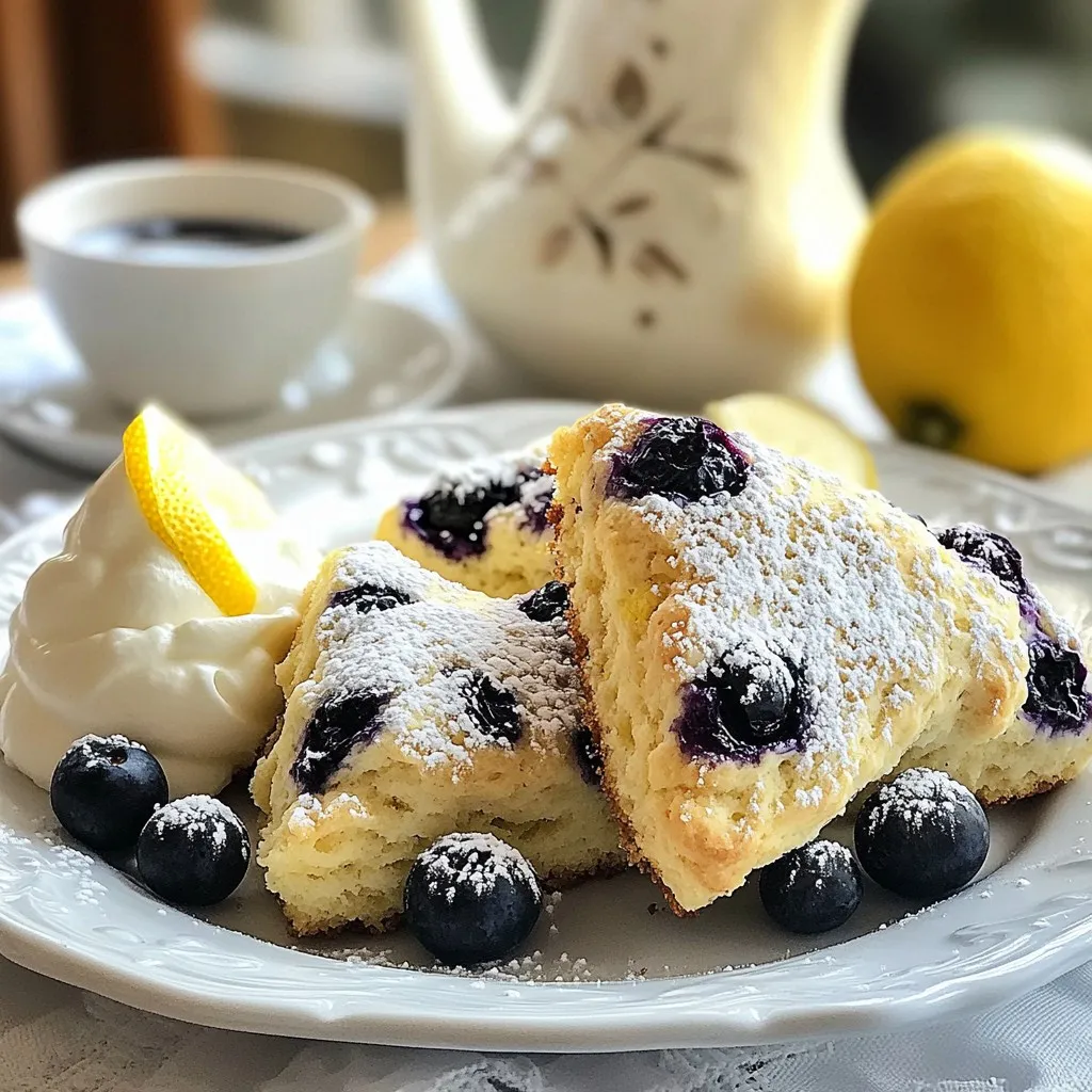 - 2 cups all-purpose flour - 1/4 cup granulated sugar - 1 tablespoon baking powder - 1/2 teaspoon salt - 1/2 cup unsalted butter, chilled and cubed - 1/2 cup heavy cream - 1 teaspoon vanilla extract - 1 large egg - 1/2 cup fresh blueberries - Zest of 1 lemon Gathering the right ingredients is key to making delicious blueberry lemon scones. Start with all-purpose flour for a soft texture. The granulated sugar adds just the right amount of sweetness. Baking powder helps the scones rise, giving them a light and fluffy feel. A touch of salt balances the flavors. For the wet ingredients, use unsalted butter. Keep it chilled and cubed for the best results. Heavy cream makes the scones rich and tender. The vanilla extract enhances the overall flavor. Don't forget the large egg; it binds everything together. Now, let’s make it pop with flavor! Fresh blueberries are a must. They burst with juice and sweetness. Grate the zest of one lemon to bring a bright, citrus kick. This combination of flavors makes every bite a delight. {{ingredient_image_1}} - Preheat oven to 400°F (200°C). - Line baking sheet with parchment paper. - Combine 2 cups all-purpose flour, 1/4 cup granulated sugar, 1 tablespoon baking powder, and 1/2 teaspoon salt in a bowl. - Whisk until mixed well. This mix gives the scones their structure. - Add 1/2 cup chilled, cubed unsalted butter to the dry mixture. - Use your fingers or a pastry cutter to work the butter into the flour. Aim for a crumbly texture. - Gently fold in 1/2 cup fresh blueberries and zest of 1 lemon. Be careful not to smash the blueberries. - In a separate bowl, mix together 1/2 cup heavy cream, 1 teaspoon vanilla extract, and 1 large egg. - Beat until the mixture is smooth and well blended. - Pour the wet mixture into the dry ingredients. Stir until just combined. - Some dry flour should remain; do not overmix. - Turn the dough onto a lightly floured surface and knead it gently a few times. Shape it into a circle, about 1-inch thick. - Cut the dough into 8 wedges. - Place wedges on the prepared baking sheet. Space them a couple of inches apart. - Bake for 15-20 minutes, until golden brown on top. - Remove from the oven and let cool slightly before serving. To make your scones light and fluffy, don’t overmix the dough. This keeps the texture tender. Use chilled butter to help create flaky layers. Cold butter melts slowly in the oven, adding steam and lift. For a tasty finish, dust your scones with powdered sugar. This adds sweetness and looks lovely. You can also serve them with clotted cream or a lemon glaze. Both options enhance the lemon flavor and make each bite special. To store leftover scones, place them in an airtight container. This keeps them fresh for a few days. If you want to enjoy them later, wrap them tightly and freeze. To reheat, warm them in the oven at 350°F (175°C) for about 10 minutes. Enjoy your scones warm for the best taste! Pro Tips Use Chilled Butter: Make sure your butter is very cold before mixing. This helps create a flaky texture in the scones. Fresh Blueberries: Use fresh blueberries for the best flavor and to prevent excess moisture in the dough. Do Not Overmix: Mix the dough just until combined. Overmixing can lead to tough scones. Brush with Cream: For a golden top, brush the scones with a little extra cream before baking. {{image_2}} You can make your blueberry lemon scones even better with fun add-ins. Try using different berries, like raspberries or blackberries. They add a nice twist to the flavor. You can also mix in some nuts, like walnuts or pecans. They give the scones a great crunch and extra taste. To change things up, think about adding herbs. A little thyme or lavender can bring a fresh taste. You can also try different citrus zest. Lime or orange zest can give your scones a unique flavor. Don't be afraid to experiment! A good glaze can take your scones to the next level. A lemon glaze is simple and delicious. Just mix powdered sugar with fresh lemon juice for a sweet-tart topping. You could also drizzle maple syrup on top. It adds a warm, rich flavor that pairs well with lemon and blueberries. Yes, you can make these scones ahead of time. Here are some tips: - Prepare the dough: You can mix the dry and wet ingredients and shape the dough into wedges up to 24 hours before baking. - Refrigerate: Wrap the shaped scones in plastic wrap and store them in the fridge. - Bake when ready: Just bake them straight from the fridge. This keeps them fresh and fluffy. Dense scones can happen due to a few reasons. Here are some common causes and solutions: - Overmixing the dough: Mixing too much can make the scones tough. Stir until just combined. - Old baking powder: Make sure your baking powder is fresh. Test it with water; it should bubble. - Too much liquid: If you added extra liquid, it can weigh the dough down. Stick to the recipe for best results. Yes, you can freeze blueberry lemon scones. Here’s how: - Freeze before baking: After shaping the scones, place them on a baking sheet and freeze until solid. - Store in a bag: Transfer the frozen scones to a freezer-safe bag. They can last up to three months. - Baking from frozen: When ready to bake, no need to thaw. Just add a few extra minutes to the baking time. Enjoy fresh scones anytime! Prep Time - 15 minutes Cook Time - 15-20 minutes Total Time - 35 minutes Servings - Makes 8 scones When you make blueberry lemon scones, you will want to get organized first. Start with prep time. It takes just 15 minutes to gather and mix your ingredients. This short time gets you ready for baking. You will quickly blend dry items with wet ones. The cook time is next. You will bake these scones for 15 to 20 minutes. You want them golden brown on top. The smell of blueberries and lemon will fill your kitchen. In total, the whole process takes about 35 minutes. That means you can enjoy warm scones in no time! This recipe makes 8 scones, perfect for sharing or enjoying all weekend. These scones are a tasty breakfast delight that everyone will love. You now have all the details to bake delicious blueberry lemon scones. We covered the right ingredients, from dry to wet and flavor enhancers. I shared step-by-step instructions to guide you through the baking process. Remember to avoid overmixing for the best texture! Try different berries and glazes to make each batch unique. Enjoy pairing these scones with clotted cream or a sweet glaze. Now it's your turn to put this knowledge into action. Happy baking!