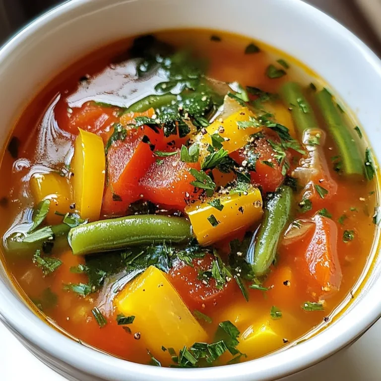 To make this cozy soup, gather these ingredients: - 1 tablespoon olive oil - 1 large onion, chopped - 2 cloves garlic, minced - 2 carrots, sliced - 2 celery stalks, diced - 1 bell pepper, chopped - 1 medium zucchini, diced - 1 cup green beans, trimmed and cut into 1-inch pieces - 4 cups vegetable broth - 1 can (14 oz) diced tomatoes, with juices - 1 teaspoon dried thyme - 1 teaspoon dried basil - Salt and pepper to taste - 2 cups fresh spinach or kale - Optional: 1 tablespoon lemon juice - Fresh herbs (e.g., parsley) for garnish You can swap ingredients to fit your taste or what you have on hand. Here are some ideas: - Use coconut oil instead of olive oil for a different flavor. - If you lack fresh vegetables, try frozen ones. They work well in soup. - Swap vegetable broth for chicken broth if you prefer. - Use canned tomatoes with herbs for extra flavor. - Fresh greens can be replaced by Swiss chard or collard greens. This soup is not only delicious but also packed with nutrients. Here’s a simple breakdown: - Calories: About 150 per serving - Protein: Approximately 5 grams - Carbohydrates: Roughly 30 grams - Fiber: Around 7 grams - Fat: About 3 grams This soup is a great option for anyone seeking a healthy meal. It is low in calories but high in vitamins and minerals. Enjoy this soup as a main dish or a side. {{ingredient_image_1}} 1. Start by heating 1 tablespoon of olive oil in a large pot over medium heat. 2. Add 1 large chopped onion and sauté for 3-4 minutes until it is clear. 3. Next, stir in 2 minced garlic cloves and cook for 1 minute until you smell it. 4. Add 2 sliced carrots, 2 diced celery stalks, and 1 chopped bell pepper to the pot. 5. Sauté these vegetables for 5 minutes, stirring now and then. 6. Mix in 1 diced zucchini and 1 cup of trimmed green beans. Sauté for another 3-4 minutes. 7. Pour in 4 cups of vegetable broth and 1 can of diced tomatoes with juices. 8. Stir well to combine all ingredients in the pot. 9. Season with 1 teaspoon of dried thyme, 1 teaspoon of dried basil, salt, and pepper. 10. Bring the soup to a gentle boil. Then turn down the heat to low and cover the pot. 11. Let it simmer for 20-25 minutes until the vegetables are soft. 12. Finally, stir in 2 cups of fresh spinach or kale. Let it wilt for a few minutes. 13. For a fresh taste, add 1 tablespoon of lemon juice if you like. - Cut your vegetables into similar sizes. This helps them cook evenly. - Keep the heat at medium. Too high can burn the garlic or onions. - Stir often to avoid sticking. This keeps the veggies from browning too much. - Always add garlic last when sautéing. It cooks faster than other veggies. - Sauté onions for about 3-4 minutes until they look clear. - Cook garlic for just 1 minute. It should smell strong but not burn. - Sauté carrots, celery, and bell pepper for 5 minutes to soften. - Add zucchini and green beans for another 3-4 minutes of sautéing. - Let the soup simmer for 20-25 minutes. This lets flavors blend well. Each step builds flavor and texture. Follow these tips, and you’ll enjoy a delicious soup! You can make this soup your own. Change the veggies based on what you have. Use sweet potatoes instead of carrots for a sweeter taste. If you love heat, add diced jalapeños or red pepper flakes. You can also switch herbs; try oregano or rosemary for a different flavor. Store leftover soup in a clean container. Glass jars or plastic containers work well. Let the soup cool before sealing it. This keeps it fresh and tasty. You can keep it in the fridge for up to four days. Make sure to label the container with the date. Reheat the soup gently on the stove. Use low to medium heat to avoid burning it. Add a splash of broth or water if it seems thick. Stir well to mix the flavors. Taste and adjust seasoning as needed. You can also use a microwave; just heat in short bursts to keep the soup hot but not overcooked. Pro Tips Use Seasonal Vegetables: Incorporating fresh, seasonal vegetables enhances the flavor and nutrition of your soup. Visit your local farmers' market for the best selection. Add Depth with Herbs: Fresh herbs like thyme and basil bring a vibrant taste to the soup. Experiment with other herbs like dill or rosemary for a unique twist. Customize Consistency: If you prefer a thicker soup, blend a portion of the soup and stir it back in. For a lighter broth, just add more vegetable broth or water. Serve with a Twist: A splash of lemon juice just before serving brightens the flavors. Pair with crusty bread or a light salad for a complete meal. {{image_2}} You can change the veggies in this soup to suit your taste. For a sweet twist, add butternut squash or sweet potatoes. If you want more crunch, try adding corn or peas. You can also mix in leafy greens like Swiss chard or collard greens for more nutrients. The beauty of this soup lies in its flexibility. Feel free to use what you have at home. This one-pot vegetable soup is already vegan and gluten-free. The main ingredients are all plant-based and safe for those with gluten issues. If you want to boost the flavor, use low-sodium vegetable broth. Always check labels for packaged items like diced tomatoes to ensure they meet your dietary needs. You can enjoy this soup without worry. To make the soup heartier, add proteins or grains. Chickpeas, lentils, or beans are great choices. They add protein and a nice texture. If you prefer grains, consider adding quinoa or brown rice. They cook well in the broth and soak up all the flavors. For a filling meal, mix in one cup of these additions during the last 15 minutes of cooking. This way, you create a satisfying dish that warms you up. To keep your One-Pot Vegetable Soup fresh, place it in an airtight container. Let the soup cool before sealing it. This helps prevent condensation, which can make your soup watery. Store the container in the fridge if you plan to eat it soon. It’s best to use it within 4-5 days for the best taste. If you want to save some for later, freezing is a great option. First, let the soup cool completely. Then, pour it into freezer-safe containers. Leave some space at the top to allow for expansion. You can also freeze it in individual portions for easy meals. Label each container with the date. The soup can be frozen for up to 3 months. In the fridge, your One-Pot Vegetable Soup lasts about 4-5 days. If it has been frozen, use it within 3 months for best quality. Always check for signs of spoilage before eating. If it smells off or looks strange, it’s best to toss it. Keeping these storage tips in mind helps you enjoy this healthy meal longer. One-Pot Vegetable Soup stays good in the fridge for about 3 to 5 days. Make sure to store it in an airtight container. This keeps the soup fresh and tasty. If you notice any off smells or changes in color, it’s best to throw it out. Yes, you can make this soup ahead of time. It tastes even better the next day as flavors meld. Just cook the soup, cool it down, and store it in the fridge. When ready to eat, simply reheat it on the stove. You can add many herbs and spices to boost the flavor of your soup. Here are some great options: - Fresh parsley or cilantro for a bright taste - A bay leaf for depth - Paprika for a smoky touch - Red pepper flakes for heat - Oregano for a Mediterranean twist Experiment with these herbs to find your favorite flavor combo! This blog covered how to make a simple one-pot vegetable soup. We started with key ingredients and their healthy benefits. I shared cooking steps, tips for sautéing, and how to store your soup. You learned how to customize your soup and explored different variations. In closing, this soup is versatile and easy to make. You can adjust the recipe to fit your tastes. Enjoy your cooking and the delicious results!