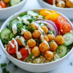 - 1 can chickpeas - Olive oil - Ground spices: - 1 tablespoon ground cumin - 1 tablespoon ground paprika - 1 teaspoon ground turmeric - 1 teaspoon ground coriander - 1/2 teaspoon cayenne pepper (optional, for heat) - Salt and pepper The base of the chickpea shawarma bowls is the chickpeas. I use a can for ease. You get protein and fiber, making this meal filling. The olive oil helps the spices stick and adds flavor. The spices bring warmth and depth. You can adjust the cayenne pepper based on how spicy you like it. - 1/2 cup cherry tomatoes, halved - 1 cucumber, diced - 1/4 red onion, thinly sliced - 1/2 cup fresh parsley, chopped The fresh veggies give color and crunch. Cherry tomatoes add sweetness, while cucumbers keep it fresh. Red onion brings a nice bite. Parsley not only brightens the dish but also adds a fresh taste. - 1 cup cooked quinoa or couscous - 1/4 cup tahini - 2 tablespoons lemon juice - Water, as needed to thin tahini - Optional pita bread or flatbread For the base, I love using quinoa or couscous. Both are hearty and tasty. The tahini dressing adds creaminess. The lemon juice gives it a tangy kick. You can adjust the water to get the right drizzle consistency. If you want, serve with pita or flatbread for extra texture. {{ingredient_image_1}} First, I preheat the oven to 400°F (200°C). In a large bowl, I mix the drained chickpeas with olive oil, cumin, paprika, turmeric, coriander, cayenne pepper, salt, and pepper. I make sure every chickpea gets coated well. Then, I spread the seasoned chickpeas on a baking sheet in a single layer. I roast them for about 25-30 minutes until they are crispy. Halfway through, I stir them to make sure they roast evenly. For a crunchier texture, I recommend checking them a bit earlier. If they look golden, they are ready. While the chickpeas roast, I prepare the fresh veggies. I take a large bowl and mix cherry tomatoes, cucumber, red onion, and parsley. I give it a light toss with a pinch of salt. This helps enhance the flavors. To keep the vegetables fresh and vibrant, I avoid cutting them too early. I like to assemble everything just before serving. This keeps the colors bright and the crunch intact. For the tahini dressing, I combine tahini and lemon juice in a bowl. I whisk them together until smooth. Then, I add water a little at a time to achieve the right consistency for drizzling. It should be pourable but not too runny. Finally, I taste it and add salt if needed. This dressing adds a creamy touch that perfectly balances the spices in the chickpeas. To make the best roasted chickpeas, try using different spices. Each spice adds unique flavor. For example, you can add garlic powder or smoked paprika for a twist. Spice blends also work well, like za’atar or harissa. Just remember to coat the chickpeas well with olive oil and spices before roasting. For optimal crispiness, spread the chickpeas in a single layer on your baking sheet. Avoid stacking them. This helps them roast evenly. Stir the chickpeas halfway through cooking to promote even browning. Roast until they are golden and crunchy. Assembling the bowls is simple and fun. Start with a base of cooked quinoa or couscous. Then add your roasted chickpeas and fresh veggies on top. Mix the cherry tomatoes, cucumber, red onion, and parsley for a burst of color. For garnishing, use extra parsley or a sprinkle of paprika on the top. This adds a lovely touch. Additionally, drizzle the tahini dressing generously over everything. If you like, serve with warm pita or flatbread on the side. This adds a nice texture to each bite. Chickpea shawarma bowls are naturally vegan and gluten-free. If you need to avoid gluten, ensure your quinoa or couscous is certified gluten-free. You can also substitute quinoa with rice or a gluten-free grain. For the tahini dressing, use a nut-free option if needed. You can replace tahini with sunflower seed butter or a simple yogurt sauce. These options keep the flavors bright without losing the creamy texture. Always check your labels for allergens to stay safe. Pro Tips Use Dried Chickpeas: If you have the time, soaking and cooking dried chickpeas can enhance the flavor and texture compared to canned varieties. Customize Your Spices: Feel free to adjust the spices to your preference; adding smoked paprika or garam masala can give a unique twist to the dish. Make Ahead: You can roast the chickpeas and prep the veggies in advance, making assembly quick and easy when you're ready to eat. Fresh Herbs: Don't skip the fresh parsley; it adds brightness and a fresh flavor that elevates the whole dish. {{image_2}} You can change up the protein in your chickpea shawarma bowls. Other legumes work great! Try black beans or lentils for a new twist. You can also use quinoa for extra protein. Tofu or tempeh adds a nice texture. Simply cube the tofu and sauté it with spices. Tempeh can be crumbled and cooked until golden. Both options boost protein and flavor. Add new spices to mix it up. Try smoked paprika for a deeper taste. Garam masala or curry powder can take your bowls to another level. You can also use different sauces. A spicy harissa or creamy yogurt sauce pairs well. Seasonal veggies can change your dish too. Swap in roasted sweet potatoes or zucchini in summer. Fresh herbs like mint can brighten the flavors. Toppings can enhance your meal. Avocado gives a creamy texture and healthy fats. Crushed nuts like almonds or walnuts add crunch. Seeds like pumpkin or sunflower work well too. For side dishes, consider a fresh salad or warm pita bread. A tangy coleslaw can bring freshness. These add-ons make your bowls even more satisfying and fun! To keep your chickpea shawarma bowls fresh, store leftovers in airtight containers. Place the roasted chickpeas and fresh veggies in separate containers. This helps the veggies stay crisp. Chickpeas can last up to 5 days in the fridge. The fresh vegetables are best eaten within 3 days for optimal taste. When reheating chickpeas, use the oven or a skillet. Spread the chickpeas on a baking sheet and heat at 350°F (175°C) for about 10 minutes. This keeps them crispy. For veggies, use a microwave for a quick reheat, but only for about 30 seconds. This helps preserve their fresh crunch. You can prep your ingredients ahead of time. Cook quinoa or couscous and store in the fridge for up to 5 days. Roast chickpeas in advance and keep them in a sealed container. When you’re ready to eat, just toss everything together for a quick meal. This makes busy days easier! To make chickpea shawarma bowls from scratch, follow these steps: 1. Preheat oven to 400°F (200°C). 2. Mix chickpeas with olive oil, spices, salt, and pepper in a bowl. 3. Spread chickpeas on a baking sheet and roast for 25-30 minutes until crispy. 4. Prepare fresh veggies by mixing tomatoes, cucumber, onion, and parsley in a bowl. 5. Make tahini dressing by whisking tahini, lemon juice, and water until smooth. 6. Assemble bowls with quinoa or couscous, roasted chickpeas, veggies, and tahini dressing. This simple process gives you a delicious and colorful meal. You can serve various items with chickpea shawarma bowls to make a full meal: - Pita bread or flatbread adds nice texture. - Hummus pairs well and offers extra creaminess. - Pickles add tang and crunch to your dish. - Greek yogurt or plant-based yogurt enhances flavor and creaminess. - Salad on the side can boost freshness. These options will take your meal to the next level. Yes, you can make chickpea shawarma bowls ahead of time. Here’s how to store and reheat: - Store leftovers in airtight containers in the fridge for up to 3 days. - Keep components separate to preserve texture. Store chickpeas, veggies, and dressing in different containers. - Reheat chickpeas in the oven at 350°F (175°C) for 10-15 minutes to regain crispiness. - Fresh veggies should not be reheated. Add them just before serving. This makes meal prep easy and keeps your bowls tasty! Chickpea shawarma bowls are a simple, tasty meal. You can customize them with fresh veggies and spices. Roasting chickpeas adds great flavor and crunch. Don't forget to mix tahini with lemon juice for a perfect dressing. This meal fits many diets and is quick to make. Whether you prep ahead or serve right away, enjoy the tasty, healthy benefits. Try different toppings for fun and variety! Make it your own and savor every bite.