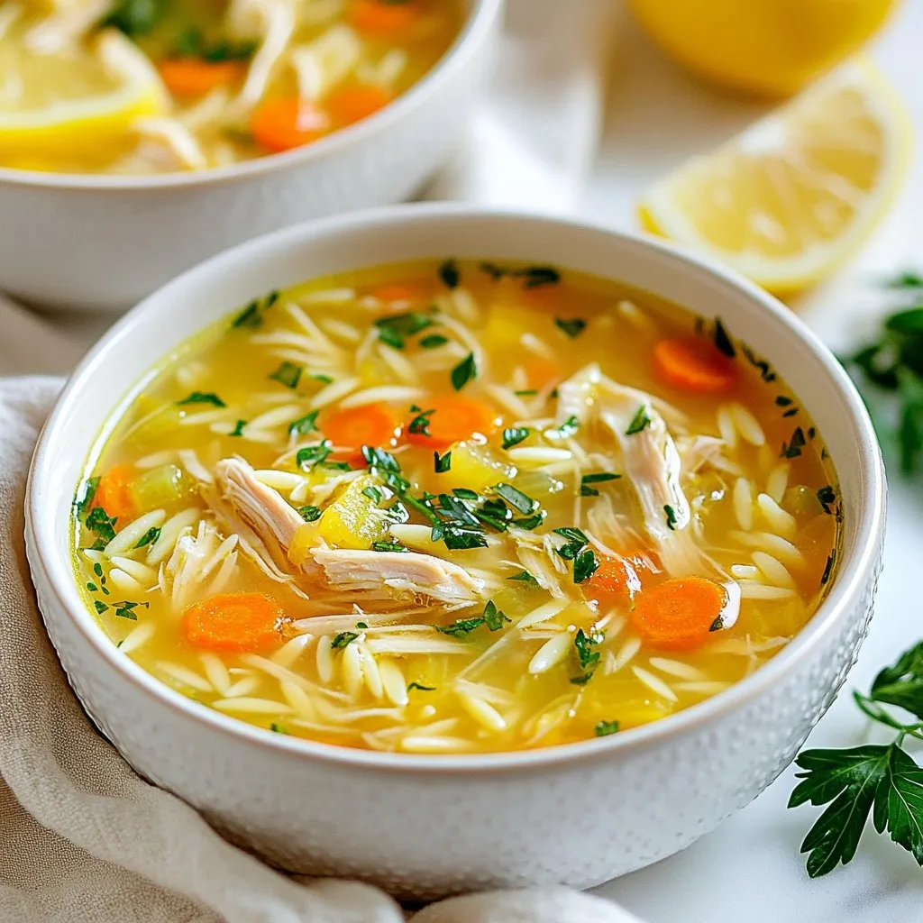 To make Greek Lemon Chicken Soup, you need a few simple ingredients. Here’s the detailed list: - 1 pound boneless, skinless chicken breasts - 6 cups chicken broth - 1 cup orzo pasta - 2 large carrots, diced - 1 onion, finely chopped - 3 cloves garlic, minced - 3 large eggs - 1/3 cup fresh lemon juice - Zest of 1 lemon - 1 teaspoon dried oregano - 1 teaspoon salt (adjust to taste) - 1/2 teaspoon black pepper - 2 tablespoons olive oil - Fresh parsley, chopped (for garnish) - Lemon wedges (for serving) Each item plays a key role in creating the soup's flavor and texture. The chicken adds protein, while the broth serves as a warm base. Orzo pasta gives it heartiness. Carrots, onion, and garlic provide a sweet and savory taste. Fresh lemon juice and zest brighten the soup, making it refreshing. Eggs bring a creamy consistency. You can adjust the salt and pepper to fit your taste. For garnish, fresh parsley adds color and a hint of earthiness. Lastly, lemon wedges enhance that zesty flavor when serving. {{ingredient_image_1}} 1. Start by heating 2 tablespoons of olive oil in a large pot over medium heat. 2. Add 1 finely chopped onion and sauté for about 5 minutes. The onion should be soft and clear. 3. Next, stir in 2 diced carrots and 3 minced garlic cloves. Cook for another 2-3 minutes. You want those nice smells to fill your kitchen! 4. Now, add 1 pound of boneless, skinless chicken breasts to the pot. Pour in 6 cups of chicken broth. Bring this mixture to a simmer. 5. Let it cook for 15-20 minutes, or until the chicken is fully cooked. It should be tender and juicy. 6. Remove the chicken from the pot and set it aside to cool for a bit. 7. Stir in 1 cup of orzo pasta into the broth. Cook for about 8-10 minutes until it is tender. 8. While the orzo cooks, shred the chicken into bite-sized pieces using two forks. 1. In a bowl, whisk together 3 large eggs, 1/3 cup of fresh lemon juice, zest of 1 lemon, 1 teaspoon of dried oregano, 1 teaspoon of salt, and 1/2 teaspoon of black pepper. Make sure it is well mixed. 2. Once the orzo is cooked, reduce the heat to low. To temper the egg mixture, slowly add a ladle of hot broth to it. Whisk continuously as you pour in the broth. This step stops the eggs from scrambling. 1. Gradually stir the tempered egg mixture back into the soup pot, stirring to keep it smooth and creamy. 2. Now, add the shredded chicken back into the pot. Let the soup heat through for another 2-3 minutes. 3. Taste and adjust the seasoning as needed. You may want to add a pinch more salt or pepper. This Greek Lemon Chicken Soup is ready to serve! How to avoid scrambling the eggs To keep the eggs smooth, you must temper them. Start by whisking the eggs with lemon juice, zest, oregano, salt, and pepper. Gradually add a ladle of hot broth to the egg mix while whisking. This warms the eggs slowly and prevents them from cooking too fast. Once mixed, stir it back into the soup. This will give you a creamy texture without any lumps. Achieving the perfect soup consistency For a nice balance, cook the orzo until tender but not mushy. The orzo will soak up some broth, so keep an eye on the texture. If the soup gets too thick, just add more chicken broth. Stir gently to combine everything. Presentation ideas Serve the soup in warm bowls. Top it with fresh parsley and a lemon wedge for color and flavor. This adds a nice touch and makes the dish look inviting. You can also sprinkle some extra oregano on top for a pop of flavor. Recommended sides for a complete meal Pair this soup with a side salad or some crusty bread. A light Greek salad made with cucumber, tomatoes, and feta cheese complements the soup well. It adds freshness and crunch, making your meal satisfying. Prep in advance Chop the veggies and shred the chicken ahead of time. You can do this the day before and store them in the fridge. This way, when you are ready to cook, everything is ready to go. It saves time and makes cooking less stressful. Freezing portions You can freeze leftover soup in airtight containers. Just make sure to leave some space at the top for expansion. When you want to enjoy it later, thaw it overnight in the fridge. Reheat it gently on the stove, adding a splash of broth if needed. This makes for an easy meal later! Pro Tips Use Fresh Ingredients: Always opt for fresh lemons and herbs to enhance the flavor of your dish. Fresh ingredients add brightness and depth that dried versions cannot replicate. Perfectly Cooked Orzo: To prevent the orzo from becoming mushy, make sure to cook it al dente. It will continue to soften slightly after being added to the hot broth. Tempering Eggs: When adding the egg mixture to the broth, always temper it first by slowly whisking in hot broth. This technique ensures a smooth, creamy texture without scrambling the eggs. Garnish Wisely: A sprinkle of fresh parsley and a wedge of lemon not only enhance the presentation but also add a burst of flavor that complements the soup. {{image_2}} You can switch up the protein in this soup. Try turkey instead of chicken for a nice change. Tofu works great too if you want a meatless option. It adds a different texture and is very filling. If you're looking for gluten-free choices, replace orzo with rice or a gluten-free pasta. These options keep the soup hearty and delicious without the gluten. Adding spices can give your soup a fun twist. Try adding a pinch of cumin or paprika for warmth. Fresh herbs like dill or thyme can also brighten up the flavors. You can play with the soup's acidity too. Instead of just lemon juice, try lime or orange juice for a unique taste. Each citrus adds its own zing, making the soup feel fresh and new. To keep your Greek lemon chicken soup fresh, first cool it completely. Store the soup in an airtight container. It helps if you divide it into smaller portions. This way, you can easily grab a bowl when hungry. For refrigeration, place the soup in the fridge right after it cools. It should stay fresh for up to four days. If you want to freeze it, use freezer-safe containers or bags. Leave some space at the top, as the soup will expand when frozen. This soup can last for about three months in the freezer. To reheat, thaw the soup in the fridge overnight. Warm it gently on the stove over low heat. Stir often to keep it smooth and creamy. In the fridge, your soup lasts for about four days. After that, it may start to lose flavor or freshness. You can tell if the soup has gone bad by looking for changes in color or smell. If it smells sour or looks cloudy, it's best to throw it out. Always trust your senses! Greek Lemon Chicken Soup is a warm and bright dish. It combines chicken, orzo pasta, and lemon. This soup has a creamy texture from eggs. Fresh herbs and spices add flavor, making it comforting and delicious. Yes, you can make this soup ahead of time. Prepare it fully and store it in the fridge. Reheat it gently when you are ready to enjoy. Just remember the orzo will soak up broth. If your soup is too thick, add more broth or water. Stir it in slowly until you reach your desired consistency. This will help keep the flavors balanced and delicious. Yes, this soup can be frozen. Let it cool completely before putting it in a freezer-safe container. It will last up to three months in the freezer. Thaw it overnight in the fridge before reheating. Absolutely! You can use any small pasta you like. Try ditalini, small shells, or even rice. Just adjust the cooking time according to the type of pasta you choose. In this post, we explored how to make a delicious Greek Lemon Chicken Soup. We covered the ingredients, preparation steps, and tips to ensure great results. Cooking should be fun and easy. Remember to experiment with flavors and make it your own! Don’t hesitate to try different proteins or herbs. This soup warms the soul and serves well. With simple storage tips, you can enjoy this dish later. Now, gather your ingredients and start cooking! Enjoy a bowl of comfort that you created.
