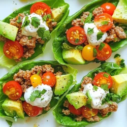 - 1 pound ground turkey - 8 large romaine or butter lettuce leaves - 1 tablespoon olive oil - 1 teaspoon garlic powder - 1 teaspoon onion powder - 1 teaspoon smoked paprika - Salt and pepper to taste - 1 cup cherry tomatoes, halved - 1 avocado, sliced - 1/4 cup fresh cilantro, chopped - 1/4 cup Greek yogurt or sour cream When you make Turkey Lettuce Tomato Wraps, start with the ground turkey. It gives your meal protein and flavor. You will also need large lettuce leaves. Romaine or butter lettuce works great. They hold the filling well and add a nice crunch. Next, let's talk about seasoning. Olive oil is key for cooking the turkey. It adds richness and helps the spices stick. Garlic powder and onion powder give a tasty base. Smoked paprika adds a warm flavor, while salt and pepper enhance everything. Now for the fun part: the fresh additions! Cherry tomatoes bring sweetness and color. Avocado adds creaminess and healthy fats. Fresh cilantro gives a burst of freshness. Lastly, Greek yogurt or sour cream adds a tangy finish. Gather all these ingredients for a tasty, healthy meal that you can whip up in no time! {{ingredient_image_1}} First, heat a large skillet over medium heat. Add one tablespoon of olive oil. Let the oil warm up for a minute. Then, add one pound of ground turkey. Use a spatula to break it apart. Cook it until it turns brown and is no longer pink. This should take about 5 to 7 minutes. Once the turkey is browned, it's time to add some flavor. Stir in one teaspoon of garlic powder, one teaspoon of onion powder, and one teaspoon of smoked paprika. Add salt and pepper to taste as well. Cook the turkey with the spices for an extra 2 minutes. This helps the spices mix well into the turkey. Now, let's prepare the toppings. Halve one cup of cherry tomatoes and slice one avocado. Chop a quarter cup of fresh cilantro. To assemble your wraps, take a large lettuce leaf. Spoon some of the cooked turkey mixture into the center. Top it with the halved cherry tomatoes, avocado slices, and a dollop of Greek yogurt. Sprinkle some chopped cilantro on top. Carefully fold the sides of the lettuce wrap inwards to enclose the filling. Enjoy your tasty meal! To cook turkey just right, keep the heat steady. Use medium heat to avoid burning. Stir the turkey often while it cooks. This helps it brown evenly. For flavor, add spices early. Garlic powder, onion powder, and smoked paprika work well. They make the turkey taste rich and savory. Don't forget salt and pepper! They balance the flavors perfectly. When you wrap your lettuce, start by laying the leaf flat. Spoon the turkey mixture in the center. Add your toppings like tomatoes and avocado. Now comes the folding! Gently fold the sides over the filling. Then, roll it up from the bottom. This keeps everything inside. These wraps are great on their own, but sides make them better. Try pairing them with fresh fruit or a light salad. For sauces, Greek yogurt is a fantastic choice. It adds creaminess. You can also try a spicy salsa for a kick. Enjoy your meal! Pro Tips Use Fresh Ingredients: Fresh lettuce, ripe avocados, and juicy tomatoes will enhance the flavor of your wraps. Customize Your Spices: Feel free to adjust the spices according to your taste. Adding chili powder can give it a nice kick! Make It Ahead: Cook the turkey mixture in advance and store it in the fridge. Assemble the wraps just before serving for the best texture. Try Different Wraps: Experiment with other leafy greens like spinach or Swiss chard for a different flavor and texture. {{image_2}} You can switch the ground turkey for chicken or beef. Simply use the same amount. Cook it in the skillet just like the turkey. Both chicken and beef add their own unique flavors. Chicken gives a lighter taste, while beef is heartier. You can also use ground pork for a juicy twist. If you want a plant-based meal, use lentils or chickpeas. Both options provide good protein. Cook them with the same spices to keep the flavor. You can also use mushrooms for a meaty texture. They add a rich taste and pair well with fresh toppings. To change up the taste, add different spices or salsas. Try cumin or chili powder for a kick. You can also use fresh herbs like basil or mint. They add a bright flavor to the wraps. For a fun twist, try mango or pineapple salsa for sweetness. It pairs well with the turkey and veggies. After you enjoy your turkey lettuce tomato wraps, store any leftovers in the fridge. Use an airtight container to keep them fresh. They will stay good for 3 to 5 days. To maintain crispness, store the filling and lettuce separately. This way, the lettuce stays crunchy. You can also freeze your turkey lettuce tomato wraps. First, let them cool completely. Then, wrap each one tightly in plastic wrap. Place them in a freezer-safe bag or container. They can last up to 3 months in the freezer. To reheat, take them out and let them thaw in the fridge overnight. Then, warm them in the microwave for 1 to 2 minutes. For storing wraps, I recommend using glass or BPA-free plastic containers. These types help keep your food fresh. Make sure the containers have tight seals to avoid air exposure. This helps prevent sogginess and keeps the flavors intact. Turkey Lettuce Tomato Wraps can last up to three days in the fridge. To store them, place the wraps in an airtight container. This helps keep them fresh and tasty. Avoid stacking them if possible to prevent squishing. If you have leftover turkey filling, store it separately. This way, you can make fresh wraps later. Yes, you can make these wraps ahead of time. To prep, cook the turkey filling and store it in the fridge. You can chop the toppings too. Just keep them in separate containers. When you are ready to eat, assemble the wraps fresh. This keeps the lettuce crisp and the flavors bright. If you need a substitute for lettuce, try using large collard green leaves or thin slices of cucumber. Both work well as wraps. You can also use whole grain tortillas or rice paper. These options add different textures and flavors to your meal. Feel free to get creative with what you have! In this blog post, we explored how to create tasty turkey lettuce wraps. We started with the main ingredients like ground turkey and fresh lettuce. Then, I shared tips for cooking the turkey and adding flavors. We also discussed variations, including vegan options. Proper storage helps maintain their freshness. These wraps are easy to make and a great way to enjoy a healthy meal. With a few tweaks, you can make them your own! Enjoy your cooking and happy eating!