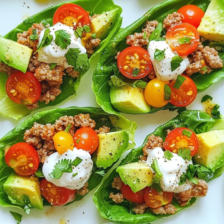 - 1 pound ground turkey - 8 large romaine or butter lettuce leaves - 1 tablespoon olive oil - 1 teaspoon garlic powder - 1 teaspoon onion powder - 1 teaspoon smoked paprika - Salt and pepper to taste - 1 cup cherry tomatoes, halved - 1 avocado, sliced - 1/4 cup fresh cilantro, chopped - 1/4 cup Greek yogurt or sour cream When you make Turkey Lettuce Tomato Wraps, start with the ground turkey. It gives your meal protein and flavor. You will also need large lettuce leaves. Romaine or butter lettuce works great. They hold the filling well and add a nice crunch. Next, let's talk about seasoning. Olive oil is key for cooking the turkey. It adds richness and helps the spices stick. Garlic powder and onion powder give a tasty base. Smoked paprika adds a warm flavor, while salt and pepper enhance everything. Now for the fun part: the fresh additions! Cherry tomatoes bring sweetness and color. Avocado adds creaminess and healthy fats. Fresh cilantro gives a burst of freshness. Lastly, Greek yogurt or sour cream adds a tangy finish. Gather all these ingredients for a tasty, healthy meal that you can whip up in no time! {{ingredient_image_1}} First, heat a large skillet over medium heat. Add one tablespoon of olive oil. Let the oil warm up for a minute. Then, add one pound of ground turkey. Use a spatula to break it apart. Cook it until it turns brown and is no longer pink. This should take about 5 to 7 minutes. Once the turkey is browned, it's time to add some flavor. Stir in one teaspoon of garlic powder, one teaspoon of onion powder, and one teaspoon of smoked paprika. Add salt and pepper to taste as well. Cook the turkey with the spices for an extra 2 minutes. This helps the spices mix well into the turkey. Now, let's prepare the toppings. Halve one cup of cherry tomatoes and slice one avocado. Chop a quarter cup of fresh cilantro. To assemble your wraps, take a large lettuce leaf. Spoon some of the cooked turkey mixture into the center. Top it with the halved cherry tomatoes, avocado slices, and a dollop of Greek yogurt. Sprinkle some chopped cilantro on top. Carefully fold the sides of the lettuce wrap inwards to enclose the filling. Enjoy your tasty meal! To cook turkey just right, keep the heat steady. Use medium heat to avoid burning. Stir the turkey often while it cooks. This helps it brown evenly. For flavor, add spices early. Garlic powder, onion powder, and smoked paprika work well. They make the turkey taste rich and savory. Don't forget salt and pepper! They balance the flavors perfectly. When you wrap your lettuce, start by laying the leaf flat. Spoon the turkey mixture in the center. Add your toppings like tomatoes and avocado. Now comes the folding! Gently fold the sides over the filling. Then, roll it up from the bottom. This keeps everything inside. These wraps are great on their own, but sides make them better. Try pairing them with fresh fruit or a light salad. For sauces, Greek yogurt is a fantastic choice. It adds creaminess. You can also try a spicy salsa for a kick. Enjoy your meal! Pro Tips Use Fresh Ingredients: Fresh lettuce, ripe avocados, and juicy tomatoes will enhance the flavor of your wraps. Customize Your Spices: Feel free to adjust the spices according to your taste. Adding chili powder can give it a nice kick! Make It Ahead: Cook the turkey mixture in advance and store it in the fridge. Assemble the wraps just before serving for the best texture. Try Different Wraps: Experiment with other leafy greens like spinach or Swiss chard for a different flavor and texture. {{image_2}} You can switch the ground turkey for chicken or beef. Simply use the same amount. Cook it in the skillet just like the turkey. Both chicken and beef add their own unique flavors. Chicken gives a lighter taste, while beef is heartier. You can also use ground pork for a juicy twist. If you want a plant-based meal, use lentils or chickpeas. Both options provide good protein. Cook them with the same spices to keep the flavor. You can also use mushrooms for a meaty texture. They add a rich taste and pair well with fresh toppings. To change up the taste, add different spices or salsas. Try cumin or chili powder for a kick. You can also use fresh herbs like basil or mint. They add a bright flavor to the wraps. For a fun twist, try mango or pineapple salsa for sweetness. It pairs well with the turkey and veggies. After you enjoy your turkey lettuce tomato wraps, store any leftovers in the fridge. Use an airtight container to keep them fresh. They will stay good for 3 to 5 days. To maintain crispness, store the filling and lettuce separately. This way, the lettuce stays crunchy. You can also freeze your turkey lettuce tomato wraps. First, let them cool completely. Then, wrap each one tightly in plastic wrap. Place them in a freezer-safe bag or container. They can last up to 3 months in the freezer. To reheat, take them out and let them thaw in the fridge overnight. Then, warm them in the microwave for 1 to 2 minutes. For storing wraps, I recommend using glass or BPA-free plastic containers. These types help keep your food fresh. Make sure the containers have tight seals to avoid air exposure. This helps prevent sogginess and keeps the flavors intact. Turkey Lettuce Tomato Wraps can last up to three days in the fridge. To store them, place the wraps in an airtight container. This helps keep them fresh and tasty. Avoid stacking them if possible to prevent squishing. If you have leftover turkey filling, store it separately. This way, you can make fresh wraps later. Yes, you can make these wraps ahead of time. To prep, cook the turkey filling and store it in the fridge. You can chop the toppings too. Just keep them in separate containers. When you are ready to eat, assemble the wraps fresh. This keeps the lettuce crisp and the flavors bright. If you need a substitute for lettuce, try using large collard green leaves or thin slices of cucumber. Both work well as wraps. You can also use whole grain tortillas or rice paper. These options add different textures and flavors to your meal. Feel free to get creative with what you have! In this blog post, we explored how to create tasty turkey lettuce wraps. We started with the main ingredients like ground turkey and fresh lettuce. Then, I shared tips for cooking the turkey and adding flavors. We also discussed variations, including vegan options. Proper storage helps maintain their freshness. These wraps are easy to make and a great way to enjoy a healthy meal. With a few tweaks, you can make them your own! Enjoy your cooking and happy eating!