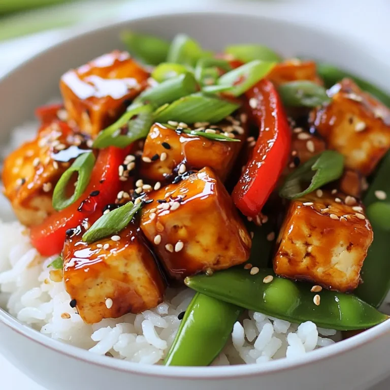 - 1 block (14 oz) firm tofu, drained and pressed - 1 cup jasmine rice - 1 red bell pepper, sliced - 1 cup snap peas, trimmed - 2 green onions, sliced For the teriyaki tofu rice bowls, firm tofu is key. It holds its shape well while cooking. Jasmine rice adds a light and fragrant base. Fresh vegetables like red bell pepper and snap peas bring crunch and color. Green onions add a fresh kick and look great on top. - 3 tablespoons soy sauce (low sodium) - 3 tablespoons maple syrup - 1 tablespoon rice vinegar - 1 teaspoon sesame oil The marinade is what makes this dish shine. Soy sauce gives a savory depth. Maple syrup adds sweetness, balancing the saltiness. Rice vinegar provides a slight tang, while sesame oil adds a nutty flavor. Together, they create a rich sauce for the tofu. - 1 tablespoon vegetable oil - Sesame seeds for garnish - Salt and pepper to taste You'll need vegetable oil to fry the tofu until golden. Sesame seeds make a lovely garnish, adding texture. A pinch of salt and pepper enhances the flavors. These simple items help create a delicious and healthy meal. {{ingredient_image_1}} First, rinse the jasmine rice under cold water. This helps remove extra starch. Rinse until the water is clear. Next, in a medium saucepan, combine 1 cup of rice and 2 cups of water. Bring it to a boil. Once boiling, lower the heat and cover. Let it simmer for 15 minutes. After that, remove it from heat and let it sit with the lid on for 5 minutes. This will make the rice fluffy and perfect. While the rice cooks, it’s time to prepare the tofu. Start by cutting the pressed tofu into bite-sized cubes. In a bowl, whisk together 3 tablespoons of soy sauce, 3 tablespoons of maple syrup, 1 tablespoon of rice vinegar, and 1 teaspoon of sesame oil. Add the tofu cubes to the bowl. Gently toss the cubes to coat them in the marinade. Let the tofu marinate for at least 10 minutes. This gives it great flavor. Now, heat 1 tablespoon of vegetable oil in a non-stick skillet over medium-high heat. Once the oil is hot, add the marinated tofu cubes. Reserve the leftover marinade for later. Cook the tofu for about 8 to 10 minutes. Turn the cubes occasionally. You want them to be golden brown and crispy on all sides. This step is key to getting that nice texture. Tofu can be tricky, but pressing it makes a big difference. Start with firm tofu. Wrap the block in a clean towel. Place a heavy object on top to squeeze out water. Let it sit for at least 15 minutes. This helps the tofu soak up flavors later. For crispy tofu, cut it into bite-sized cubes. After marinating, heat oil in a non-stick skillet. Cook the tofu on medium-high heat. Turn it often to get all sides golden brown. This usually takes about 8 to 10 minutes. The right texture is key for a great bite. When it comes to veggies, use fresh ones for the best taste. Red bell peppers and snap peas work well together. You can also try broccoli or carrots for variety. Timing is crucial for the perfect texture. Stir-fry these veggies for about 3 to 4 minutes. They should be bright and tender but still crunchy. This keeps the dish vibrant and fresh. When assembling your rice bowls, start with a fluffy base of jasmine rice. Divide it evenly into bowls. Then, scoop the tofu and vegetable mix on top. To elevate the dish, drizzle extra teriyaki sauce over everything. You can also add sesame seeds and green onions for a nice crunch. This adds flavor and makes your bowl look appealing too! Pro Tips Press Tofu Well: Ensure you press the tofu thoroughly to remove excess water, which helps it absorb the marinade better and achieve a crispier texture when cooked. Customize Your Veggies: Feel free to swap in your favorite vegetables such as broccoli, carrots, or zucchini for added variety and nutrition in your rice bowls. Let the Marinade Soak: For the best flavor, allow the tofu to marinate for longer than 10 minutes if time permits. An hour or more will intensify the taste. Serve with a Side: Consider pairing these rice bowls with a light salad or miso soup for a complete and satisfying meal experience. {{image_2}} You can switch the tofu for tempeh if you like a firmer texture. Tempeh has a nutty taste that adds depth. For meat-eaters, consider grilled chicken or beef. Both pair well with teriyaki sauce. Shrimp is another tasty option that cooks quickly and absorbs flavors well. If you want a different base, try quinoa. It cooks fast and is high in protein. Cauliflower rice is a great low-carb choice. It’s light and takes on the flavors of the dish. For gluten-free options, use brown rice or wild rice. Both add a nice chew to your bowl. Want more flavor? Add ginger and garlic to the marinade. They give a nice kick. You can also sprinkle in some chili flakes for heat. If you love sauces, try adding sriracha or hoisin sauce. Both add unique tastes to your dish and can change the flavor profile completely. To keep your Teriyaki Tofu Rice Bowls fresh, store them in an airtight container. Place the leftover rice, tofu, and vegetables in the fridge. They will last for about 3 to 4 days. When you are ready to eat, reheat the rice and tofu together. Use a microwave or a skillet for even heating. Add a splash of water to the rice if it feels dry. Heat until everything is warm and ready to enjoy. Yes, you can freeze your Teriyaki Tofu Rice Bowls! However, tofu may change texture after freezing. It can become spongy but still tastes great. To freeze, separate the rice, tofu, and vegetables. Place each in freezer-safe bags or containers. Make sure to remove as much air as possible. They can stay good for up to 3 months. When you want to eat them, thaw in the fridge overnight. Reheat as mentioned above, and enjoy a quick meal! To make teriyaki sauce, you need a few simple ingredients. Combine 3 tablespoons of soy sauce, 3 tablespoons of maple syrup, 1 tablespoon of rice vinegar, and 1 teaspoon of sesame oil. Whisk them together in a bowl until smooth. This sauce balances sweet and savory flavors, perfect for your tofu. You can adjust the sweetness or saltiness based on your taste. Yes, you can use other types of tofu. Firm tofu works best for a crispy texture. Soft or silken tofu may fall apart during cooking. If you want a meat-like texture, try extra-firm tofu. Just remember to press it well to remove excess water. This helps it absorb flavors better and become crispy when cooked. You can pair these rice bowls with many delicious sides. Here are some suggestions: - Steamed broccoli: It adds color and nutrition. - Edamame: This provides a nice protein boost. - Cucumber salad: A refreshing side that balances the meal. For beverages that complement the dish, consider: - Green tea: It complements the flavors well. - Sake: This Japanese rice wine enhances the experience. - Sparkling water with lime: A refreshing choice that cleanses your palate. In this blog post, we explored a tasty Teriyaki Tofu Rice Bowl. We covered essential ingredients, including firm tofu, jasmine rice, and fresh veggies. You learned how to marinate tofu and achieve the perfect crispy texture. We also shared tips on storing leftovers and how to customize the dish according to your taste. Remember, cooking should be fun and easy. Use this guide to create your own delicious and healthy bowls. Enjoy your cooking journey and remember to experiment!