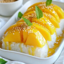 - 1 cup glutinous rice - 1 1/2 cups coconut milk - 1/2 cup sugar - 1/4 teaspoon salt - 2 ripe mangoes, peeled and sliced - 1 tablespoon sesame seeds (optional) - Fresh mint leaves for garnish (optional) Gathering the right ingredients is key to making Thai mango sticky rice. You need glutinous rice, which is sticky and chewy. This rice gives the dessert its unique texture. Coconut milk is essential for that creamy flavor. I love using fresh, ripe mangoes. They add a sweet and fruity taste. Sugar and salt balance the flavors. The sugar adds sweetness, while the salt enhances the coconut milk. You can add sesame seeds for a crunch. Mint leaves brighten the dish and add freshness. Make sure to choose ripe mangoes. Look for ones that feel soft to the touch. This will ensure they are sweet and juicy. With these ingredients, you can create a delicious and beautiful dish. {{ingredient_image_1}} 1. Rinse the glutinous rice under cold water. Keep rinsing until the water runs clear. This step helps remove excess starch. 2. Soak the rinsed rice in water. Let it soak for at least 4 hours. Overnight soaking works best. 3. After soaking, drain the rice. Then, use a bamboo or metal steamer lined with cheesecloth to steam the rice. 4. Steam the rice for about 25-30 minutes. The rice should turn translucent and tender when done. 1. In a small saucepan, combine 1 1/2 cups of coconut milk, 1/2 cup of sugar, and 1/4 teaspoon of salt. 2. Warm the mixture over medium heat. Stir until the sugar dissolves. Be careful not to let it boil. 3. Once combined, remove the saucepan from heat. This sauce enhances the rice's flavor. 1. After cooking the rice, transfer it to a bowl. Pour about 1 cup of the sweet coconut milk mixture over the hot rice. 2. Mix well and let it sit for about 15 minutes. This helps the rice absorb the flavors. 3. To serve, mold the sticky rice into a shape or place it in a small bowl next to the sliced mango. 4. Drizzle with any remaining coconut sauce. 5. For a fun touch, garnish with sesame seeds and fresh mint leaves if you like. To make Thai mango sticky rice great, you need ripe mangoes. Look for mangoes that are slightly soft to the touch. The skin should be bright and colorful. Common types include the Ataulfo and Haden mangoes. Ataulfo mangoes are sweet and creamy. Haden mangoes have a rich flavor. Both work well for this dish. Soaking your glutinous rice is key. Soak it for at least four hours or overnight. This helps the rice absorb water. Next, steam the rice for 25 to 30 minutes. The grains should look clear and soft. Proper soaking and steaming create a perfect texture for sticky rice. How you present your dish matters! Use a vibrant plate to make it pop. Mold the sticky rice into a round shape for a nice look. Serve the mango slices beside the rice. Drizzle the coconut sauce over everything. Add sesame seeds and mint leaves for extra flair. This will impress your guests and make the dish fun to eat! Pro Tips Soaking Matters: Soaking the glutinous rice for at least 4 hours or overnight ensures that the grains cook evenly and become perfectly tender. Steaming Technique: Use a bamboo steamer lined with cheesecloth for a traditional touch. This allows the rice to steam properly without sticking. Coconut Sauce Consistency: Be careful not to boil the coconut milk mixture; heating it just enough to dissolve the sugar keeps the sauce creamy and smooth. Presentation Perfection: Use a small round mold to shape the sticky rice for an elegant presentation, and drizzle the coconut sauce artfully around the plate. {{image_2}} You can easily make Thai mango sticky rice vegan. Just switch to coconut milk alternatives. Brands like soy or almond milk work well. Use unsweetened versions to avoid extra sugar. This keeps the dish creamy and rich. The flavor stays close to the original recipe. Beyond sesame seeds and mint, try other toppings for fun. Chopped nuts add crunch. Peanuts or cashews are great choices. You can also use fresh fruits like strawberries or kiwi. They add color and taste. Drizzle honey or maple syrup for extra sweetness. This creates a unique twist on a classic dish. Want to boost the flavor? Add spices like cinnamon or cardamom. A pinch can change the whole taste. You can also mix in other fruits. Pineapple or berries complement the mango well. This makes each bite exciting and fresh. Experimenting with flavors can lead to your new favorite version. To keep your Thai mango sticky rice fresh, store it in the fridge. Use an airtight container to prevent it from drying out. You can keep it for up to three days. When ready to eat, just reheat the rice in the microwave. Add a splash of coconut milk to keep it moist. You can freeze sticky rice and mango for later. First, let the rice cool completely. Then, place it in a freezer-safe bag. Remove as much air as possible. For mango, slice it and also freeze it in a bag. The rice will stay good for up to one month. The mango will last for about three months. Thai mango sticky rice is best enjoyed fresh. However, if stored properly, the rice lasts three days in the fridge. If you freeze it, you can enjoy it later. Just remember to use it within a month for the best taste. Sticky rice is also known as glutinous rice. It has a high starch content, which makes it sticky when cooked. This rice is often used in Asian dishes. The sticky texture helps it hold together. You can easily mold it into shapes. It is great for desserts like mango sticky rice. You can use regular rice, but it won't taste the same. Regular rice has less starch, so it won’t be sticky. Jasmine rice is a better choice as a substitute. It has a nice aroma and a slightly sticky texture. You may need to adjust cooking times and water amounts. To reheat sticky rice, use a steamer. Place the rice in a bowl and steam for 10 minutes. You can also use a microwave. Add a splash of water to keep it moist. Heat for 30 seconds to 1 minute. Check and stir to ensure even heating. This helps keep the rice soft and sticky. Thai Mango Sticky Rice combines sweet mangoes and creamy coconut rice. First, you learned the essential ingredients, like glutinous rice and coconut milk. Then, I walked you through each step, from preparation to assembly. I shared tips for choosing the best mangoes and ideas for presentation. You saw ways to modify the dish for different diets and flavors. Lastly, I covered how to store leftovers. Enjoy making this delicious treat! Remember, fresh ingredients make the best flavors. Your success in cooking is just a recipe away!