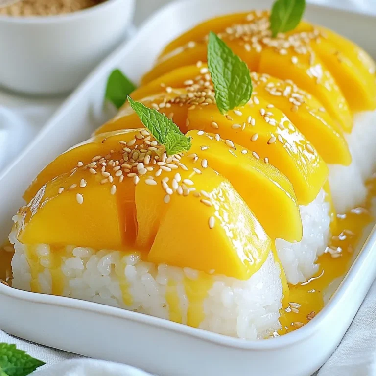 - 1 cup glutinous rice - 1 1/2 cups coconut milk - 1/2 cup sugar - 1/4 teaspoon salt - 2 ripe mangoes, peeled and sliced - 1 tablespoon sesame seeds (optional) - Fresh mint leaves for garnish (optional) Gathering the right ingredients is key to making Thai mango sticky rice. You need glutinous rice, which is sticky and chewy. This rice gives the dessert its unique texture. Coconut milk is essential for that creamy flavor. I love using fresh, ripe mangoes. They add a sweet and fruity taste. Sugar and salt balance the flavors. The sugar adds sweetness, while the salt enhances the coconut milk. You can add sesame seeds for a crunch. Mint leaves brighten the dish and add freshness. Make sure to choose ripe mangoes. Look for ones that feel soft to the touch. This will ensure they are sweet and juicy. With these ingredients, you can create a delicious and beautiful dish. {{ingredient_image_1}} 1. Rinse the glutinous rice under cold water. Keep rinsing until the water runs clear. This step helps remove excess starch. 2. Soak the rinsed rice in water. Let it soak for at least 4 hours. Overnight soaking works best. 3. After soaking, drain the rice. Then, use a bamboo or metal steamer lined with cheesecloth to steam the rice. 4. Steam the rice for about 25-30 minutes. The rice should turn translucent and tender when done. 1. In a small saucepan, combine 1 1/2 cups of coconut milk, 1/2 cup of sugar, and 1/4 teaspoon of salt. 2. Warm the mixture over medium heat. Stir until the sugar dissolves. Be careful not to let it boil. 3. Once combined, remove the saucepan from heat. This sauce enhances the rice's flavor. 1. After cooking the rice, transfer it to a bowl. Pour about 1 cup of the sweet coconut milk mixture over the hot rice. 2. Mix well and let it sit for about 15 minutes. This helps the rice absorb the flavors. 3. To serve, mold the sticky rice into a shape or place it in a small bowl next to the sliced mango. 4. Drizzle with any remaining coconut sauce. 5. For a fun touch, garnish with sesame seeds and fresh mint leaves if you like. To make Thai mango sticky rice great, you need ripe mangoes. Look for mangoes that are slightly soft to the touch. The skin should be bright and colorful. Common types include the Ataulfo and Haden mangoes. Ataulfo mangoes are sweet and creamy. Haden mangoes have a rich flavor. Both work well for this dish. Soaking your glutinous rice is key. Soak it for at least four hours or overnight. This helps the rice absorb water. Next, steam the rice for 25 to 30 minutes. The grains should look clear and soft. Proper soaking and steaming create a perfect texture for sticky rice. How you present your dish matters! Use a vibrant plate to make it pop. Mold the sticky rice into a round shape for a nice look. Serve the mango slices beside the rice. Drizzle the coconut sauce over everything. Add sesame seeds and mint leaves for extra flair. This will impress your guests and make the dish fun to eat! Pro Tips Soaking Matters: Soaking the glutinous rice for at least 4 hours or overnight ensures that the grains cook evenly and become perfectly tender. Steaming Technique: Use a bamboo steamer lined with cheesecloth for a traditional touch. This allows the rice to steam properly without sticking. Coconut Sauce Consistency: Be careful not to boil the coconut milk mixture; heating it just enough to dissolve the sugar keeps the sauce creamy and smooth. Presentation Perfection: Use a small round mold to shape the sticky rice for an elegant presentation, and drizzle the coconut sauce artfully around the plate. {{image_2}} You can easily make Thai mango sticky rice vegan. Just switch to coconut milk alternatives. Brands like soy or almond milk work well. Use unsweetened versions to avoid extra sugar. This keeps the dish creamy and rich. The flavor stays close to the original recipe. Beyond sesame seeds and mint, try other toppings for fun. Chopped nuts add crunch. Peanuts or cashews are great choices. You can also use fresh fruits like strawberries or kiwi. They add color and taste. Drizzle honey or maple syrup for extra sweetness. This creates a unique twist on a classic dish. Want to boost the flavor? Add spices like cinnamon or cardamom. A pinch can change the whole taste. You can also mix in other fruits. Pineapple or berries complement the mango well. This makes each bite exciting and fresh. Experimenting with flavors can lead to your new favorite version. To keep your Thai mango sticky rice fresh, store it in the fridge. Use an airtight container to prevent it from drying out. You can keep it for up to three days. When ready to eat, just reheat the rice in the microwave. Add a splash of coconut milk to keep it moist. You can freeze sticky rice and mango for later. First, let the rice cool completely. Then, place it in a freezer-safe bag. Remove as much air as possible. For mango, slice it and also freeze it in a bag. The rice will stay good for up to one month. The mango will last for about three months. Thai mango sticky rice is best enjoyed fresh. However, if stored properly, the rice lasts three days in the fridge. If you freeze it, you can enjoy it later. Just remember to use it within a month for the best taste. Sticky rice is also known as glutinous rice. It has a high starch content, which makes it sticky when cooked. This rice is often used in Asian dishes. The sticky texture helps it hold together. You can easily mold it into shapes. It is great for desserts like mango sticky rice. You can use regular rice, but it won't taste the same. Regular rice has less starch, so it won’t be sticky. Jasmine rice is a better choice as a substitute. It has a nice aroma and a slightly sticky texture. You may need to adjust cooking times and water amounts. To reheat sticky rice, use a steamer. Place the rice in a bowl and steam for 10 minutes. You can also use a microwave. Add a splash of water to keep it moist. Heat for 30 seconds to 1 minute. Check and stir to ensure even heating. This helps keep the rice soft and sticky. Thai Mango Sticky Rice combines sweet mangoes and creamy coconut rice. First, you learned the essential ingredients, like glutinous rice and coconut milk. Then, I walked you through each step, from preparation to assembly. I shared tips for choosing the best mangoes and ideas for presentation. You saw ways to modify the dish for different diets and flavors. Lastly, I covered how to store leftovers. Enjoy making this delicious treat! Remember, fresh ingredients make the best flavors. Your success in cooking is just a recipe away!