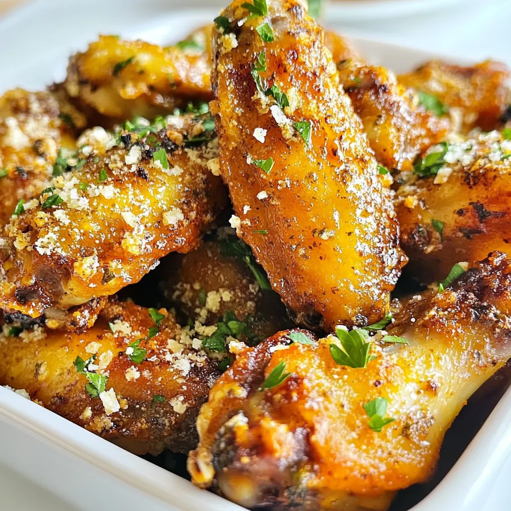 - Chicken wings: 2 lbs - Olive oil: 3 tablespoons - Garlic: 4 cloves, minced - Parmesan cheese: 1/2 cup, grated - Italian herbs: 2 teaspoons (oregano, basil, thyme) - Paprika: 1 teaspoon - Seasoning: Salt and pepper to taste - Garnish: Fresh parsley, chopped When you gather your ingredients, you set the stage for great wings. Fresh chicken wings are key. I use two pounds for a good meal. Olive oil helps the wings get crispy and adds flavor. Minced garlic gives a robust taste that I love. Grated Parmesan cheese adds a creamy, salty touch. I suggest using a good quality cheese for the best flavor. Italian herbs bring warmth and depth to the dish. I like a mix of oregano, basil, and thyme. A teaspoon of paprika adds color and a mild smokiness. Don’t forget salt and pepper. They boost all the flavors. Finally, some fresh parsley makes the dish pop with color. It’s the perfect garnish to finish off your wings. By preparing these ingredients, you set yourself up for success. Each component plays a role in creating crispy, savory wings that everyone will enjoy. {{ingredient_image_1}} To start, I pat the chicken wings dry with paper towels. This step is key for crispy wings. Moisture can ruin that perfect crunch we all want. Next, I make the marinade. In a large bowl, I mix together the olive oil, minced garlic, grated Parmesan, dried Italian herbs, paprika, salt, and pepper. This blend gives the wings a rich, savory flavor. Now, it’s time to toss the wings in the marinade. I add the wings to the bowl and mix until they are fully coated. This ensures that every bite is packed with flavor. I let the wings marinate for at least 15 minutes. If you have more time, letting them sit for up to 2 hours brings out even better taste. Before cooking, I preheat my air fryer to 380°F (193°C) for about 5 minutes. This step helps the wings cook evenly and get crispy. Once preheated, I arrange the marinated wings in a single layer in the air fryer basket. I make sure not to overcrowd them. This allows the hot air to flow around each wing. I set the timer for 25 to 30 minutes. Halfway through, I shake the basket to ensure even crispiness. After cooking, I check the wings. They should be golden brown and crispy. If they need more crispiness, I add an extra 5 minutes. This process creates wings that are both savory and delightful. To make your Air Fryer Garlic Parmesan Wings perfectly crispy, start by patting the chicken wings dry. This step removes extra moisture. Dry wings crisp up better when you cook them. Next, shake the basket during cooking. This helps air flow around the wings. It also ensures even cooking and crispiness. You can easily change the flavor of your wings. Adding spice variations is a great option. Try cayenne pepper for heat or smoked paprika for a smoky taste. You can also use different herbs. Fresh herbs like rosemary or thyme can brighten up the flavor. Experimenting with spices can make your wings unique. Pair your garlic Parmesan wings with tasty sides. Celery sticks and carrot sticks are classic choices. You can also serve them with a fresh salad for a light meal. For dipping sauces, ranch and blue cheese are popular options. You might also enjoy a spicy sriracha sauce for a kick. Pro Tips Pat the Wings Dry: Ensuring the wings are dry before marinating helps achieve that crispy texture in the air fryer. Marinate Longer for Flavor: Allowing the wings to marinate for longer than 15 minutes, ideally up to 2 hours, enhances the flavor significantly. Don't Overcrowd the Basket: Cooking the wings in a single layer will ensure they cook evenly and become crispy instead of steaming. Use Leftover Coating: Tossing the cooked wings in any leftover garlic Parmesan coating before serving adds an extra punch of flavor. {{image_2}} If you want to switch things up, try Buffalo-style garlic Parmesan wings. Just add hot sauce to the marinade. This gives a spicy kick that pairs well with the savory garlic and cheese. Another option is the lemon herb twist. Add fresh lemon juice and zest to the marinade. This brightens the wings and adds a fresh flavor. Feel free to mix herbs and spices based on your taste. Instead of Italian herbs, use fresh rosemary or dill for a unique twist. For a healthier oil choice, you can use avocado oil. It has a high smoke point and is great for air frying. These simple swaps can make your wings even better. You can also make garlic Parmesan wings in the oven. Preheat to 400°F and bake for 40-45 minutes. Flip them halfway through for even cooking. Grilling is another option. Marinate the wings and grill them over medium heat for about 20-25 minutes. This adds a smoky flavor that is hard to beat. Each method gives a different taste, so experiment to find your favorite! To store cooked wings in the fridge, wait for them to cool first. Place the wings in an airtight container. This keeps them fresh for about 3-4 days. You can also cover them tightly with plastic wrap. Just make sure they cool completely before sealing. For freezing leftovers, let the wings cool down. Then, wrap them in foil or place them in a freezer bag. Remove as much air as you can to avoid freezer burn. They will stay good for up to 3 months. When you’re ready to eat them, move the wings to the fridge to defrost overnight. To retain crispiness, reheat the wings in the air fryer at 375°F for 5-10 minutes. This helps them get nice and crispy again. You can also use an oven at the same temperature, placing them on a baking sheet. Avoid using a microwave, as it makes them soggy. Enjoy your tasty wings just like they were fresh! Cook your garlic Parmesan wings for 25 to 30 minutes. This time gives wings a nice golden color. If your wings are larger, you may need a few more minutes. Always check for crispiness. If they need more time, add 5 minutes. You want them crispy, not chewy. Yes, you can use frozen wings! Cook them at 380°F for about 30 to 35 minutes. Make sure to shake the basket about halfway through. This helps them cook evenly. There’s no need to thaw before cooking. Just season after they have cooked through. You can add many spices to boost flavor! Here are some ideas: - Cayenne pepper for heat - Lemon zest for brightness - Smoked paprika for a deeper taste - Cumin for an earthy twist Feel free to mix and match. Your wings will taste amazing! You can make delicious garlic Parmesan wings using simple ingredients and steps. We covered how to prepare, marinate, and cook wings for great flavor and crispiness. Remember to try different spices and cooking methods for variety. Store any leftovers properly to enjoy them later. With these tips and tricks, your wings will impress everyone at the table. Enjoy your cooking adventure!