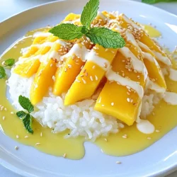 - 1 cup glutinous rice (sticky rice) - 1 ½ cups coconut milk - ½ cup sugar - 1 teaspoon salt - 2 ripe mangoes, peeled and sliced - 2 tablespoons sesame seeds or toasted mung beans (for garnish) - Fresh mint leaves (for garnish, optional) To make Thai mango sticky rice, start with glutinous rice. This rice gives the dish its chewy texture. You will also need coconut milk. It adds richness and creaminess. Sugar sweetens the dish, while salt balances the flavors. The star of this dessert is ripe mangoes. Their natural sweetness shines in every bite. For garnishes, you can use sesame seeds or mung beans. They add a nice crunch. Fresh mint leaves can brighten the plate with color and flavor. Each ingredient plays a key role in creating this delicious dessert. The mix of flavors and textures makes it truly special. When you gather these ingredients, you set the stage for a delightful treat. {{ingredient_image_1}} 1. First, rinse the glutinous rice in cold water. You want the water to run clear. This step is key as it removes excess starch. 2. After rinsing, soak the rice for at least 4 hours or overnight. Soaking makes the rice soft and fluffy. 3. Once soaked, drain the rice. Wrap it in cheesecloth or place it in a steaming basket lined with parchment paper. 4. Next, prepare a steamer pot. Fill it with water and bring it to a gentle boil. 5. Place the wrapped rice in the steamer and steam for about 30 minutes. The rice should be tender and slightly translucent. 1. While the rice steams, it's time to make the coconut sauce. In a saucepan, combine coconut milk, sugar, and salt. 2. Heat the mixture over low to medium heat. Stir until the sugar fully dissolves. Be careful not to let it boil. 3. Set aside about ⅓ cup of this coconut sauce for drizzling later. 1. Once the rice is done steaming, remove it from the heat. Place it in a large bowl. 2. Pour the remaining coconut milk mixture over the warm rice. Gently fold the rice to combine. 3. Let the rice sit for about 15 minutes. This allows it to absorb all those delicious coconut flavors. To make the best sticky rice, soak it well. Rinse the glutinous rice under cold water. This helps to remove extra starch. Soak the rice for at least 4 hours. For even better results, soak it overnight. After soaking, drain the rice. Wrap it in cheesecloth or use a steaming basket lined with parchment paper. Steam the rice in a pot with boiling water. Make sure the water does not touch the rice. Steam for about 30 minutes. The rice should be soft and slightly sticky when done. To get that perfect balance of taste, adjust the sweetness and saltiness of the coconut sauce. Start with ½ cup of sugar, but feel free to add more if you like it sweeter. Add a teaspoon of salt to enhance the flavors. Choosing the right mango is key. Select ripe, sweet mangoes. I love using Nam Dok Mai mangoes; they are sweet and juicy. Their texture pairs well with the sticky rice. When you slice them, arrange them nicely next to the rice for a beautiful presentation. Pro Tips Soaking Time Matters: The longer you soak the glutinous rice, the softer and stickier it will become. Aim for at least 4 hours, or overnight for best results. Perfect Steaming Technique: Ensure your steaming pot is at a gentle boil, and avoid lifting the lid too often, as this can disrupt the cooking process and steam. Coconut Milk Flavor: For a richer flavor, consider using full-fat coconut milk. It will give your sticky rice a creamier texture and a more intense coconut taste. Garnish for Presentation: Fresh mint leaves not only add a pop of color but also enhance the flavor profile. Consider using them for an elegant touch. {{image_2}} You can play with Thai mango sticky rice by adding other fruits. Try dragon fruit for a pop of color and flavor. Bananas also add sweetness and creaminess. These fruits pair well with the rich coconut sauce and make the dish even more exciting. You can also switch up your sweeteners. Instead of sugar, use honey or maple syrup. Each sweetener brings its own taste. This can change the whole vibe of your dessert. Serving Thai mango sticky rice with ice cream is a fun twist. The cold, creamy ice cream contrasts perfectly with the warm sticky rice. It makes each bite a delightful surprise. You can create a mango sticky rice cake too. Layer sticky rice with mango slices in a cake pan. Chill it to set, then slice and serve. This makes for a beautiful presentation at any party. To keep your mango sticky rice fresh, store it well. Place the sticky rice in an airtight container. This keeps moisture in and prevents it from drying out. You can store the rice for up to three days in the fridge. For the mango, you want to keep it bright and tasty. Store sliced mango in a separate container. Use a tight lid to stop air from getting in. It’s best to eat mango within one day for the best taste. When you want to eat leftover sticky rice, reheating it right is key. Place the rice in a bowl and add a splash of water. Cover the bowl with a damp paper towel or a lid. Microwave it for about 30 seconds to a minute. This method keeps the rice moist and fluffy. If you prefer, you can reheat the rice in a steamer. Just add water and steam for about 10 minutes. This method brings back the original texture and flavor. Enjoy your dessert just like it was fresh! To make Thai Mango Sticky Rice vegan, simply change the ingredients. Use agave syrup or maple syrup instead of sugar. Make sure your coconut milk is free from animal products. This way, you keep the creamy texture without any dairy. The best rice for sticky rice is glutinous rice, also known as sticky rice. This rice has a high starch content, which makes it sticky when cooked. You can find it in Asian grocery stores. Other rice types, like jasmine or basmati, do not give the same texture. Yes, Thai Mango Sticky Rice can be served cold. Some people enjoy it chilled, especially on hot days. If you want to serve it cold, let it cool at room temperature. Then, place it in the fridge for about an hour. Just remember, the flavors shine best when served warm. This blog post covered how to make delicious Thai mango sticky rice. We explored the key ingredients, from glutinous rice to ripe mangoes. You learned step-by-step instructions for preparing the dish, along with handy tips for perfecting your rice. We also discussed variations and storage methods to keep your dessert fresh. Enjoy making this sweet treat. Experiment with flavors and toppings for your perfect version!
