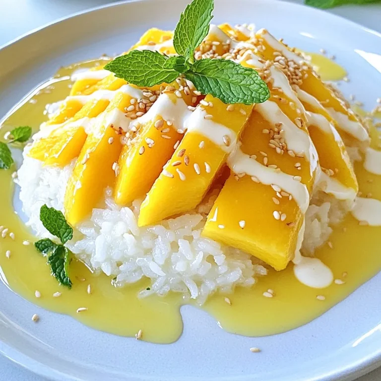 - 1 cup glutinous rice (sticky rice) - 1 ½ cups coconut milk - ½ cup sugar - 1 teaspoon salt - 2 ripe mangoes, peeled and sliced - 2 tablespoons sesame seeds or toasted mung beans (for garnish) - Fresh mint leaves (for garnish, optional) To make Thai mango sticky rice, start with glutinous rice. This rice gives the dish its chewy texture. You will also need coconut milk. It adds richness and creaminess. Sugar sweetens the dish, while salt balances the flavors. The star of this dessert is ripe mangoes. Their natural sweetness shines in every bite. For garnishes, you can use sesame seeds or mung beans. They add a nice crunch. Fresh mint leaves can brighten the plate with color and flavor. Each ingredient plays a key role in creating this delicious dessert. The mix of flavors and textures makes it truly special. When you gather these ingredients, you set the stage for a delightful treat. {{ingredient_image_1}} 1. First, rinse the glutinous rice in cold water. You want the water to run clear. This step is key as it removes excess starch. 2. After rinsing, soak the rice for at least 4 hours or overnight. Soaking makes the rice soft and fluffy. 3. Once soaked, drain the rice. Wrap it in cheesecloth or place it in a steaming basket lined with parchment paper. 4. Next, prepare a steamer pot. Fill it with water and bring it to a gentle boil. 5. Place the wrapped rice in the steamer and steam for about 30 minutes. The rice should be tender and slightly translucent. 1. While the rice steams, it's time to make the coconut sauce. In a saucepan, combine coconut milk, sugar, and salt. 2. Heat the mixture over low to medium heat. Stir until the sugar fully dissolves. Be careful not to let it boil. 3. Set aside about ⅓ cup of this coconut sauce for drizzling later. 1. Once the rice is done steaming, remove it from the heat. Place it in a large bowl. 2. Pour the remaining coconut milk mixture over the warm rice. Gently fold the rice to combine. 3. Let the rice sit for about 15 minutes. This allows it to absorb all those delicious coconut flavors. To make the best sticky rice, soak it well. Rinse the glutinous rice under cold water. This helps to remove extra starch. Soak the rice for at least 4 hours. For even better results, soak it overnight. After soaking, drain the rice. Wrap it in cheesecloth or use a steaming basket lined with parchment paper. Steam the rice in a pot with boiling water. Make sure the water does not touch the rice. Steam for about 30 minutes. The rice should be soft and slightly sticky when done. To get that perfect balance of taste, adjust the sweetness and saltiness of the coconut sauce. Start with ½ cup of sugar, but feel free to add more if you like it sweeter. Add a teaspoon of salt to enhance the flavors. Choosing the right mango is key. Select ripe, sweet mangoes. I love using Nam Dok Mai mangoes; they are sweet and juicy. Their texture pairs well with the sticky rice. When you slice them, arrange them nicely next to the rice for a beautiful presentation. Pro Tips Soaking Time Matters: The longer you soak the glutinous rice, the softer and stickier it will become. Aim for at least 4 hours, or overnight for best results. Perfect Steaming Technique: Ensure your steaming pot is at a gentle boil, and avoid lifting the lid too often, as this can disrupt the cooking process and steam. Coconut Milk Flavor: For a richer flavor, consider using full-fat coconut milk. It will give your sticky rice a creamier texture and a more intense coconut taste. Garnish for Presentation: Fresh mint leaves not only add a pop of color but also enhance the flavor profile. Consider using them for an elegant touch. {{image_2}} You can play with Thai mango sticky rice by adding other fruits. Try dragon fruit for a pop of color and flavor. Bananas also add sweetness and creaminess. These fruits pair well with the rich coconut sauce and make the dish even more exciting. You can also switch up your sweeteners. Instead of sugar, use honey or maple syrup. Each sweetener brings its own taste. This can change the whole vibe of your dessert. Serving Thai mango sticky rice with ice cream is a fun twist. The cold, creamy ice cream contrasts perfectly with the warm sticky rice. It makes each bite a delightful surprise. You can create a mango sticky rice cake too. Layer sticky rice with mango slices in a cake pan. Chill it to set, then slice and serve. This makes for a beautiful presentation at any party. To keep your mango sticky rice fresh, store it well. Place the sticky rice in an airtight container. This keeps moisture in and prevents it from drying out. You can store the rice for up to three days in the fridge. For the mango, you want to keep it bright and tasty. Store sliced mango in a separate container. Use a tight lid to stop air from getting in. It’s best to eat mango within one day for the best taste. When you want to eat leftover sticky rice, reheating it right is key. Place the rice in a bowl and add a splash of water. Cover the bowl with a damp paper towel or a lid. Microwave it for about 30 seconds to a minute. This method keeps the rice moist and fluffy. If you prefer, you can reheat the rice in a steamer. Just add water and steam for about 10 minutes. This method brings back the original texture and flavor. Enjoy your dessert just like it was fresh! To make Thai Mango Sticky Rice vegan, simply change the ingredients. Use agave syrup or maple syrup instead of sugar. Make sure your coconut milk is free from animal products. This way, you keep the creamy texture without any dairy. The best rice for sticky rice is glutinous rice, also known as sticky rice. This rice has a high starch content, which makes it sticky when cooked. You can find it in Asian grocery stores. Other rice types, like jasmine or basmati, do not give the same texture. Yes, Thai Mango Sticky Rice can be served cold. Some people enjoy it chilled, especially on hot days. If you want to serve it cold, let it cool at room temperature. Then, place it in the fridge for about an hour. Just remember, the flavors shine best when served warm. This blog post covered how to make delicious Thai mango sticky rice. We explored the key ingredients, from glutinous rice to ripe mangoes. You learned step-by-step instructions for preparing the dish, along with handy tips for perfecting your rice. We also discussed variations and storage methods to keep your dessert fresh. Enjoy making this sweet treat. Experiment with flavors and toppings for your perfect version!