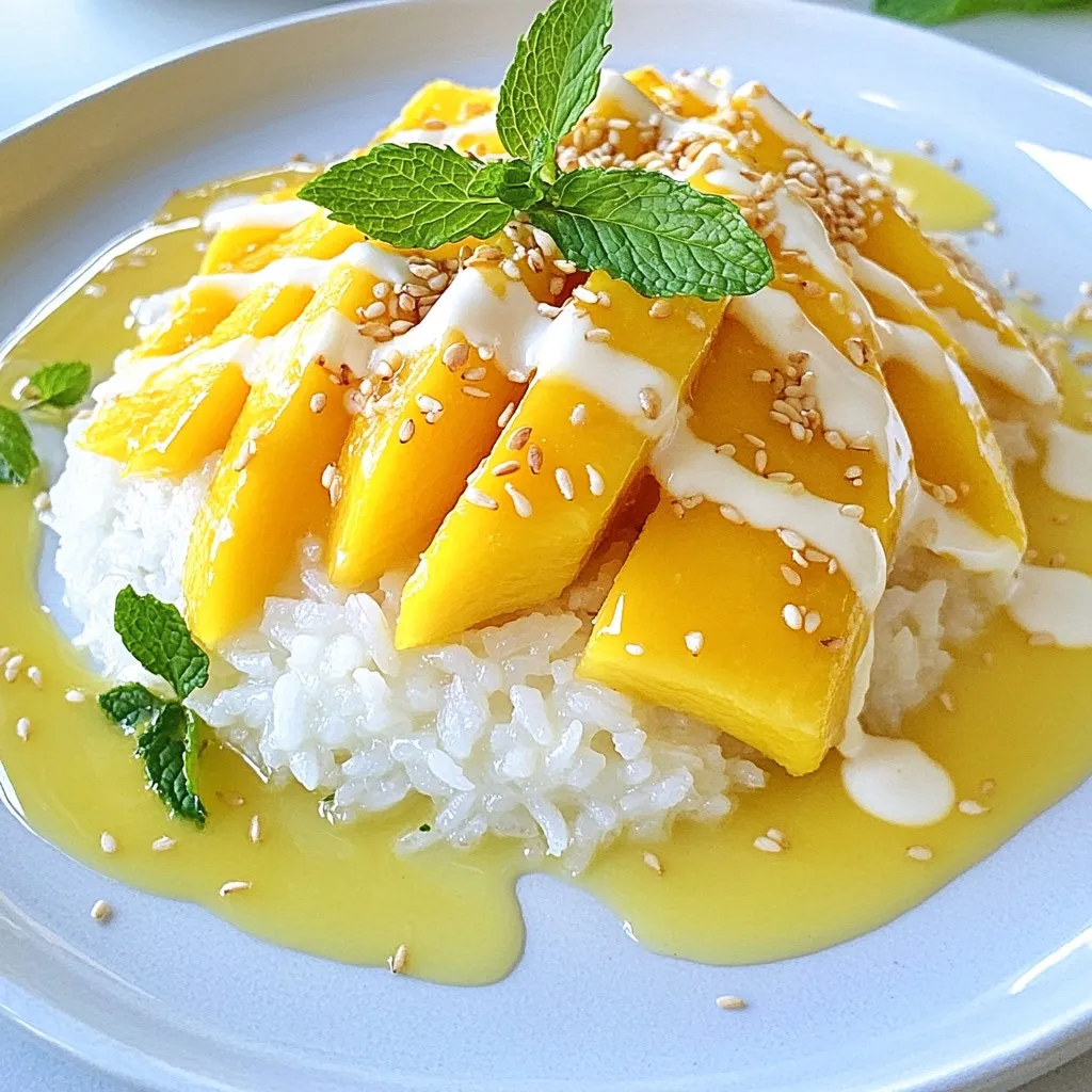 - 1 cup glutinous rice (sticky rice) - 1 ½ cups coconut milk - ½ cup sugar - 1 teaspoon salt - 2 ripe mangoes, peeled and sliced - 2 tablespoons sesame seeds or toasted mung beans (for garnish) - Fresh mint leaves (for garnish, optional) To make Thai mango sticky rice, start with glutinous rice. This rice gives the dish its chewy texture. You will also need coconut milk. It adds richness and creaminess. Sugar sweetens the dish, while salt balances the flavors. The star of this dessert is ripe mangoes. Their natural sweetness shines in every bite. For garnishes, you can use sesame seeds or mung beans. They add a nice crunch. Fresh mint leaves can brighten the plate with color and flavor. Each ingredient plays a key role in creating this delicious dessert. The mix of flavors and textures makes it truly special. When you gather these ingredients, you set the stage for a delightful treat. {{ingredient_image_1}} 1. First, rinse the glutinous rice in cold water. You want the water to run clear. This step is key as it removes excess starch. 2. After rinsing, soak the rice for at least 4 hours or overnight. Soaking makes the rice soft and fluffy. 3. Once soaked, drain the rice. Wrap it in cheesecloth or place it in a steaming basket lined with parchment paper. 4. Next, prepare a steamer pot. Fill it with water and bring it to a gentle boil. 5. Place the wrapped rice in the steamer and steam for about 30 minutes. The rice should be tender and slightly translucent. 1. While the rice steams, it's time to make the coconut sauce. In a saucepan, combine coconut milk, sugar, and salt. 2. Heat the mixture over low to medium heat. Stir until the sugar fully dissolves. Be careful not to let it boil. 3. Set aside about ⅓ cup of this coconut sauce for drizzling later. 1. Once the rice is done steaming, remove it from the heat. Place it in a large bowl. 2. Pour the remaining coconut milk mixture over the warm rice. Gently fold the rice to combine. 3. Let the rice sit for about 15 minutes. This allows it to absorb all those delicious coconut flavors. To make the best sticky rice, soak it well. Rinse the glutinous rice under cold water. This helps to remove extra starch. Soak the rice for at least 4 hours. For even better results, soak it overnight. After soaking, drain the rice. Wrap it in cheesecloth or use a steaming basket lined with parchment paper. Steam the rice in a pot with boiling water. Make sure the water does not touch the rice. Steam for about 30 minutes. The rice should be soft and slightly sticky when done. To get that perfect balance of taste, adjust the sweetness and saltiness of the coconut sauce. Start with ½ cup of sugar, but feel free to add more if you like it sweeter. Add a teaspoon of salt to enhance the flavors. Choosing the right mango is key. Select ripe, sweet mangoes. I love using Nam Dok Mai mangoes; they are sweet and juicy. Their texture pairs well with the sticky rice. When you slice them, arrange them nicely next to the rice for a beautiful presentation. Pro Tips Soaking Time Matters: The longer you soak the glutinous rice, the softer and stickier it will become. Aim for at least 4 hours, or overnight for best results. Perfect Steaming Technique: Ensure your steaming pot is at a gentle boil, and avoid lifting the lid too often, as this can disrupt the cooking process and steam. Coconut Milk Flavor: For a richer flavor, consider using full-fat coconut milk. It will give your sticky rice a creamier texture and a more intense coconut taste. Garnish for Presentation: Fresh mint leaves not only add a pop of color but also enhance the flavor profile. Consider using them for an elegant touch. {{image_2}} You can play with Thai mango sticky rice by adding other fruits. Try dragon fruit for a pop of color and flavor. Bananas also add sweetness and creaminess. These fruits pair well with the rich coconut sauce and make the dish even more exciting. You can also switch up your sweeteners. Instead of sugar, use honey or maple syrup. Each sweetener brings its own taste. This can change the whole vibe of your dessert. Serving Thai mango sticky rice with ice cream is a fun twist. The cold, creamy ice cream contrasts perfectly with the warm sticky rice. It makes each bite a delightful surprise. You can create a mango sticky rice cake too. Layer sticky rice with mango slices in a cake pan. Chill it to set, then slice and serve. This makes for a beautiful presentation at any party. To keep your mango sticky rice fresh, store it well. Place the sticky rice in an airtight container. This keeps moisture in and prevents it from drying out. You can store the rice for up to three days in the fridge. For the mango, you want to keep it bright and tasty. Store sliced mango in a separate container. Use a tight lid to stop air from getting in. It’s best to eat mango within one day for the best taste. When you want to eat leftover sticky rice, reheating it right is key. Place the rice in a bowl and add a splash of water. Cover the bowl with a damp paper towel or a lid. Microwave it for about 30 seconds to a minute. This method keeps the rice moist and fluffy. If you prefer, you can reheat the rice in a steamer. Just add water and steam for about 10 minutes. This method brings back the original texture and flavor. Enjoy your dessert just like it was fresh! To make Thai Mango Sticky Rice vegan, simply change the ingredients. Use agave syrup or maple syrup instead of sugar. Make sure your coconut milk is free from animal products. This way, you keep the creamy texture without any dairy. The best rice for sticky rice is glutinous rice, also known as sticky rice. This rice has a high starch content, which makes it sticky when cooked. You can find it in Asian grocery stores. Other rice types, like jasmine or basmati, do not give the same texture. Yes, Thai Mango Sticky Rice can be served cold. Some people enjoy it chilled, especially on hot days. If you want to serve it cold, let it cool at room temperature. Then, place it in the fridge for about an hour. Just remember, the flavors shine best when served warm. This blog post covered how to make delicious Thai mango sticky rice. We explored the key ingredients, from glutinous rice to ripe mangoes. You learned step-by-step instructions for preparing the dish, along with handy tips for perfecting your rice. We also discussed variations and storage methods to keep your dessert fresh. Enjoy making this sweet treat. Experiment with flavors and toppings for your perfect version!