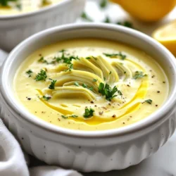 To make Lemony Tuscan Artichoke Soup, you will need: - 2 cups artichoke hearts (canned or frozen, drained if canned) - 1 medium onion, diced - 3 cloves garlic, minced - 2 medium potatoes, peeled and diced - 4 cups vegetable broth - 1 cup heavy cream (or coconut milk for a dairy-free option) - 1 tablespoon olive oil - 1 lemon (zested and juiced) - 1 teaspoon dried oregano - Salt and pepper to taste - Fresh parsley, chopped (for garnish) If you have dietary needs, you can easily adjust this recipe. Use coconut milk instead of heavy cream for a dairy-free soup. For gluten-free options, check that your vegetable broth is gluten-free. This recipe is flexible, so feel free to swap out ingredients. Fresh artichokes can offer great flavor, but they require more prep work. Canned artichokes save time and still taste good. If using canned, drain them well. Frozen artichokes are also a good option. They can be just as fresh as the ones in a can. Depending on your time and taste, choose what works best for you. {{ingredient_image_1}} Start by heating olive oil in a large pot over medium heat. Add the diced onion. Sauté until the onion becomes soft and clear, about 5 minutes. Next, stir in the minced garlic. Cook it for one more minute until the smell fills the air. Now, add the diced potatoes and artichoke hearts to the pot. Mix everything well. Pour in the vegetable broth and sprinkle the dried oregano. Bring this mix to a boil. Once it boils, lower the heat and let it simmer for 15 to 20 minutes. The potatoes should be soft when done. After cooking, take the pot off the heat. Use an immersion blender or countertop blender to blend the soup until it is smooth. This gives the soup a creamy texture. For the best smoothness, let the soup cool a bit before blending. If using a countertop blender, fill it halfway. This helps avoid splattering. Blend until you reach a velvety texture. If you prefer a chunkier soup, blend only half the mixture. Using an immersion blender is easier. Just blend directly in the pot. This cuts down on dishes too. If you want a thicker soup, add more potatoes next time. You can also blend in a bit more artichoke. For creaminess, stir in more heavy cream or coconut milk. If the soup is too thick, add a splash of vegetable broth. Taste and adjust with salt and pepper as needed. This ensures every bowl is just right for you. To make your Lemony Tuscan Artichoke Soup shine, add more herbs. Fresh herbs like basil or thyme work well. You can also try a pinch of red pepper flakes for heat. These small changes can bring a new twist to the soup. If you love zest, consider adding more lemon zest for extra brightness. One common mistake is not sautéing the onion long enough. This step adds depth to the soup. Make sure the onions are soft and translucent. Another mistake is blending the soup too early. Blend only after the potatoes are tender. This ensures a smooth and creamy texture. Lastly, don't skip seasoning. Salt and pepper enhance all the flavors in your soup. Garnishes make your soup look great. Fresh parsley adds a pop of color. You can also use a swirl of cream or coconut milk on top. This adds a nice touch and extra creaminess. A sprinkle of lemon zest or a few artichoke slices can impress your guests. Keep it simple but beautiful for a cozy meal. Pro Tips Use Fresh Artichokes: If you can find fresh artichokes, they can elevate the flavor of the soup significantly. Just make sure to prepare them properly before adding to the pot. Adjust the Creaminess: For a lighter soup, you can use less heavy cream or replace it entirely with vegetable broth. For a richer texture, add more cream or coconut milk. Add More Vegetables: Feel free to include other vegetables like carrots or spinach to enhance the nutritional value and flavor of the soup. Serve with Crusty Bread: This soup pairs wonderfully with a slice of crusty bread or a warm baguette for a complete meal experience. {{image_2}} You can easily add protein to your Lemony Tuscan Artichoke Soup. Chicken works well. Just cook it in the pot before adding other ingredients. I like to use diced chicken breast. Cook it until brown, around five to seven minutes. This adds flavor and makes the soup heartier. Beans are another great choice. White beans or chickpeas blend well with the soup's taste. Simply add a can of drained beans when you add the artichokes. They boost protein and fiber, making the soup more filling. If you love heat, try adding red pepper flakes. Just sprinkle a pinch into the pot when you sauté the onions. Adjust the amount based on your spice level. This small change gives the soup a nice kick. It complements the lemon and artichokes well. To make this soup vegan, swap heavy cream for coconut milk. This keeps it rich and creamy but plant-based. Use vegetable broth to ensure all ingredients are vegan-friendly. You can also skip the cream altogether for a lighter soup. Feel free to experiment with different veggies, like spinach or kale. They add color and nutrients without changing the flavor much. These options make the soup hearty and healthy, perfect for any diet. To keep your Lemony Tuscan Artichoke Soup fresh, let it cool first. Pour the soup into an airtight container. Make sure to leave some space at the top for expansion. You can store it in the fridge for up to three days. Always label your container with the date. This helps you track its freshness. If you want to save some soup for later, freezing is a great option. Use freezer-safe containers or bags. Fill them with cooled soup, leaving some room at the top. Seal them tightly to avoid freezer burn. You can freeze the soup for up to three months. When ready to eat, thaw it in the fridge overnight. To reheat the soup, pour it into a pot. Heat it over low to medium heat. Stir occasionally to keep it from sticking. If the soup seems too thick, add a splash of broth or water. You can also use the microwave. Heat in a microwave-safe bowl, stirring every minute. Make sure it is hot throughout before serving. Yes, you can use frozen artichoke hearts in this soup. Just drain and rinse them before adding to the pot. Frozen artichokes often taste great and save time. They can give you the same rich flavor as fresh ones. This soup pairs well with crusty bread or a fresh salad. You might also enjoy it with grilled cheese sandwiches or garlic toast. These sides boost the meal and add texture. The soup lasts about 3 to 4 days in the fridge. Store it in an airtight container to keep it fresh. If you want to keep it longer, consider freezing it for up to 3 months. Just thaw and reheat when ready to enjoy. This blog post covered how to make a delicious Lemony Tuscan Artichoke Soup. We explored ingredients, cooking steps, and tips for creating perfect flavors. You learned about variations and how to store leftovers effectively. In conclusion, this soup is tasty and easy to adapt for different diets. Enjoy making this dish with your loved ones. It’s a warm meal that brings joy and comfort. Keep these tips in mind, and have fun cooking!