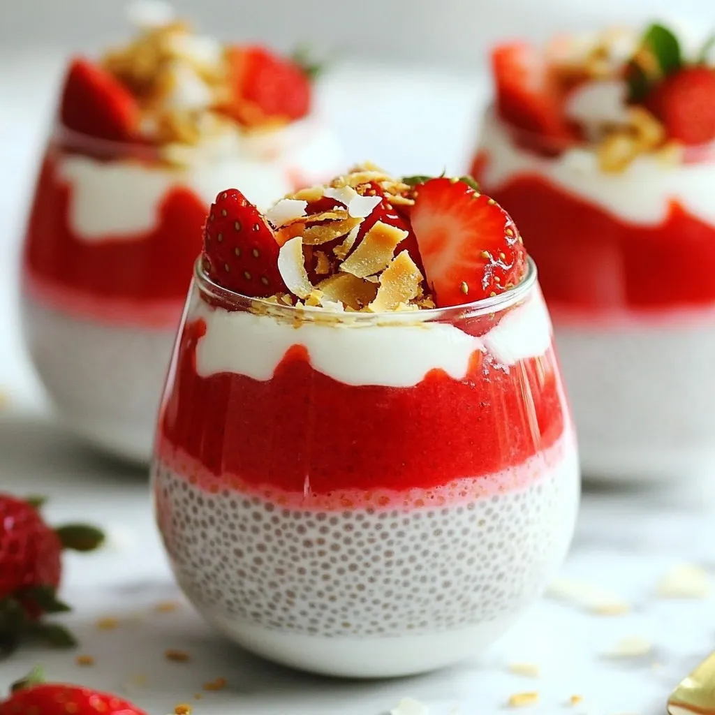 To make this delicious pudding, gather the following ingredients: - 1 cup coconut milk (canned or carton) - 1/2 cup almond milk (or any milk of your choice) - 1/4 cup chia seeds - 2 tablespoons maple syrup (or honey) - 1 teaspoon vanilla extract - 1 cup fresh strawberries, diced - Toasted coconut flakes for garnish These ingredients work together to create a creamy and tasty treat. Coconut milk gives a rich flavor. Almond milk adds lightness. Chia seeds create a fun texture and are super healthy. Sweeteners like maple syrup or honey enhance the taste. You can swap some ingredients for others you prefer. Here are a few suggestions: - Use oat milk or soy milk in place of almond milk. - Replace maple syrup with agave nectar or stevia for a lower-calorie option. - Fresh berries like blueberries or raspberries can replace strawberries. These swaps can make the pudding match your taste or dietary needs. Feel free to be creative! Chia seeds are small but mighty. They pack many health benefits: - High in fiber, which helps digestion. - Rich in omega-3 fatty acids, good for heart health. - Full of protein, making you feel full longer. - Contain calcium, important for strong bones. Adding chia seeds to your diet is a simple way to boost nutrition. They are easy to use and add to many recipes. Enjoy the creamy goodness of this pudding while getting a healthy dose of nutrients! {{ingredient_image_1}} To start, gather your ingredients. You need 1 cup of coconut milk and 1/2 cup of almond milk. Pour both into a medium mixing bowl. Whisk until they blend well. Next, add 1/4 cup of chia seeds, 2 tablespoons of maple syrup, and 1 teaspoon of vanilla extract. Mix thoroughly, so the chia seeds spread evenly. Let this mixture sit for about 5 minutes. This waiting time helps the chia seeds absorb the liquid. After 5 minutes, stir again to break up any clumps. Cover the bowl and put it in the fridge. Let it chill for at least 4 hours or overnight. This step is key for a pudding-like texture. When your pudding is ready, it’s time to layer it with strawberries. First, take fresh strawberries and dice them into small pieces. You want about 1 cup of diced strawberries. In clear serving glasses, start with a layer of chia pudding. Then add a layer of strawberries. Repeat this until you reach the top. This creates a beautiful and colorful dish. For a nice touch, sprinkle toasted coconut flakes on top. They add a great crunch and flavor. To get the perfect pudding texture, follow these steps closely. Make sure the chia seeds are well mixed from the start. If they clump together, you won’t get that smooth texture. The chilling time is also important. The longer you let it sit, the thicker it gets. I recommend letting it sit overnight. This gives you a creamy and rich pudding. After chilling, stir the pudding one last time before serving. This will help keep it nice and smooth. When making strawberry coconut chia pudding, avoid adding too much liquid. If you do, the pudding will be too runny. Use the right ratio of chia seeds to liquid. Stick to 1/4 cup of chia seeds for every 1 1/2 cups of milk. Next, make sure to stir your mixture well. This helps break up clumps of chia seeds. Letting it sit without stirring can lead to a lumpy texture. Lastly, don’t skip the refrigeration step. If you don’t chill it long enough, the chia seeds won’t absorb the liquid fully. To boost flavor, try adding a pinch of sea salt. This small addition enhances the sweetness of the maple syrup. You can also add a splash of coconut extract for a stronger coconut taste. For texture, layer fresh strawberries between the pudding layers. This adds a nice crunch and freshness to every bite. Toasted coconut flakes on top provide a delightful crunch. They bring in a nutty flavor that pairs well with the sweetness of the pudding. You can serve this pudding in small cups or jars. This makes it easy for guests to enjoy. Consider pairing it with a dollop of yogurt for creaminess. Greek yogurt works well for extra protein. Fresh mint leaves also add a bright touch to the dish. If you want more fruit, serve it alongside banana slices or blueberries. These additions create a colorful and tasty breakfast or dessert. Pro Tips Chia Seed Quality: Ensure your chia seeds are fresh and within their expiration date for the best texture and flavor. Sweetness Adjustment: Taste the mixture before refrigerating and adjust the sweetness based on your preference, adding more maple syrup or honey if desired. Layering Technique: For visually appealing layers, use a piping bag or spoon to carefully layer the pudding and strawberries in your serving glasses. Garnish Variations: Experiment with different toppings like nuts, seeds, or other fruits to customize your chia pudding to your liking. {{image_2}} You can easily make this pudding dairy-free and vegan. Use only coconut milk or almond milk. Both options work great. You can skip honey and use maple syrup instead. This keeps it plant-based and sweet. Want to mix it up? Add some cocoa powder for a chocolate twist. You can also stir in a spoonful of nut butter for creaminess. Try adding vanilla or almond extract for extra flavor. Fresh fruits like blueberries or bananas can bring more taste. You can change the fruit with the seasons. In spring, use fresh strawberries. In summer, try peaches or mangoes. Fall is perfect for apples and cinnamon. In winter, pomegranate seeds add a nice touch. These changes keep your pudding exciting all year. Store your strawberry coconut chia pudding in an airtight container. This keeps it fresh and tasty. Place it in the fridge right after making it. Always use a clean spoon when serving. This helps prevent bacteria from getting in. If you want to make it ahead, this pudding is great for meal prep. When stored properly, chia pudding lasts up to five days in the fridge. Its creamy texture stays good for days. However, the strawberries may lose their freshness after a couple of days. If you notice any odd smells or changes in color, it’s best to discard it. You can freeze chia pudding, but it may change the texture. To freeze, place it in a freezer-safe container. Leave some space at the top for expansion. It can last up to three months in the freezer. When ready to eat, thaw it in the fridge overnight. Stir well before serving to mix the texture back together. Enjoy your creamy treat! Yes, you can use different types of milk. Almond milk works well. You can also try oat milk, soy milk, or even cow's milk. Each milk gives a unique taste and texture. Experiment and find your favorite. If you want to swap maple syrup, honey is a great choice. Agave nectar is another good option. You can also use a sugar substitute if you prefer. Just remember, each sweetener may change the flavor a bit. You will know the chia pudding is set when it is thick and creamy. After chilling, the seeds will expand. They should not float freely in the liquid. Stir it before serving to check the texture. If it looks pudding-like, you are ready to enjoy! This blog post covered how to make strawberry coconut chia pudding. We discussed ingredients, the preparation process, and tips to avoid mistakes. You learned how to layer flavors and achieve a great texture. I shared variations, storage tips, and answered common questions. Chia pudding is fun and easy to customize. You can enjoy it all year round, and it’s great for your health. Remember, adjusting the ingredients can lead to exciting new flavors! Enjoy your pudding adventure!
