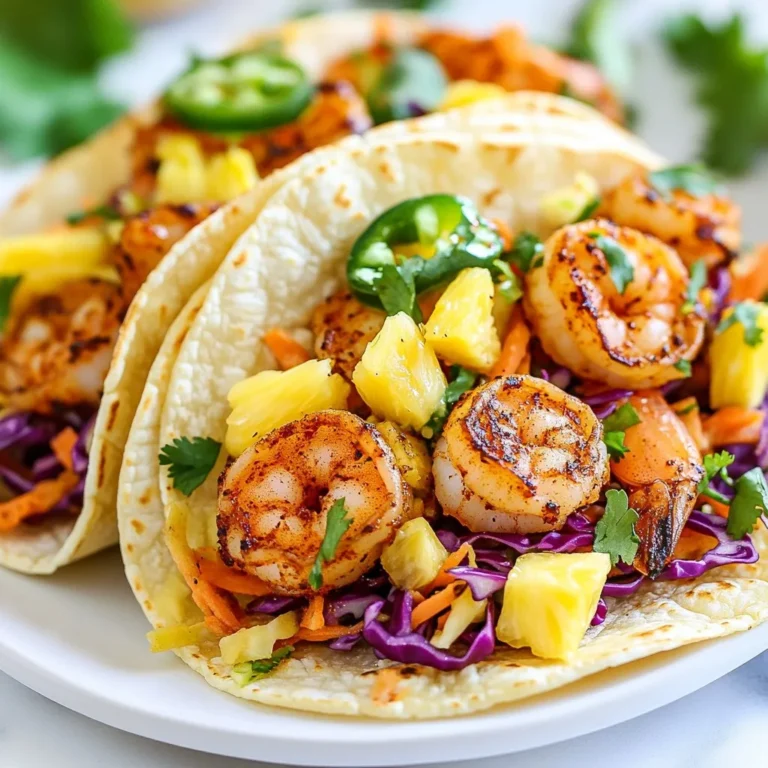 - Shrimp and Seasoning - 1 lb large shrimp, peeled and deveined - 2 tablespoons Cajun seasoning - 1 tablespoon olive oil - Salt and pepper to taste - Pineapple Slaw Ingredients - 1 cup red cabbage, shredded - 1 cup fresh pineapple, diced - 1/4 cup carrots, shredded - 1/4 cup cilantro, chopped - 2 tablespoons lime juice - Tortilla Options - 8 small corn tortillas - Optional: Sliced jalapeños for heat In this recipe, the shrimp and seasoning create a bold flavor. The Cajun seasoning adds a spicy kick. For the slaw, fresh pineapple gives a sweet contrast. Red cabbage and carrots add crunch. The lime juice brightens the dish. You can choose corn tortillas for a classic touch. If you like spice, add jalapeños. Each ingredient plays a role in making these tacos a delight. {{ingredient_image_1}} Seasoning the Shrimp Start by placing the shrimp in a bowl. Sprinkle the Cajun seasoning over them. Add olive oil, salt, and pepper. Toss the shrimp until they are fully coated. This blend gives the shrimp a rich, spicy flavor. Cooking Method Heat a skillet on medium-high heat. Once hot, add the shrimp in a single layer. Cook for about 2-3 minutes on each side. The shrimp should turn pink and opaque. Remove them from heat and set aside. This method keeps the shrimp juicy and tender. Visual Tips for Cooking Shrimp Look for the shrimp to curl slightly and change color. They should be bright pink when done. Avoid overcooking, as this can make them tough. Perfect shrimp should feel firm but not hard. Mixing Ingredients In a separate bowl, combine shredded red cabbage, diced pineapple, shredded carrots, and chopped cilantro. Drizzle with lime juice and season with salt and pepper. Toss everything well until it's mixed. This slaw adds a fresh crunch to the tacos. Tips for Freshness Use fresh ingredients for the best flavor. Slice the pineapple just before mixing to keep it juicy. If you want extra crunch, add more cabbage or use a mix of colors. Freshness makes a big difference in taste. Warming Tortillas In another dry skillet, warm the corn tortillas over medium heat. Heat them for about 30 seconds on each side. They should become soft and pliable. Warm tortillas help hold the filling better. Serving Suggestions Scoop a generous amount of Cajun shrimp onto each tortilla. Top with the pineapple slaw mixture. If you like heat, add sliced jalapeños. Arrange the tacos on a platter and garnish with extra cilantro. Serve them warm for the best experience. - Cooking Time Considerations: Cook shrimp quickly, about 2-3 minutes per side. This keeps shrimp tender. Overcooking makes shrimp tough. Watch for that pink color! - Best Cajun Seasoning Options: Use a mix like Tony Chachere’s or make your own. Combine paprika, cayenne, garlic, and onion powder. Adjust spice levels to fit your taste. - Adding Extra Flavors: Add chopped jalapeños for heat or diced red onions for bite. A dash of honey can balance the slaw’s acidity. Try adding avocado for creaminess too. - Substitute Ingredients: Use green cabbage instead of red for a milder flavor. Swap pineapple for mango for a tropical twist. Carrots can be replaced with bell peppers for crunch. - Creative Presentation Techniques: Stack tacos on a colorful plate for a fun look. Use a lime wedge for a pop of color. Garnish with extra cilantro for freshness. Serve with a side of lime wedges for added zing. Pro Tips Perfectly Seasoned Shrimp: Ensure the shrimp are well-coated with the Cajun seasoning for maximum flavor. Let them marinate for at least 15 minutes before cooking to allow the spices to penetrate. Fresh Ingredients: Use fresh pineapple and crisp vegetables for the slaw to enhance the texture and flavor of the tacos. Freshness makes a noticeable difference in taste. Heating Tortillas: Warming the tortillas not only makes them pliable but also enhances their flavor. Consider wrapping them in a clean kitchen towel after heating to keep them warm. Customizable Heat: Adjust the spiciness of your tacos by adding sliced jalapeños or using a spicier Cajun seasoning blend. Always taste and adjust to your preference! {{image_2}} You can switch shrimp for chicken, fish, or tofu. Chicken works well with Cajun spice. Use boneless, skinless thighs or breasts. For fish, choose firm types like mahi-mahi or snapper. These options cook fast and soak up flavors. Tofu is great for a plant-based choice. Firm tofu holds its shape when cooked. Just season it well before cooking. Want gluten-free tacos? Use corn tortillas, as they are naturally gluten-free. Check that your Cajun seasoning is also gluten-free. For a vegan version, swap shrimp for tofu. You can add more veggies or beans for protein. The pineapple slaw is already vegan. Just ensure you use plant-based ingredients throughout. You can adjust the spice level to suit your taste. Add sliced jalapeños for heat. If you prefer sweet, add more pineapple or mango to the slaw. A pinch of chili powder can add a different flavor, too. You could even try a Caribbean twist with coconut or lime flavors. The key is to have fun and experiment with flavors. To store leftovers, keep shrimp and slaw separate. This helps maintain texture. Place shrimp in an airtight container. Refrigerate for up to three days. For the slaw, use a different container. It will stay fresh for two days. If you mix them, the slaw may get soggy. When reheating shrimp, keep it juicy. Use a skillet over low heat. Add a splash of water to keep moisture. Heat until warm, about five minutes. Avoid the microwave if you can. Microwaving can make shrimp tough. For slaw, eat it cold or at room temp. If you warm it, do so very briefly. This keeps the crunch intact. You can use fresh or frozen shrimp for this recipe. Fresh shrimp taste great, but frozen shrimp are often just as good. Look for large shrimp, as they hold up well in tacos. If using frozen shrimp, thaw them in cold water before cooking. This keeps them juicy and tender. Yes, you can prepare some parts ahead of time. Cook the shrimp and store them in the fridge for two days. The pineapple slaw can also be made a day in advance. Keep the slaw in a sealed container to keep it fresh. Warm the shrimp and tortillas just before serving. These tacos pair well with several side dishes. Here are some ideas: - Black bean salad - Cilantro lime rice - Grilled corn on the cob - Fresh avocado slices Each adds flavor and makes your meal more filling. Enjoy experimenting with these options! This article covered how to make delicious Cajun shrimp tacos. We explored the key ingredients and gave step-by-step instructions for preparing shrimp and pineapple slaw. I shared tips for perfecting your dish and suggested fun variations. In the kitchen, creativity shines. Use these ideas to make your tacos unique. Enjoy your cooking journey and remember, every meal can be a tasty adventure!
