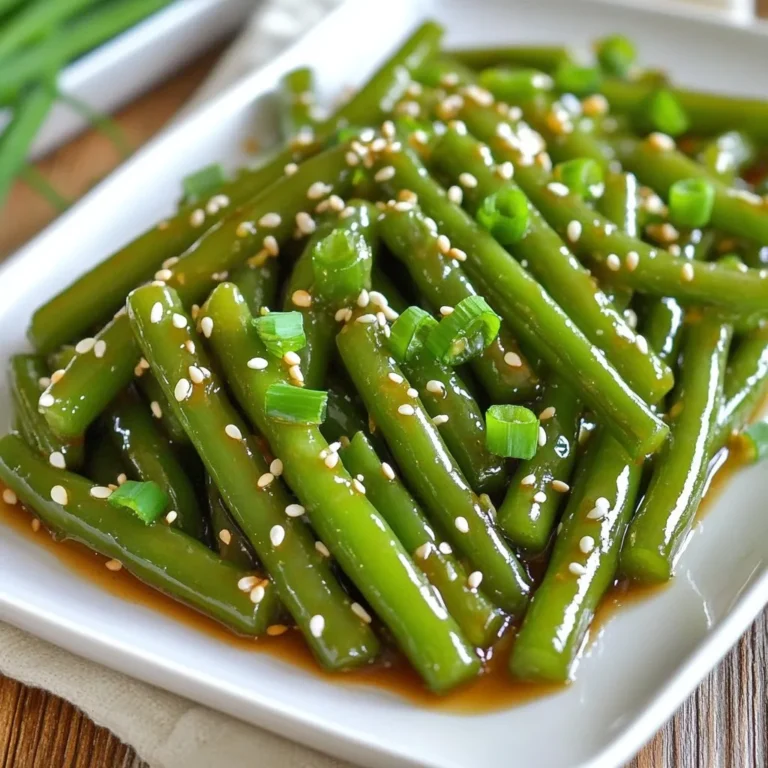 - 1 pound fresh green beans, trimmed - 3 tablespoons honey - 3 cloves garlic, minced - 2 tablespoons soy sauce - 1 tablespoon sesame oil - 1 tablespoon olive oil - Salt and pepper to taste - 1 tablespoon sesame seeds (for garnish) - 2 green onions, sliced (for garnish) When measuring honey, use a liquid measuring cup. This helps you pour it easily. For the garlic, use fresh cloves for the best taste. If you don't have a scale, one pound of green beans is about 4 cups. For the soy sauce, use low-sodium if you want less salt. You can switch honey with maple syrup for a vegan option. If you don't have green beans, try snap peas or asparagus. Instead of sesame oil, use peanut oil for a different flavor. You can also use garlic powder if fresh garlic is not on hand. {{ingredient_image_1}} Start with one pound of fresh green beans. Trim off the ends to clean them up. Bring a pot of salted water to a boil. Add the green beans and cook for 3 to 4 minutes. You want them bright green and tender-crisp. Drain the beans and quickly move them to a bowl of ice water. This helps stop the cooking and keeps them crunchy. In a small bowl, combine 3 tablespoons of honey, 3 minced garlic cloves, 2 tablespoons of soy sauce, and 1 tablespoon of sesame oil. Whisk these together until they blend well. This sauce gives the green beans a sweet and savory taste. The garlic adds a nice kick, making it even better. Heat 1 tablespoon of olive oil in a large skillet over medium heat. Once the oil is hot, add the blanched green beans. Sauté them for about 2 to 3 minutes. You just want to heat them through. Next, pour the honey garlic sauce over the beans. Toss them well so the sauce coats every bean. Continue cooking for another 2 to 3 minutes. This helps the sauce thicken slightly and glaze the beans. Remove the skillet from heat. Season the green beans with salt and pepper to taste. Transfer them to a serving platter. Top with sesame seeds and sliced green onions for a nice touch. Enjoy your delicious honey garlic green beans! Cooking the green beans just right is key. Start with blanching them for 3-4 minutes. This keeps them bright green and a bit crunchy. If you overcook them, they become mushy. After blanching, quickly place them in ice water. This stops the cooking and keeps their color. I recommend using a large skillet for sautéing. Heat olive oil over medium heat before adding the blanched beans. This helps them heat evenly. Stir them gently for 2-3 minutes. Then, add the honey garlic sauce. Make sure to coat the beans well. This gives each bite a burst of flavor. To boost the taste, consider adding a splash of lime juice. This adds a nice tartness. You can also toss in some crushed red pepper for heat. If you want a bit more crunch, add chopped nuts like almonds or cashews. These small tweaks can make your dish even more exciting. Pro Tips Blanching is Key: Make sure to plunge the green beans into ice water immediately after boiling to preserve their bright color and crisp texture. Adjust the Sweetness: Feel free to modify the amount of honey according to your taste preference; add more for a sweeter glaze or less for a savory touch. Use Fresh Garlic: Freshly minced garlic adds a stronger flavor compared to pre-minced versions; it enhances the dish's aroma and taste. Garnishing Matters: Don't skip the sesame seeds and green onions; they add a wonderful crunch and visual appeal to the finished dish. {{image_2}} You can easily make honey garlic green beans vegan. Replace honey with maple syrup or agave. These options add sweetness without using animal products. The rest of the recipe stays the same. This way, everyone can enjoy this yummy dish. Want to boost your meal? Add protein to your green beans. You can toss in cooked chicken, shrimp, or tofu. Simply cook the protein separately, then mix it with the green beans and sauce. This makes a balanced dish full of flavor and nutrients. Feel free to change the flavors! Instead of soy sauce, try coconut aminos for a gluten-free twist. Add red pepper flakes for some heat. You can also include fresh herbs like basil or cilantro for a fresh taste. These simple changes keep your dish exciting every time you make it. After cooking, let the honey garlic green beans cool. Place them in an airtight container. Store in the fridge for up to three days. This keeps them fresh and tasty. If you want to enjoy them later, make sure to seal the container well. You can freeze honey garlic green beans, but they may lose some crunch. First, blanch the green beans for two minutes. Then, cool them in ice water. Drain and spread them on a baking sheet. Freeze them for about an hour. Once frozen, transfer to a freezer bag. They can last up to three months in the freezer. To reheat, you have a few options. You can use the microwave for a quick fix. Place the green beans in a bowl and cover them. Heat in short bursts until warm. For a better texture, try the skillet. Heat the skillet over medium heat and add the green beans. Toss them until they are heated through. This method helps the glaze shine again. Yes, you can use frozen green beans for this recipe. They save time and are easy to use. Just make sure to thaw them first. You can even blanch them in hot water for a few minutes. This helps keep their bright color and crunch. Frozen beans may cook faster, so watch them closely while sautéing. To make honey garlic green beans healthier, try these tips: - Use less honey to cut down on sugar. - Swap soy sauce for low-sodium soy sauce to reduce salt. - Add more veggies like carrots or bell peppers for extra nutrients. - You can also use olive oil instead of sesame oil if you prefer. Honey garlic green beans pair well with many dishes. Here are some tasty options: - Serve them alongside grilled chicken or fish for protein. - They also go great with rice or quinoa for a complete meal. - Try them with stir-fried tofu for a plant-based option. - You can even mix them into a salad for added crunch. We explored the ingredients and steps for making honey garlic green beans. You learned how to prep green beans and make a delicious sauce. I shared tips for perfect cooking times and different variations. Use the ingredient substitutes if needed and follow our storage tips for freshness. Enjoy experimenting with flavors and serving ideas to make this dish your own.