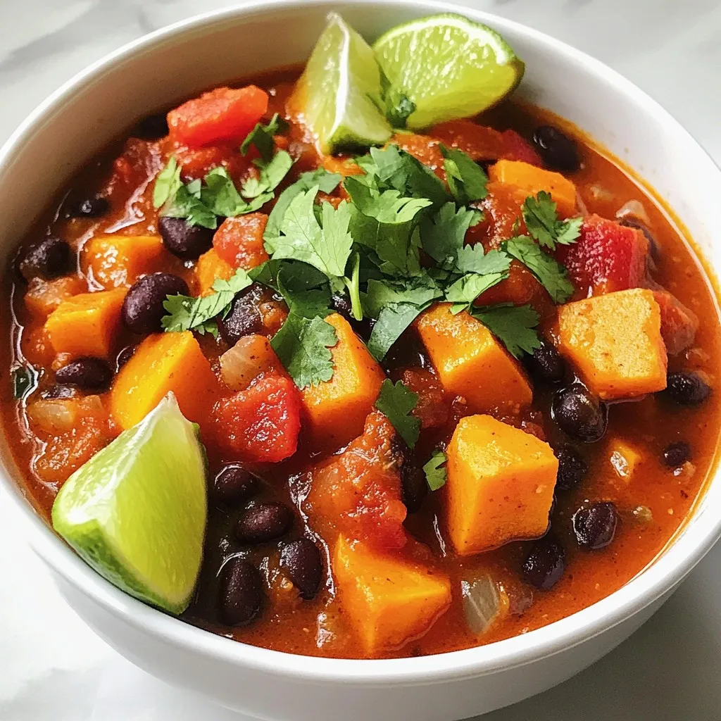 - 2 medium sweet potatoes, peeled and diced - 1 can (15 oz) black beans, rinsed and drained - 1 can (14.5 oz) diced tomatoes, with juices - 1 large onion, chopped - 3 cloves garlic, minced - 1 red bell pepper, chopped - 2 cups vegetable broth Sweet potatoes serve as the star of this dish. They add sweetness and warmth. Black beans bring protein and texture. Diced tomatoes add acidity and depth. The onion, garlic, and red bell pepper enhance the flavor base. - 1 tablespoon chili powder - 1 teaspoon cumin - 1 teaspoon smoked paprika - ½ teaspoon cayenne pepper (adjust to taste) Chili powder gives the chili its signature kick. Cumin adds earthiness. Smoked paprika offers a subtle smokiness. Cayenne pepper lets you control the heat level. Adjust it based on your taste. - Fresh cilantro - Lime wedges - 2 tablespoons olive oil Fresh cilantro adds brightness and a pop of color. Lime wedges provide acidity and freshness. Olive oil helps sauté the base ingredients. These garnishes elevate the chili and make it visually appealing. This blend of ingredients creates a rich, hearty chili that is both satisfying and healthy. Each bite bursts with flavors that complement each other well. You can easily customize it to your liking. {{ingredient_image_1}} - Start by peeling and dicing the sweet potatoes. This gives them a nice texture. - Chop the onion and red bell pepper. Mince the garlic for strong flavor. Next, heat olive oil in a large pot over medium heat. Add the chopped onion and cook for about 5 minutes. Wait until the onion turns translucent. Then, stir in the minced garlic and chopped red bell pepper. Sauté these for another 3-4 minutes. You want the pepper to soften a bit. Now, add the diced sweet potatoes to the pot. Stir them well with the other veggies. Cook this mix for about 5 minutes. This helps the sweet potatoes start to soften. Next, sprinkle in the chili powder, cumin, smoked paprika, and cayenne pepper. Stir everything to coat the veggies in spices. Cook this for 1-2 minutes. You’ll notice a great aroma filling the kitchen. Pour in the diced tomatoes with their juices and the vegetable broth. Add the rinsed black beans and stir well to combine all the ingredients. Bring this mixture to a boil. Then, reduce the heat and let it simmer uncovered for about 25-30 minutes. Stir occasionally until the sweet potatoes become tender. The chili will thicken nicely. After simmering, season the chili with salt and pepper to taste. If you like it spicy, add more cayenne pepper. Serve the chili hot. Garnish it with fresh cilantro and a lime wedge. Squeeze the lime over the chili for a fresh burst of flavor. Enjoy your hearty sweet potato black bean chili! Adjusting spice levels You can control the heat in your chili. If you like it mild, use less cayenne pepper. Start with ¼ teaspoon and taste. If you want more spice, add a pinch at a time. Remember, it's easier to add than to remove! Adding other vegetables Feel free to mix in veggies. Corn, zucchini, or carrots work well. Just chop them small so they cook evenly. Add them when you toss in the sweet potatoes. This gives you more flavor and nutrients. Using a slow cooker vs. stovetop Both methods work great. A slow cooker lets flavors meld over hours. Add all ingredients and cook on low for 6-8 hours. For stovetop, follow the recipe for a quicker meal. It takes about 30-40 minutes on medium heat. Tips for perfect texture To get the best texture, cut sweet potatoes evenly. This helps them cook at the same rate. Stir the chili during cooking to keep it smooth. If it’s too thick, add a splash of broth or water. Ideal serving dishes Serve the chili in deep bowls. This keeps it warm and looks nice. You can also use rustic bread bowls for a fun twist. It adds charm to your meal. Pairing suggestions with sides Chili pairs well with rice or cornbread. A simple green salad adds freshness. You can also offer toppings like cheese or avocado. These add great texture and flavor to every bite. Pro Tips Use Fresh Ingredients: Fresh sweet potatoes and vegetables will enhance the flavors of your chili, making it more vibrant and delicious. Adjust the Spice Level: Feel free to modify the amount of cayenne pepper based on your heat preference. Start with less and add more gradually to avoid overpowering the dish. Let it Simmer: Allow the chili to simmer longer for deeper flavors. The longer it cooks, the more the spices meld together. Garnish Creatively: Experiment with different garnishes like avocado, sour cream, or shredded cheese for added texture and flavor. {{image_2}} You can add meat or meat substitutes to your chili. Ground turkey or beef works well. For a vegetarian option, use lentils or chickpeas. If you want it vegan, stick with black beans and add tofu. These proteins will make your chili heartier and even more filling. To boost flavor, try different spices or herbs. Add oregano or thyme for a fresh twist. You can also incorporate sauces like hot sauce or soy sauce. These will give your chili an extra kick. Experimenting with flavors keeps the dish exciting. Using seasonal vegetables can change your chili game. In spring, add fresh peas or zucchini. In fall, try butternut squash for sweetness. Adapting your chili for different occasions makes it special. Serve it with cornbread for a cozy winter meal or a salad in summer. Store leftovers in an airtight container. This keeps the chili fresh and tasty. Let it cool before sealing. You can keep it in the fridge for about five days. To reheat, put it in a pot over medium heat. Stir often until it's hot. You can also use the microwave. Heat for one minute, then stir, and heat again if needed. To freeze, divide the chili into portions. Use freezer-safe containers or bags. This way, you can enjoy it later. It freezes well for up to three months. When ready to eat, thaw it overnight in the fridge. Reheat on the stove or microwave until hot. In the fridge, the chili lasts about five days. If you see mold or it smells bad, it's best to throw it away. Freshness matters, so check before you eat! If it looks or smells off, don’t risk it. Enjoy your chili while it's still good! Can I use canned sweet potatoes? Yes, you can use canned sweet potatoes if you need a quick option. They will save time, but they may alter the texture slightly. Drain and rinse them well before adding to your chili. This will help reduce any excess liquid. How can I make this recipe gluten-free? This recipe is mostly gluten-free already! Just ensure your vegetable broth is gluten-free. Many brands offer gluten-free options. Always check the labels if you're unsure. What are the health benefits of sweet potatoes? Sweet potatoes are packed with vitamins and fiber. They are high in Vitamin A, which is good for your eyes and skin. They also provide potassium, which is great for heart health. Is this chili high in protein? Yes, this chili is high in protein thanks to the black beans. One can of black beans adds a good amount of protein. This makes it a filling and nutritious meal. Can I prep this chili ahead of time? Absolutely! You can chop your veggies and cook the chili a day in advance. Just store it in the fridge. The flavors will deepen overnight, making it even tastier. What should I serve with Sweet Potato Black Bean Chili? This chili pairs well with cornbread or rice. You can also serve it with tortilla chips for a fun crunch. Top with fresh cilantro and lime for added flavor. This blog post covered the tasty blend of sweet potatoes and black beans in chili. You learned about key ingredients, spices, and how to cook it just right. We talked about fun ways to customize your chili and store leftovers too. Remember, this dish is flexible. You can add your favorite spices or veggies. With its rich flavor and healthy ingredients, sweet potato black bean chili is a winner for any meal. Enjoy making it and sharing with friends!