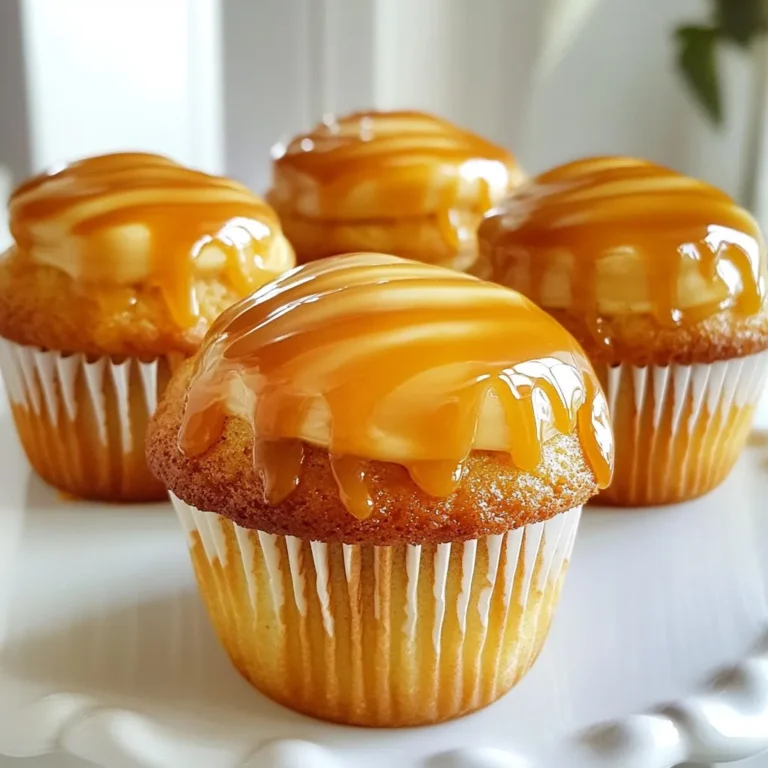 Let's gather all the goodies we need for these tasty caramel macchiato cupcakes. Each item plays a key role in creating that sweet, coffee flavor. Here’s what you'll need: - 1 cup all-purpose flour - 1 cup granulated sugar - 1/2 cup unsalted butter, softened - 2 large eggs - 1/2 cup milk - 1 tablespoon vanilla extract - 1 tablespoon brewed espresso or strong coffee, cooled - 1 teaspoon baking powder - 1/4 teaspoon salt - 1/2 cup caramel sauce (plus extra for drizzling) - Optional: espresso or coffee-flavored frosting These ingredients blend together to give you a cupcake that’s soft, sweet, and has a rich coffee kick. The caramel sauce adds a gooey center that makes each bite a delight. You can always switch things up, but these basics are the way to go. Enjoy the process of baking! {{ingredient_image_1}} - Preheat oven to 350°F (175°C). - Line muffin tin with cupcake liners. First, I always start by preheating the oven. This step ensures the oven is hot when you bake. It helps the cupcakes rise and brown nicely. Next, I like to line my muffin tin with cupcake liners. This makes it easy to remove the cupcakes later. Plus, it adds a fun touch! - Whisk together flour, baking powder, and salt. In a medium bowl, I whisk the flour, baking powder, and salt together. This step is key for even mixing. You want to make sure the baking powder and salt are well distributed. This helps the cupcakes rise evenly. Set this bowl aside while you mix the wet ingredients. - Beat softened butter and granulated sugar. In a large mixing bowl, I beat the softened butter and granulated sugar together. I mix them until the mixture is light and fluffy. This usually takes about 3-4 minutes. It is important to get air into the mix. This air helps the cupcakes become soft and light. After this, I add the eggs one by one, mixing well after each addition. Then, I pour in the vanilla extract and cooled espresso. I mix until it’s all blended. Now, it’s time to combine the dry and wet ingredients! To make light and fluffy cupcakes, beat the butter and sugar well. Use a mixer to whip them together for about three to four minutes. This step adds air and makes the cupcakes rise nicely. Always use room temperature ingredients. Cold eggs or butter can make the batter heavy. Let them sit out for about 30 minutes before you start baking. Drop the caramel sauce carefully in the batter. Use a spoon to place about a teaspoon in the middle of each cupcake. This helps create a gooey center. For a perfect gooey center, do not overfill your liners. Fill them only two-thirds full with batter. This space allows the cupcakes to rise without overflowing. Pair your cupcakes with a coffee-flavored frosting. Espresso or coffee-flavored frostings work best. The flavors blend well with the caramel and cupcake base. For a fun twist, drizzle more caramel sauce on top. It adds a sweet finish and makes the cupcakes look beautiful. Pro Tips Use Fresh Ingredients: Ensure your eggs and milk are at room temperature for better mixing and fluffiness in the cupcakes. Don’t Overmix: Combine your wet and dry ingredients until just incorporated to keep the cupcakes light and airy. Espresso Substitutes: If you don’t have espresso, strong brewed coffee can be used, but espresso will give a richer flavor. Cooling Time: Allow the cupcakes to cool completely before frosting to prevent melting and ensure a neat presentation. {{image_2}} You can mix things up with your caramel macchiato cupcakes. Here are two fun ideas: - Chocolate Caramel Macchiato Cupcakes: Add 1/4 cup of cocoa powder to the dry mix. This gives a rich, chocolatey taste that pairs well with caramel. - Mocha Macchiato Cupcakes: Replace the brewed espresso with strong brewed coffee. This will enhance the mocha flavor and still keep that coffee kick. If you want a healthier treat, try these swaps: - Substituting with whole wheat flour: Use 1 cup of whole wheat flour instead of all-purpose flour. This adds fiber and nutrients to your cupcakes. - Sugar alternatives: Swap granulated sugar with coconut sugar or a sugar substitute. This can reduce calories and add a different flavor. Just remember to check the conversion ratio, as some alternatives may be sweeter. To keep your Caramel Macchiato Cupcakes fresh, store them properly. First, let the cupcakes cool completely. Then, place them in an airtight container. This keeps them moist and tasty. You can store them in the fridge for up to a week. If you want to freeze them, wrap each cupcake in plastic wrap. Then, place them in a freezer-safe bag. They can last for about three months in the freezer. At room temperature, the cupcakes will stay good for about three to four days. After that, they may start to dry out. Look for signs of spoilage. If the cupcakes smell strange or have mold, it's time to toss them. Always check before you eat! Yes, you can make these cupcakes ahead of time. Bake them and let them cool. Store them in an airtight container. They will stay fresh for up to three days. If you want to frost them, do it just before serving. This keeps the frosting looking nice and fresh. I recommend using brewed espresso or strong coffee. It adds rich flavor to the cupcakes. If you don’t have espresso, any strong coffee works well. Just make sure it is cooled before you add it to the batter. This keeps the cupcakes from cooking unevenly. You can use powdered sugar, but it may change the texture. Granulated sugar helps make the cupcakes light and fluffy. If you want to use powdered sugar, reduce the amount slightly. Start with 3/4 cup and adjust to taste. You now have all you need to bake tasty cupcakes with a caramel center. We covered the key ingredients, step-by-step instructions, and helpful tips to perfect your recipe. You can also explore flavors and healthier options. Remember to store leftovers properly and check for spoilage. Making these cupcakes ahead can save time. With the right coffee, your cupcakes will shine. Enjoy the process and share your delicious results!