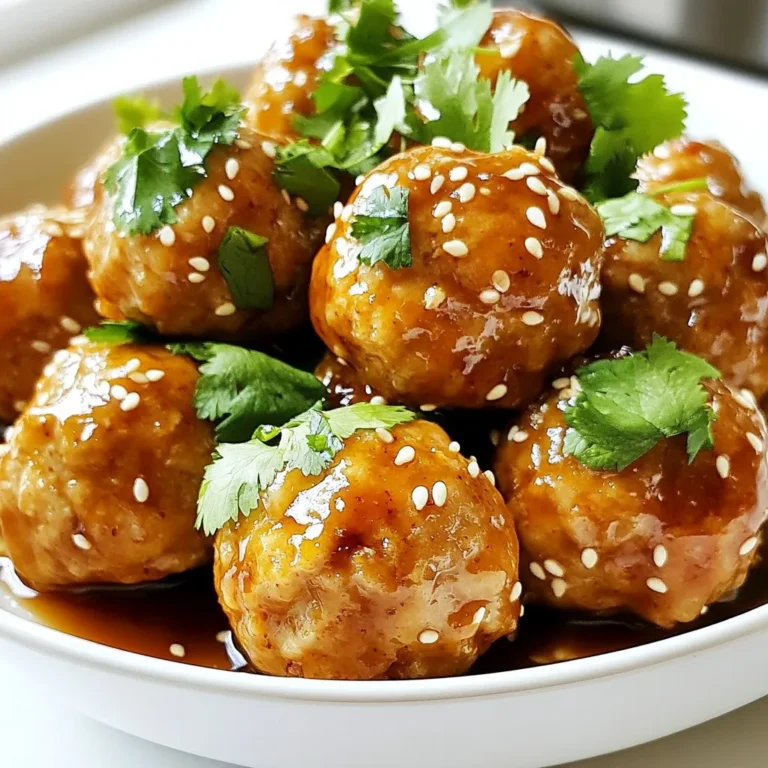 To make tasty teriyaki chicken meatballs, gather these main ingredients: - 1 lb ground chicken - 1/4 cup breadcrumbs - 1/4 cup green onions, finely chopped - 2 cloves garlic, minced - 1 tablespoon fresh ginger, grated - 1/4 cup soy sauce (low sodium) - 2 tablespoons honey - 1 tablespoon sesame oil - 1 teaspoon rice vinegar - 1/2 teaspoon red pepper flakes (optional for heat) - Sesame seeds for garnish - Fresh cilantro for garnish These ingredients create a great balance of flavors. The ground chicken gives a light taste, while soy sauce adds umami. Honey and sesame oil bring sweetness and depth. For extra flavor, consider adding these optional ingredients: - Red pepper flakes (for heat) - Fresh herbs like basil or mint These can enhance the dish and tailor it to your taste. If you need to swap ingredients, here are some ideas: - Use ground turkey instead of chicken for a leaner option. - Substitute panko breadcrumbs for regular breadcrumbs for a crunchier texture. - Swap honey with maple syrup for a vegan option. These substitutions keep the dish tasty while catering to different diets or preferences. {{ingredient_image_1}} To start, grab a large mixing bowl. Add 1 pound of ground chicken. Then, sprinkle in 1/4 cup of breadcrumbs. Next, chop 1/4 cup of green onions and toss them in. Mince 2 cloves of garlic and add that too. Finally, grate 1 tablespoon of fresh ginger and mix everything together. In another bowl, whisk together 1/4 cup of low-sodium soy sauce, 2 tablespoons of honey, 1 tablespoon of sesame oil, 1 teaspoon of rice vinegar, and 1/2 teaspoon of red pepper flakes if you want some heat. Pour half of this soy sauce mix into the chicken mixture. Use your hands to combine, but don't overdo it. Next, preheat your oven to 400°F (200°C). While it heats, line a baking sheet with parchment paper. Form the chicken mixture into small meatballs, about 1 inch in size. Place them evenly on the baking sheet. Bake these meatballs for 15 to 20 minutes. They should be cooked through and golden brown. While the meatballs bake, take the other half of the soy sauce mixture and pour it into a small saucepan. Simmer it over medium heat for about 5 minutes. This will thicken the sauce nicely. Once the meatballs are done, toss them in this warm teriyaki sauce. Coat them well for that delicious flavor. Garnish your meatballs with sesame seeds and fresh cilantro before serving. Enjoy your meal! To make the best meatballs, keep the mixture moist. Use ground chicken, not lean chicken breast. This adds fat for flavor. Mix the chicken gently with breadcrumbs, green onions, garlic, and ginger. Overmixing can make your meatballs tough. Aim for a light touch when forming them. Teriyaki sauce is sweet and salty. You can adjust its taste easily. Add more honey for sweetness or soy sauce for saltiness. If you want heat, toss in red pepper flakes. Always taste the sauce before using it. This helps you find the perfect balance for your dish. Serve your meatballs with steamed rice or quinoa for a tasty meal. You can also add fresh veggies like broccoli or snap peas. For a fun twist, make meatball sliders. Use small buns and top with extra teriyaki sauce. Garnish with sesame seeds and cilantro for a bright finish. Pro Tips Use Fresh Ingredients: Always opt for fresh garlic and ginger for the best flavor. Dried versions can lack the vibrant taste that enhances your meatballs. Don’t Overmix: When combining the meatball ingredients, mix just until combined. Overmixing can lead to tough meatballs. Adjust Sweetness: Feel free to adjust the amount of honey in the sauce based on your preference for sweetness. You can also substitute with maple syrup for a different flavor profile. Experiment with Heat: If you enjoy heat, increase the red pepper flakes or add a dash of sriracha to the sauce for an extra kick! {{image_2}} You can easily adapt this recipe for different diets. If you want a lower-carb option, swap breadcrumbs for almond flour or crushed pork rinds. For a gluten-free version, use gluten-free soy sauce and ensure your breadcrumbs are gluten-free. If you follow a paleo diet, use coconut aminos instead of soy sauce. You can also try ground turkey or even plant-based protein for a vegetarian option. While baking is my go-to for these meatballs, you can also use a stovetop or grill. To cook on the stovetop, heat a little oil in a pan and brown the meatballs on all sides. Then, add the teriyaki sauce to simmer until the meatballs are cooked through. If you want a smoky flavor, grill the meatballs on medium heat for about 10-12 minutes, turning them often. There are many fun ways to serve these meatballs. You can place them on skewers for easy eating at parties. Serve them over steamed rice or quinoa for a full meal. You can even toss them into a salad for added protein. For a snack, pair them with some fresh veggies and extra teriyaki sauce for dipping. After making your teriyaki chicken meatballs, let them cool completely. Place them in an airtight container. You can keep them in the fridge for up to three days. If you want to eat them later, freezing is a great option. To freeze these meatballs, arrange them in a single layer on a baking sheet. Freeze until firm, about one hour. Once frozen, move them to a freezer-safe bag. Label the bag with the date. They will stay fresh for up to three months. To reheat, you can use the oven or the microwave. For the oven, preheat to 350°F (175°C). Place the meatballs on a baking sheet and heat for about 10-15 minutes. For the microwave, warm them on a plate for 1-2 minutes. Make sure they are hot all the way through. Enjoy your teriyaki chicken meatballs again! Yes, you can use ground turkey. It works well in this recipe. Turkey gives a lighter taste. If you choose turkey, make sure it has some fat for moisture. You can serve these meatballs with rice or noodles. They pair nicely with steamed veggies too. Try adding a side salad for freshness. These options balance the flavors and make a great meal. Leftovers will last about three to four days in the fridge. Store them in an airtight container. Make sure they cool down before sealing. This keeps them fresh and safe to eat later. Yes, this recipe is great for meal prep. You can make a big batch ahead of time. Just store the meatballs in the fridge or freezer. They reheat well for quick meals during the week. Teriyaki chicken meatballs are simple and tasty. We covered main and optional ingredients, cooking steps, and tips for perfect results. You can swap ingredients to fit your diet and use different cooking methods for variety. Storing leftovers is easy, too. Remember, cooking is about trying new flavors and having fun. Enjoy creating these delicious meatballs for yourself or to share!
