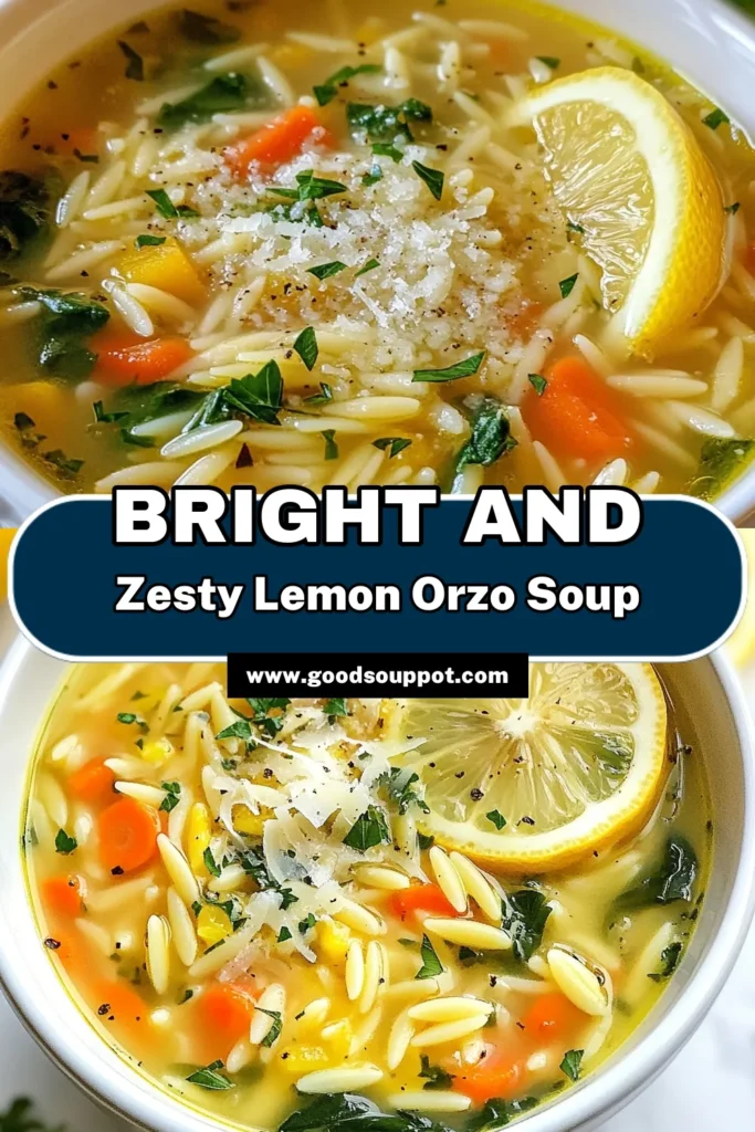 Looking for a fresh and vibrant dish? Try this delicious one pot lemon orzo soup! Packed with vegetables, it's a zesty lemon soup recipe that delivers both flavor and nutrition. This quick soup with orzo is perfect for busy weeknights, making it one of the best healthy soup recipes out there. Warm up with a bowl today! Save this vegetable orzo soup recipe for your next meal. #LemonOrzoSoup #HealthySoupRecipes #QuickSoupWithOrzo #ZestyLemonSoupRecipe