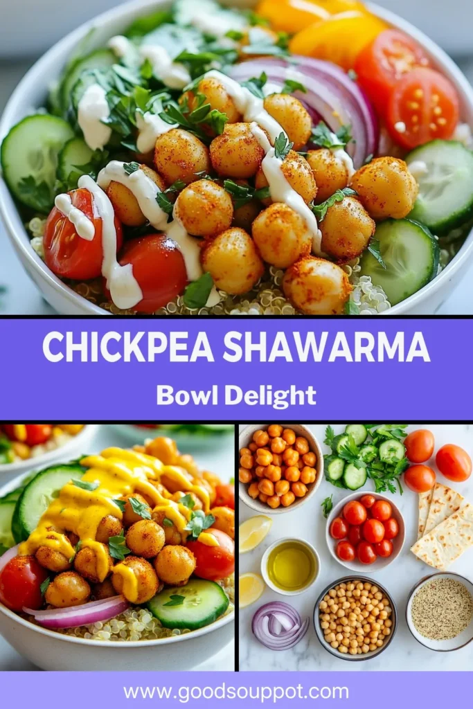 Discover the deliciousness of Chickpea Shawarma Bowls with this easy Vegan Shawarma Recipe! Packed with roasted chickpeas, fresh veggies, and a creamy tahini dressing, this Healthy Mediterranean Bowl is perfect for meal prep or a quick dinner. Serve it up with quinoa or couscous for a satisfying meal. Save this recipe for a nutritious twist on shawarma that everyone will love. Try it today! #ChickpeaShawarmaBowl #VeganRecipe #HealthyEating #MediterraneanFood