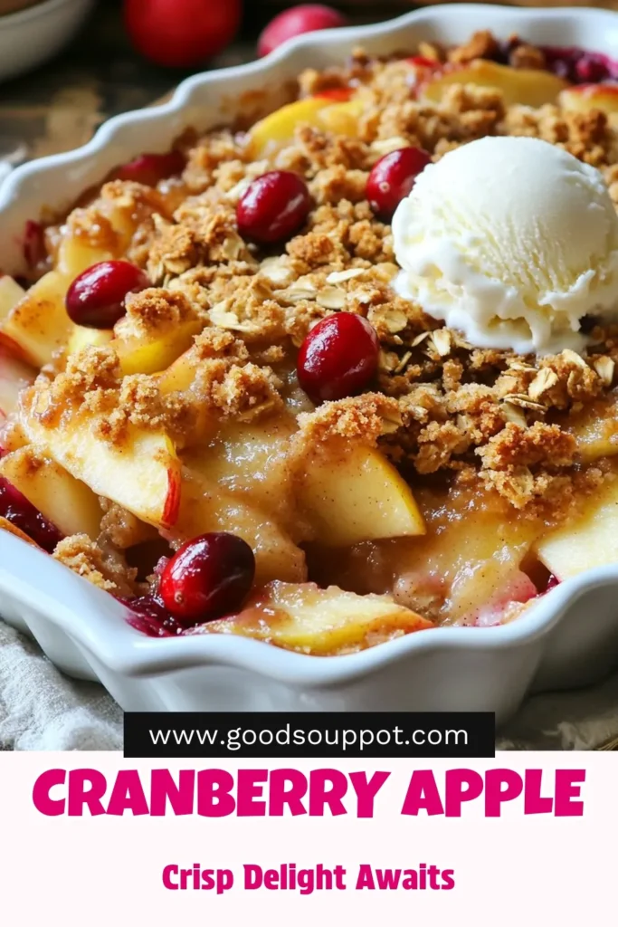 Indulge in this delicious and easy cranberry dessert with our Cranberry Apple Crisp recipe! Perfect for fall, this baked apple crisp combines tart cranberries and sweet apples for a healthy treat. It's simple to make and satisfying to share. Enjoy a warm serving topped with vanilla ice cream for an extra touch of sweetness. Save this easy recipe now to impress friends and family at your next gathering! #CranberryAppleCrisp #FallDessertRecipes #HealthyAppleCrisp #EasyCranberryDessert