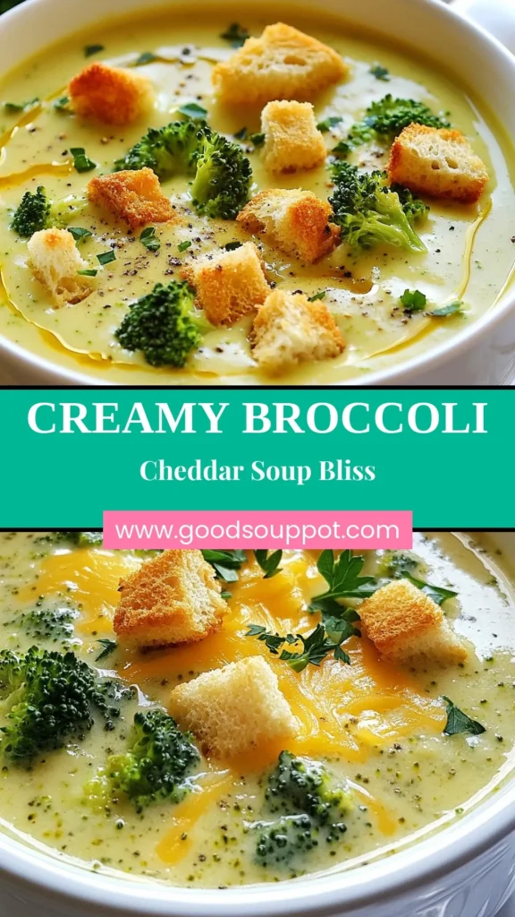 Indulge in this creamy broccoli cheddar soup that's a breeze to make and perfect for cozy nights! This velvety soup combines fresh broccoli and sharp cheddar, making it one of the best easy vegetarian recipes out there. Enjoy it as a healthy broccoli dish packed with flavor. Ready in just 30 minutes, this creamy broccoli soup is sure to become a family favorite. Save this recipe for your next meal! #BroccoliCheddarSoup #CreamyBroccoliSoup #EasyVegetarianRecipes #VelvetySoupRecipes
