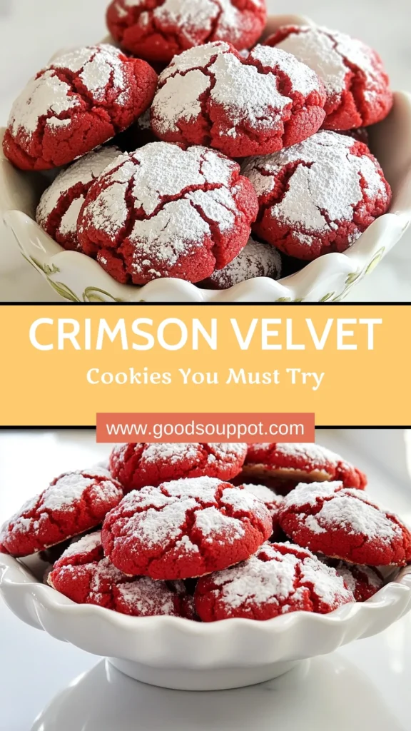 Indulge in the festive spirit with these delicious Crimson Velvet Crinkle Cookies! This easy red velvet cookies recipe blends rich cocoa with vibrant red for a stunning treat. Perfect for holiday gatherings or special occasions, they’re irresistible and fun to make. Wow your friends and family with this delightful chocolate crinkle cookies version that promises to elevate any dessert table. Save this recipe for your next baking adventure! #RedVelvetCookies #CrinkleCookiesRecipe #FestiveCookies #ChocolateCrinkleCookies